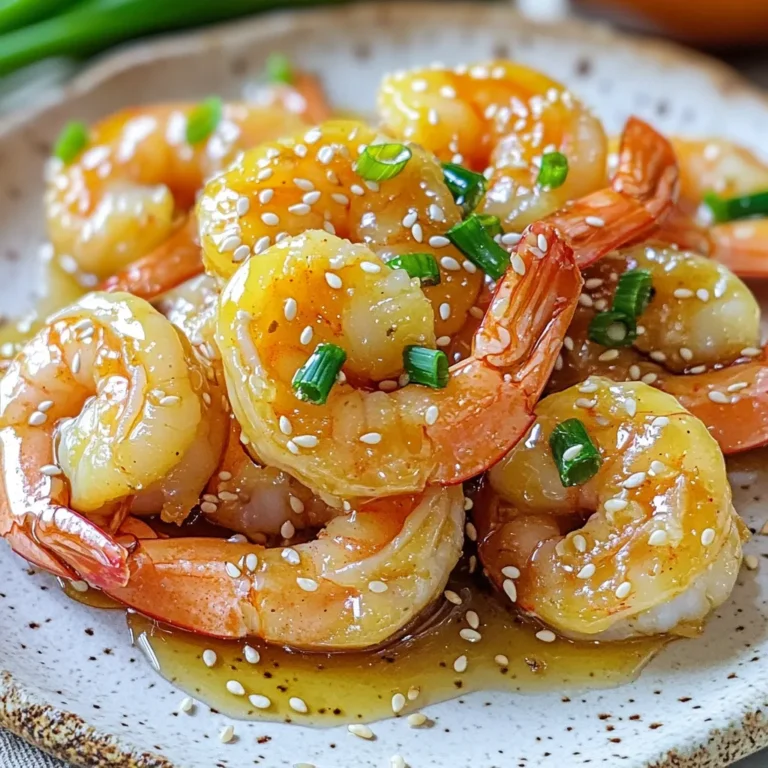 - 1 lb medium shrimp, peeled and deveined - 3 tablespoons honey - 3 cloves garlic, minced - 2 tablespoons soy sauce - 1 tablespoon olive oil - 1 teaspoon fresh ginger, grated - 1 tablespoon sesame seeds - 2 green onions, chopped - Salt and pepper to taste For this Minute Honey Garlic Shrimp, I keep it simple yet flavorful. The main ingredient, shrimp, is quick to cook and full of taste. They should be medium-sized, peeled, and deveined for the best texture. Honey adds a sweet touch that balances the savory soy sauce. Garlic brings a strong flavor, while olive oil helps everything cook nicely. I also love to add fresh ginger. It gives a warm and spicy note. Sesame seeds and green onions are great for finishing touches. They add a nice crunch and color to the dish. Don’t forget salt and pepper! They help bring out all the other flavors. This combination of ingredients makes the dish tasty and quick. Just gather everything, and you’re ready to cook! In a large bowl, combine 3 tablespoons of honey, 3 minced garlic cloves, 2 tablespoons of soy sauce, and 1 teaspoon of grated ginger. Whisk these ingredients together until they mix well. The honey brings sweetness, while garlic and ginger add flavor. This marinade gives the shrimp a tasty coat. Take 1 pound of peeled and deveined shrimp and toss it in the marinade. Make sure each shrimp is well coated. Let the shrimp sit in the marinade for 5 minutes. This short time lets the flavors soak in. It’s simple, but it makes a big difference. Heat 1 tablespoon of olive oil in a large skillet over medium-high heat. Once the oil is hot, add the marinated shrimp and all the marinade to the skillet. Cook the shrimp for 2-3 minutes on each side. You will know they are done when they turn pink and opaque. This quick cooking keeps the shrimp juicy and tender. To make the best honey garlic shrimp, you can tweak the marinade. Start with 3 tablespoons of honey and 2 tablespoons of soy sauce. If you love sweetness, add more honey. For a saltier taste, increase the soy sauce. This balance makes each bite pop with flavor. Cooking shrimp requires high heat. This quick sear makes the shrimp tasty and tender. Heat your skillet until it’s hot. Add the shrimp and cook for just 2-3 minutes on each side. Watch closely; overcooking makes shrimp rubbery. Perfect shrimp should look pink and opaque. When serving your honey garlic shrimp, think about sides. They pair well with rice or noodles. You could also serve them on a fresh salad for a light meal. Each option adds a nice touch to your dish and makes it more filling. Enjoy your meal! {{image_2}} You can add bell peppers or snap peas to your shrimp. These veggies bring a nice crunch. Just slice them up and toss them in with the shrimp. They will cook quickly and add color to your dish. It makes the meal more fun and healthy! If you like heat, try adding red pepper flakes or chili sauce. Just sprinkle in a little bit until it reaches your desired spice level. This will wake up your taste buds and give your shrimp a bold flavor. It’s a great way to change things up! You can switch shrimp for chicken or tofu if you want. Chicken cooks well and will soak up the honey garlic flavor. Tofu is a great plant-based option and absorbs the marinade nicely. Both choices make for a tasty meal that keeps the recipe fresh and exciting! Store any leftover shrimp in an airtight container. Place it in the fridge. The shrimp stays fresh for up to three days. This keeps flavors intact and prevents spoilage. You can freeze cooked shrimp for later. First, lay the shrimp in a single layer on a baking sheet. This helps them freeze evenly. Once they are frozen, transfer them to a freezer bag. Remove as much air as possible. Label the bag with the date, and it will last for up to three months. When it's time to eat again, reheat the shrimp in a skillet. Set the heat to medium. This method helps keep the shrimp's texture nice and tender. Stir gently for even heating. If you want, add a splash of water or broth to keep them moist. Marinate the shrimp for up to 30 minutes for best flavor. This lets the shrimp soak in all the tasty goodness of honey, garlic, and soy sauce. If you are in a hurry, even 5 minutes will help, but longer is better. Yes, you can use frozen shrimp! Just make sure they are thawed and drained well. This helps the marinade stick better and ensures even cooking. If you skip this step, the excess water can make your dish watery and less flavorful. The shrimp should be pink and opaque when they are done. A great way to check is to use a thermometer. Aim for a temperature of 120°F. This ensures they are perfectly cooked and safe to eat. Keep an eye on them while cooking; shrimp cook fast! This shrimp dish is quick and simple, using fresh ingredients for great flavor. You learned how to make a tasty marinade and cook shrimp to perfection. Don't forget to add your favorite sides or spices to make it your own. With these tips, you can create a meal that impresses everyone. Enjoy experimenting with variations or storing leftovers for later. Happy cooking!