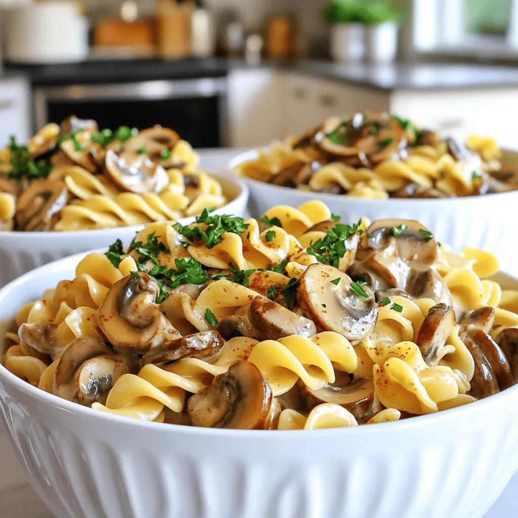 Mushrooms are the star of this dish. I prefer a mix of cremini and shiitake mushrooms. Cremini mushrooms have a rich, earthy flavor. Shiitake mushrooms add a nice depth and a bit of umami. Together, they create a lovely base for the stroganoff. For the broth, I use vegetable broth. It adds a great flavor without being too heavy. If you want a creamy touch, you can choose between heavy cream or coconut cream. Heavy cream gives a rich taste, while coconut cream is perfect for a dairy-free option. Soy sauce and Dijon mustard are key to this recipe. Soy sauce brings a salty depth to the dish. It helps balance the cream and broth perfectly. Dijon mustard adds a tangy kick, brightening the overall flavor. Both ingredients work together to create a delicious sauce. 1. Chopping onions and garlic: Start by finely chopping one medium onion. The smaller the pieces, the better the flavor blends. Next, take two cloves of garlic and mince them. This will give your dish a nice aroma. 2. Slicing mushrooms: Use three cups of mushrooms. A mix of cremini and shiitake works best. Slice them thinly to help them cook evenly. 3. Measuring pasta and other ingredients: Measure out two cups of egg noodles or your favorite pasta. Gather the rest of your ingredients: one cup of vegetable broth, one cup of heavy cream or coconut cream, two tablespoons of soy sauce, one tablespoon of Dijon mustard, and one teaspoon of paprika. Don’t forget salt and pepper to taste! 1. Heating olive oil and sautéing onions: In a large pot or deep skillet, heat two tablespoons of olive oil over medium heat. Once hot, add the chopped onions. Sauté for about three to four minutes. You want them to be soft and translucent. 2. Adding mushrooms and garlic: Stir in the minced garlic and sliced mushrooms. Cook for about five to seven minutes. The mushrooms should become tender and release their moisture, creating a lovely base. 3. Simmering broth and pasta: Pour in the vegetable broth and mix well. Let the mixture come to a gentle simmer. Once simmering, add the measured egg noodles. Stir everything together and let it cook according to the pasta’s package instructions, typically around eight to ten minutes. Stir occasionally to prevent sticking. 1. Mixing in cream and seasoning: After the noodles are cooked, reduce the heat to low. Pour in one cup of heavy cream or coconut cream. Stir well until everything is creamy and combined. 2. Adjusting sauce consistency: Season with salt and pepper to taste. If the sauce is too thick, add a little more broth or water to get your desired consistency. Let it sit for a minute to thicken slightly before serving. How to avoid overcooking pasta: To avoid mushy pasta, watch the clock. Cook the noodles just until al dente. This means they should still have a slight bite when you chew them. Stir them often in the pot. This helps keep them from sticking together. You can also taste a noodle a minute before the package time is up. This way, you catch the perfect texture. Ensuring creamy texture in the sauce: For a smooth, creamy sauce, add the cream slowly. Stir it in after the noodles are cooked. If the sauce is too thick, add a splash of broth or water. This will help loosen it up. Make sure you mix well to blend all the flavors together. The heavy cream or coconut cream adds richness, so don’t skip it! Best dishes to pair with mushroom stroganoff: Mushroom stroganoff is hearty and filling on its own. However, it pairs well with a simple side salad. A fresh green salad with vinaigrette balances the meal. You can also serve it with crusty bread. The bread is great for soaking up the creamy sauce. Garnishing ideas with parsley and paprika: To make your dish pop, garnish with chopped parsley. It adds a fresh taste and bright color. A sprinkle of paprika gives a nice warmth and contrast. Just a little sprinkle is all you need! Serve it in deep bowls for a cozy feel. This makes the dish look inviting and delicious. {{image_2}} You can easily adjust this dish to fit your needs. If you want a dairy-free option, try using coconut cream. It adds a nice, creamy texture without dairy. For those who are gluten-free, choose alternative pastas made from rice or corn. These options work well, and you still get that great taste. Want to boost the flavors? You can add protein to your stroganoff. Chicken, tofu, or beef all work great. Just cook them in the pot before adding the mushrooms. For extra flavor, think about adding more spices or herbs. Some fresh thyme or a pinch of cayenne can make it pop. Get creative and make it your own! To store your creamy mushroom stroganoff, first let it cool to room temperature. Transfer the stroganoff to an airtight container. Seal it well to keep out air. Place it in the fridge. Your stroganoff will stay fresh for about 3-4 days. If you want to store it for a longer time, you can freeze it. Use a freezer-safe container or a zip-top bag. Leave some space in the container to allow for expansion. This dish can last for up to 2-3 months in the freezer. When you are ready to enjoy your leftovers, it’s best to reheat them gently. You can use a stovetop or microwave. If you use the stovetop, place the stroganoff in a pot. Heat it over low to medium heat. Stir often to avoid sticking. If the sauce seems too thick, add a splash of broth or water to loosen it up. If you prefer the microwave, put the stroganoff in a microwave-safe bowl. Cover it with a microwave-safe lid or plate. Heat it in short bursts of 1-2 minutes, stirring in between. This helps keep the texture creamy and smooth. Enjoy your delicious meal again! Yes, you can use any pasta you like. Egg noodles work great, but feel free to try penne, fusilli, or gluten-free pasta. Each pasta type offers a different bite and flavor. To make this dish vegan, swap heavy cream for coconut cream. Use vegetable broth instead of any meat-based broth. Also, check that your soy sauce is gluten-free if needed. This keeps all the creaminess without dairy. You can use coconut cream for a dairy-free version. If you want a lighter option, try almond milk with a bit of cornstarch to thicken. Each option will change the taste slightly, but it will still be yummy. Leftovers will last for up to three days in the fridge. Store them in an airtight container to keep them fresh. When you reheat, stir in a splash of broth to revive the creaminess. This article covered a delicious mushroom stroganoff recipe. We explored key ingredients like cremini mushrooms, broth options, and soy sauce. I shared step-by-step cooking instructions, prepping tips, and ways to ensure a creamy sauce. We also discussed dietary variations and smart storage methods. In closing, this dish is versatile and easy to make. It suits many tastes and diets. Enjoy creating your own version and share with others!