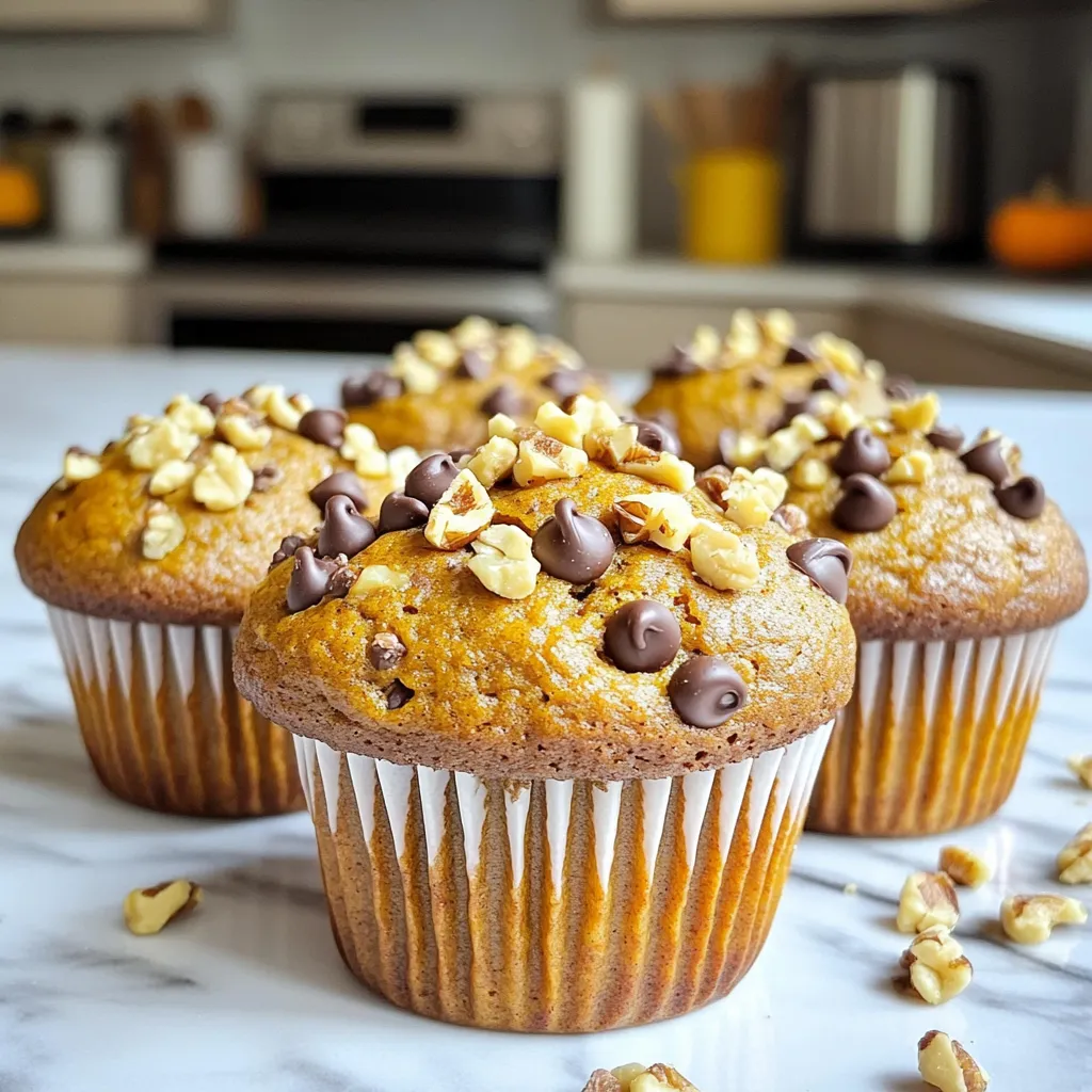 To make the Pumpkin Chocolate Chip Bakery Muffins, gather these ingredients: - 1 cup canned pumpkin puree - 1/2 cup unsweetened applesauce - 1/2 cup brown sugar, packed - 1/2 cup granulated sugar - 2 large eggs - 1 teaspoon vanilla extract - 1 1/2 cups all-purpose flour - 1 teaspoon baking soda - 1/2 teaspoon baking powder - 1 teaspoon ground cinnamon - 1/2 teaspoon ground nutmeg - 1/4 teaspoon ground ginger - 1/2 teaspoon salt - 1 cup semi-sweet chocolate chips - 1/2 cup chopped walnuts (optional) If you have dietary needs, here are some great swaps: - Use gluten-free flour for a gluten-free version. - Replace the eggs with flaxseed meal mixed with water for a vegan option. - Use maple syrup or coconut sugar instead of brown sugar if you want a natural sweetener. - Swap chocolate chips for dairy-free ones for a vegan-friendly treat. For the best flavor, choose quality pumpkin puree. I recommend: - Canned pumpkin puree from brands like Libby’s or Trader Joe’s. - Homemade puree from roasted sugar pumpkins for a fresh taste. - Make sure the can reads 100% pumpkin to avoid fillers and spices. These choices ensure your muffins will be rich, moist, and full of flavor! First, I preheat the oven to 350°F (175°C). This step is key to baking muffins that rise well. Next, I line the muffin tin with paper liners. This keeps the muffins from sticking. If you don’t have liners, I spray the tin with non-stick spray. Make sure to coat each cup well. This will help the muffins slide out easily. In a large bowl, I add the pumpkin puree, applesauce, brown sugar, granulated sugar, eggs, and vanilla extract. I mix these ingredients until they become smooth and creamy. The pumpkin and applesauce add moisture and flavor. The sugars bring sweetness that pairs well with the chocolate. I ensure everything blends well without lumps. In another bowl, I whisk together the flour, baking soda, baking powder, cinnamon, nutmeg, ginger, and salt. Each of these dry ingredients plays a role. The flour gives structure, while the spices bring warmth. Once mixed, I gradually add this dry mix to the wet ingredients. I stir gently to combine them, being careful not to overmix. This keeps the muffins light and fluffy. Finally, I fold in the chocolate chips and walnuts if I choose to use them. This adds a nice crunch and extra flavor. To make your muffins fluffy, don't overmix the batter. When you add dry ingredients to the wet mix, stir gently. You want to combine them just until you see no dry flour. Overmixing can make muffins dense. Also, be sure to measure your flour correctly. Too much flour leads to heavy muffins. Use the spoon and level method for best results. For the best flavor, I recommend using semi-sweet chocolate chips. They balance nicely with the pumpkin's sweetness. You can also try dark chocolate chips for a richer taste. If you're feeling adventurous, use white chocolate chips or even butterscotch chips. These can add fun flavors and textures to your muffins. To store muffins, keep them in an airtight container. They stay fresh for about three days at room temperature. For longer storage, you can freeze them. Wrap each muffin in plastic wrap, then place them in a freezer bag. When ready to eat, just pop them in the microwave for a few seconds or warm them in the oven. Enjoy your delicious muffins! {{image_2}} You can change your muffins by adding nuts or seeds. Try using pecans or almonds. They give a nice crunch. Sunflower seeds or chia seeds work well too. Each choice adds a unique taste and texture. Just make sure to chop the nuts small. Add about half a cup to the batter. This will keep your muffins delicious and fun! To make these muffins vegan, swap eggs for flax eggs. Mix one tablespoon of flaxseed meal with three tablespoons of water. Let it sit for five minutes to thicken. You can also replace the applesauce with more pumpkin puree. Use maple syrup instead of granulated sugar for a sweet touch. These swaps keep the muffins moist and tasty! If you want to change the flavor, adjust the spices. Try adding a pinch of allspice or cloves for warmth. You can also add a bit more cinnamon for a stronger taste. If you love heat, add a dash of cayenne pepper. Each spice change will give your muffins a new twist. Experiment to find your perfect blend! After baking, let the muffins cool. Place them in an airtight container. This keeps them fresh and soft. You can also use a zip-top bag. Just make sure to remove as much air as you can. Store them at room temperature for up to three days. If you want to keep them longer, consider freezing. To freeze your muffins, wrap each one in plastic wrap. Then, place them in a freezer-safe bag. This helps prevent freezer burn. You can store them for up to three months. When you're ready to eat, thaw them in the fridge overnight. You can also microwave them for about 30 seconds to warm them up. These pumpkin chocolate chip muffins are best enjoyed fresh. At room temperature, they last about three days. If you store them in the fridge, they can last up to a week. However, the muffins may dry out a bit. Freezing is your best option for longer storage. Always check for any signs of spoilage before eating. Yes, you can use fresh pumpkin. First, you need to cook and puree it. Cut a pumpkin into pieces, remove the seeds, and roast it until soft. Then, blend it until smooth. Fresh pumpkin has a great flavor, but it may add more moisture. You might need to adjust the flour a bit. Check the muffins at 18 minutes. Insert a toothpick into the center. If it comes out clean, the muffins are ready. If there is batter on the toothpick, bake for another minute or two. The tops should be golden brown and spring back when touched. These muffins pair well with many things. Try serving them with cream cheese spread or butter for extra flavor. A warm cup of coffee or tea makes a nice drink. You can also enjoy them with yogurt or fresh fruit on the side. You now have the details to make delicious pumpkin chocolate chip muffins. We covered the key ingredients and how to choose the best options. You learned how to prep your tin and mix your batter for fluffy results. Remember the tips for adding nuts or making these muffins vegan. Store any extras wisely to keep them fresh. These muffins are a great treat for any time. Let your creativity shine with flavors and choices. Enjoy baking and sharing these treats!