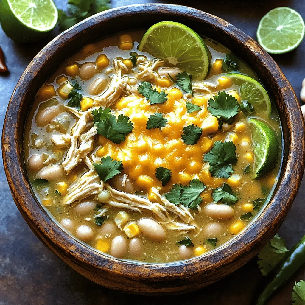 The ingredients for Slow Cooker White Chicken Chili are simple and fresh. Here’s what you need: - 2 pounds boneless, skinless chicken breasts - 1 medium onion, diced - 3 cloves garlic, minced - 2 cans (15 oz) white beans, drained and rinsed - 1 can (14 oz) diced green chilies - 1 cup corn (frozen or canned) - 4 cups low-sodium chicken broth - 1 teaspoon ground cumin - 1 teaspoon chili powder - ½ teaspoon smoked paprika - Salt and pepper to taste - 1 lime, juiced - Fresh cilantro, for garnish - Optional: 1 cup shredded Monterey Jack cheese These ingredients blend well to create a rich and hearty chili. Each item plays a key role. The chicken gives protein and texture. The onion and garlic add depth of flavor. The white beans provide creaminess and heartiness. The green chilies and corn add a mild heat and a nice crunch. Using low-sodium chicken broth helps control salt levels while still giving a full flavor. The spices truly elevate this dish. Cumin adds warmth, while chili powder and smoked paprika bring a nice balance. Finally, a splash of lime juice brightens everything up. Fresh cilantro at the end adds a fresh touch. If you like cheese, the Monterey Jack is a great choice to sprinkle on top for added creaminess. Gather these ingredients, and you're ready to make a comforting bowl of chili. - Seasoning the chicken Start by taking the chicken breasts. Rub them with salt, pepper, cumin, chili powder, and smoked paprika. Make sure every piece is coated evenly. This seasoning gives a great flavor base for the chili. - Layering ingredients in the slow cooker Place the seasoned chicken at the bottom of the slow cooker. Next, add the diced onion, minced garlic, drained white beans, diced green chilies, and corn. Keep layering these ingredients to build a hearty mix. - Pouring in the broth Now, pour the low-sodium chicken broth over everything. This broth will blend the flavors as it cooks and keep the chicken moist. - Setting the slow cooker Cover the slow cooker with its lid. Set it to low for 6-8 hours or high for 4 hours. Cooking it low and slow helps the flavors to deepen and the chicken to become tender. - Shredding the chicken and final adjustments About 30 minutes before serving, remove the chicken. Use two forks to shred it right in the slow cooker. Stir everything well to mix in the chicken. Squeeze in the lime juice and taste. Adjust the seasoning with more salt and pepper if needed. - Garnishing options Serve the chili hot. Top each bowl with fresh cilantro for a bright touch. If you like, sprinkle shredded Monterey Jack cheese on top for added creaminess. - Pairing with sides or toppings This chili pairs well with warm tortillas or cornbread. For a fun twist, add avocado slices or jalapeños for extra flavor. - Ensuring proper seasoning: Start by seasoning the chicken well. Use salt, pepper, cumin, chili powder, and smoked paprika. This step is key for a flavorful base. Taste and adjust the flavors when you shred the chicken. You want every bite to burst with flavor. - Cooking time variations: Cooking times may vary depending on your slow cooker. For a low setting, aim for 6-8 hours. If you're short on time, the high setting works in 4 hours. Always check the chicken. It should be tender and easy to shred. - Customizing garnishes: Fresh cilantro adds a bright touch. You can also top with shredded Monterey Jack cheese for creaminess. Other options include avocado slices, sour cream, or jalapeños for a kick. Let your guests pick what they like. - Storing leftovers: Store any extra chili in an airtight container. It keeps well in the fridge for up to 4 days. If you want to freeze it, use freezer-safe bags. Just remember to leave some space for expansion. - Adding additional spices: Want to spice things up? Try adding more chili powder or a pinch of cayenne. You can also add ground coriander for a fresh twist. Don’t be shy to experiment with your spice cabinet! - Alternative garnishes and toppings: Consider crushed tortilla chips for crunch. Lime wedges brighten the dish. You can also use diced red onions or green onions for extra flavor. Mix and match to find your favorite combination. {{image_2}} You can switch up the protein in your chili. If you prefer turkey, use ground turkey instead of chicken. For a plant-based option, try tofu. Just make sure to press it first to remove extra water. When it comes to beans, feel free to get creative. Black beans or pinto beans work well in this chili. They add a nice texture and flavor. Experiment to find what you like best. If you need gluten-free options, this recipe is already perfect. All the ingredients are gluten-free as they are. Just check the labels on canned items like broth and beans. For dairy-free versions, skip the Monterey Jack cheese. You can use a dairy-free cheese or avocado for creaminess. Coconut milk can also add a rich flavor and texture. Do you like it mild or spicy? For a mild version, skip the chili powder and green chilies. You can also add more corn for sweetness. If you want heat, consider adding jalapeños or crushed red pepper flakes. You can toss in some hot sauce just before serving for an extra kick. Adjust the spices according to your taste, and enjoy! To store leftovers, place the chili in an airtight container. Make sure to let it cool first. This keeps it fresh and safe to eat later. In the refrigerator, your chili lasts about 3 to 4 days. Always check for any off smells or changes in color before eating it again. Freezing is a great option to save your chili for later. To freeze, let it cool completely. Then, divide it into portions and place them in freezer-safe bags or containers. Remove as much air as you can to avoid freezer burn. When you're ready to enjoy it again, thaw it in the fridge overnight. You can reheat it on the stove or in the microwave until it's hot. Use glass or BPA-free plastic containers for storage. They keep flavors fresh and make it easy to see what's inside. Avoid using metal containers, as they can react with the food. To prevent freezer burn, seal tightly and label with the date. This way, you know how long it has been stored. Can I cook this chili on a stovetop? Yes, you can. Just use a large pot. Cook on medium heat for about 30 minutes. Stir often to prevent sticking. How long does Slow Cooker White Chicken Chili last in the fridge? It lasts up to four days in the fridge. Make sure to store it in a sealed container. Can I use frozen chicken for this recipe? Yes, you can use frozen chicken. Just make sure to cook it longer. It should cook for 8-10 hours on low. Caloric content per serving Each serving has about 300 calories. This can vary based on added toppings. Key nutritional benefits of ingredients - Chicken provides lean protein. - Beans add fiber and nutrients. - Corn offers vitamins and minerals. - Spices boost flavor without calories. How many does this recipe serve? This recipe serves 6 to 8 people. Perfect for a family meal or gathering. Can it be scaled for larger servings? Yes, you can easily double the recipe. Just use a larger slow cooker. Adjust cooking time as needed. This blog post shared a tasty recipe for Slow Cooker White Chicken Chili, guiding you through each step. You learned about the key ingredients, cooking methods, and ways to customize for your taste. Don't forget, experimenting with spices or swapping ingredients can make this dish your own. Storing leftovers properly ensures you enjoy this meal longer. Now, get cooking and enjoy a warm bowl of chili filled with flavor and comfort.