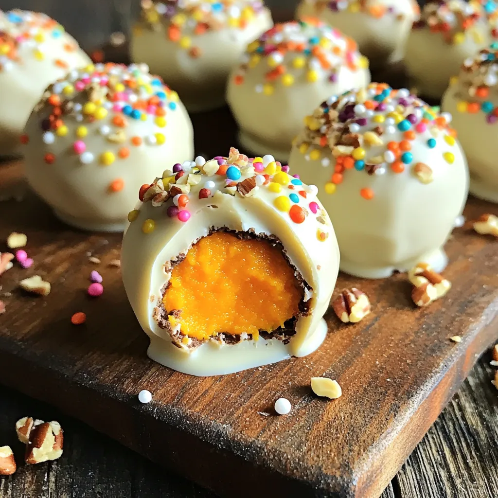 - 1 cup pumpkin puree - 1 package (15.25 oz) Oreo cookies, crushed - 8 oz cream cheese, softened - 1 teaspoon pumpkin pie spice - 1 cup white chocolate chips - 1 tablespoon coconut oil - Optional: Crushed nuts or sprinkles for topping The key to these No-Bake Pumpkin Oreo Truffles is balance. You want the right mix of flavors and textures. First, you need pumpkin puree. This ingredient adds a rich and creamy base. It gives the truffles that lovely fall taste. Next, we have Oreo cookies. These cookies bring a sweet crunch. Their chocolate flavor pairs well with pumpkin. Crush them finely for the best texture. You should use a package that weighs 15.25 ounces. Cream cheese is next on the list. It adds creaminess and helps bind the mixture. Make sure it's softened for easy mixing. This helps create that smooth filling we want. Then, we add pumpkin pie spice. Just one teaspoon is enough to give that warm, cozy flavor. This spice mix is key to making the truffles feel like fall. Now, white chocolate chips come into play. You will need one cup. They add sweetness and a delicious coating. Finally, we use coconut oil. One tablespoon helps the chocolate melt smoothly. If you want to make your truffles even more fun, consider optional toppings. Crushed nuts or sprinkles add a nice touch. They make the truffles look festive and appealing. With these ingredients, you can create a delightful treat. Each bite will be a mix of sweet, spicy, and creamy. To start, you need to combine the main ingredients for the filling. In a large bowl, mix 1 cup of pumpkin puree, 15.25 oz of crushed Oreo cookies, 8 oz of softened cream cheese, and 1 teaspoon of pumpkin pie spice. Stir until everything blends well and forms a sticky dough. Next, it's time to roll the mixture into balls. Use your hands to scoop out about 1 inch of the dough. Roll it gently into a ball shape. Place each ball on a lined baking sheet. Once you finish rolling all the mixture, put the baking sheet in the fridge. Let them chill for about 30 minutes to firm up. While the truffles chill, you can prepare the coating. Melt 1 cup of white chocolate chips mixed with 1 tablespoon of coconut oil. Use a microwave-safe bowl for this. Heat the chocolate in 30-second bursts. Stir in between until the mixture is smooth and fully melted. Once the truffles are chilled, take them out of the refrigerator. Dip each chilled truffle into the melted white chocolate. Make sure each truffle is evenly coated. After dipping, place them back onto the baking sheet. If you want to add some flair, sprinkle crushed nuts or colorful sprinkles on top of the coated truffles right away. This adds a fun touch and makes them even more appealing. Allow the truffles to sit at room temperature for about 10 minutes. This lets the coating set nicely. Store your truffles in an airtight container in the fridge. They will stay fresh until you are ready to serve them. Enjoy your delightful fall treat! To make perfect truffles, you need the right consistency. Mix the pumpkin puree, crushed Oreo cookies, cream cheese, and pumpkin pie spice well. The mix should be sticky but not too wet. If it feels too soft, add more crushed cookies. Rolling the mixture into balls can be a bit tricky. To make it easy, wet your hands with water. This stops the dough from sticking. Roll each ball to about one inch in size. Place them on a lined baking sheet to chill. Melting white chocolate can be a challenge. To avoid clumping, use a microwave-safe bowl. Heat the chocolate and coconut oil in short bursts. Heat for 30 seconds, then stir. Repeat until the chocolate is smooth. For a smooth coating, ensure the truffles are cold when you dip them. This helps the chocolate set quickly and evenly. You can get creative with coating options. Consider using crushed nuts or colorful sprinkles for a fun look. You can also drizzle melted chocolate on top for a fancy touch. When serving, arrange the truffles on a nice plate. They make a great treat for parties. Place them in a cute box for gifts. Enjoy sharing these delightful bites! {{image_2}} You can change the taste of these truffles in fun ways. Try adding extra spices like cinnamon or nutmeg. Just a pinch can make a big difference. You can also use different chocolate coatings. Dark chocolate gives a nice twist. Milk chocolate can add sweetness. Both options work well with the pumpkin flavor. If you need gluten-free truffles, choose gluten-free Oreo cookies. Many brands offer a great taste. For a vegan version, swap the cream cheese for a plant-based cream cheese. Use dairy-free chocolate chips instead of white chocolate. Both changes keep the flavor while meeting dietary needs. Get creative with toppings! Instead of nuts, try using crushed pretzels for a salty crunch. You can also add colorful sprinkles for a festive look. Coconut flakes work well too. They add texture and a tropical taste. These small changes can make your truffles unique and fun! To keep your No-Bake Pumpkin Oreo Truffles fresh, use airtight containers. This helps to lock in moisture and flavor. Always store the truffles in the refrigerator. The cool temperature keeps them firm and tasty. You can freeze these truffles for later. To do this, place them on a baking sheet and freeze until solid. Once frozen, transfer them to a freezer-safe bag or container. This way, you can enjoy them later! When you're ready to serve, thaw them in the fridge. This method helps maintain their texture and taste. These truffles last about one week in the fridge. If you freeze them, they can last up to three months. Just remember to store them properly to keep them delicious! Yes, you can! Try using any chocolate sandwich cookie. Brands like Hydrox work well too. If you want a twist, use graham crackers for a different taste. No problem! You can mix your own. Use cinnamon, nutmeg, and ginger. A dash of allspice adds a nice touch. Combine these spices to match your taste. Absolutely! You can make these truffles up to two days in advance. Just store them in an airtight container in the fridge. They taste great chilled! In this post, I covered how to make yummy pumpkin truffles using five key ingredients. We discussed preparation steps, coating methods, and tips for perfect results. You can easily customize your truffles with different flavors and creative toppings. Storing them correctly will help keep them fresh. These truffles are fun to make and share. Enjoy impressing your friends and family with your tasty treats! Happy truffle making!