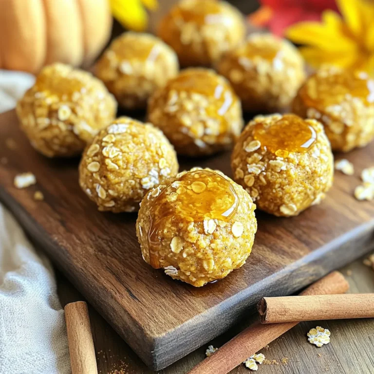 - 1 cup rolled oats - ½ cup almond butter (or peanut butter) - ¼ cup pumpkin puree - ¼ cup maple syrup - 1 teaspoon vanilla extract - 1 teaspoon ground cinnamon - ½ teaspoon nutmeg - ¼ teaspoon ginger powder - 1 cup graham cracker crumbs - Pinch of sea salt These ingredients come together to create a tasty treat. Each one adds flavor and nutrition. The rolled oats give a chewy base. Almond butter or peanut butter provides healthy fats. Pumpkin puree adds moisture and a touch of sweetness. Maple syrup sweetens the bites naturally. Spices like cinnamon, nutmeg, and ginger add warmth and depth. They make the bites feel like fall in every bite. The graham cracker crumbs add a nice crunch and help bind everything. Lastly, a pinch of sea salt balances the flavors. - Calories per serving: About 90 calories - Macronutrient breakdown: Each bite has roughly 4g protein, 5g fat, and 10g carbs. - Health benefits of key ingredients: - Rolled oats: Good for heart health and digestion. - Pumpkin puree: High in vitamins A and C, great for vision and skin. - Almond butter: Packed with protein and healthy fats, helps keep you full. - Maple syrup: Contains antioxidants and can boost energy. These bites are not just tasty but also healthy. They provide energy and nutrients for a busy day. First, gather all your ingredients. Combine rolled oats, almond butter, pumpkin puree, maple syrup, and vanilla extract in a large bowl. Stir them together until they mix well. It is best to use ingredients at room temperature. Warm almond butter blends more easily. Next, add the ground cinnamon, nutmeg, ginger powder, and a pinch of sea salt. Mix thoroughly to spread the spices evenly. This step boosts the flavor. After that, fold in the graham cracker crumbs slowly. If the mix feels too soft, add more crumbs. Adjusting the texture is key for shaping. Now it’s time to shape your bites! Use your hands to form small balls, about one inch wide. This is a fun step; the bites can be any size you like. Place them on a parchment-lined baking sheet. Make sure they have space between them. This helps them keep their shape while they chill. To make your energy bites even better, think about adding spices. You can try allspice or cloves for warmth. A bit of cocoa powder also adds a rich taste. Mixing these spices can boost the flavor and make your bites unique. Each spice has its own perks. For example, cinnamon can help with blood sugar control, while nutmeg adds a lovely aroma. Firm bites hold up well and taste great. If your mixture feels too wet, add more graham cracker crumbs. You can also try using protein powder or ground nuts as a binding agent. These options help create a good texture. If you want a softer bite, use less of the crumbs. Finding the right balance is key to your perfect energy bite. You can get creative with how you serve your bites. Try pairing them with yogurt or a drizzle of chocolate for a fun twist. Setting them on a nice plate can make them look fancy. You can even stack them high for an eye-catching display. Adding a sprinkle of cinnamon or nuts on top can make them even more appealing. {{image_2}} You can switch nut butters for different tastes. Try peanut butter if you want a bolder flavor. Sunflower seed butter works well for nut-free bites. For sweeteners, use honey or agave syrup if you prefer. You can also reduce the maple syrup for less sweetness. Just remember to adjust the other wet ingredients. Add chocolate chips for a rich, sweet touch. Dark chocolate pairs nicely with pumpkin flavors. You can also mix in chopped nuts, like pecans or walnuts, for a nice crunch. Seasonally, consider adding dried cranberries or raisins for a fruity twist. This adds a pop of color and flavor, perfect for fall or winter treats. If you need gluten-free options, ensure you use gluten-free oats and graham crackers. Many brands offer these types, so check labels carefully. For vegan substitutions, swap out the honey for maple syrup. Use a nut butter that fits your diet. This makes the bites tasty for everyone. To keep your No-Bake Pumpkin Cheesecake Energy Bites fresh, use airtight containers. Glass jars work well, but plastic containers are fine too. Make sure the lid seals tightly. This keeps moisture out and flavors in. Store the bites in the fridge. They stay good for up to one week. To freeze, place the energy bites in a single layer on a baking sheet. Make sure they don’t touch each other. Freeze them for about two hours until firm. Then, transfer the bites to a freezer-safe bag or container. This helps save space and keeps them fresh for longer. To thaw, take out only what you need. Leave them in the fridge for a few hours or overnight. You can also let them sit at room temperature for about 30 minutes. Once thawed, they are ready to enjoy! No-Bake Pumpkin Cheesecake Energy Bites last about one week in the fridge. Store them in an airtight container to keep them fresh. They may get softer over time, but they still taste great! For longer storage, you can freeze them. Yes, you can use other nut butters. Peanut butter works well and gives a nice flavor. Sunflower seed butter is another option for a nut-free choice. Just remember, the taste may change slightly based on what you use. Yes, these energy bites are healthy! They contain oats, which provide fiber. Pumpkin puree adds vitamins and minerals. Nut butter gives healthy fats and protein. These bites make a great snack that fuels your body. Absolutely! You can make these energy bites ahead of time. Prepare them and chill in the fridge. They stay fresh for a week, so you can enjoy them throughout the week. Meal prep makes snacking easy! You can customize the recipe in many ways! Try adding chocolate chips for sweetness. Nuts or seeds can add crunch. Experiment with different spices like allspice or cloves. The options are endless, so have fun! These No-Bake Pumpkin Cheesecake Energy Bites are simple and tasty. You learned about the ingredients, their health benefits, and how to mix them properly. I shared tips for flavor and storage, plus ways to make them your own. Overall, this recipe is for everyone. You can enjoy it anytime, and it is easy to make. Try these bites and share them with friends. They will love them as much as you do!