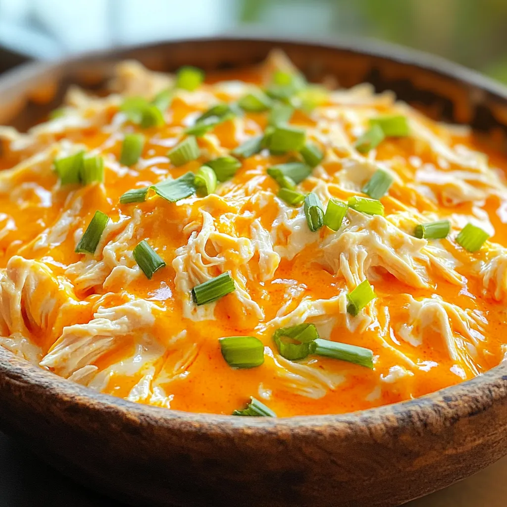 - 2 cups cooked shredded chicken - 8 oz cream cheese, softened - 1 cup sharp cheddar cheese, shredded - 1/2 cup buffalo sauce - 1/2 cup ranch dressing - 1/4 cup green onions, sliced - Salt and pepper to taste In this dip, I use cooked shredded chicken. You can buy rotisserie chicken for ease. The cream cheese makes the dip creamy. It blends nicely with buffalo sauce and ranch dressing. I like to use sharp cheddar cheese for a strong taste. You can adjust the buffalo sauce to make it milder or spicier. Green onions add a fresh crunch. Salt and pepper help enhance all the flavors. - Extra green onions - Additional shredded cheese When serving, I like to add more green onions on top. They look great and taste fresh. You can also sprinkle more cheddar cheese on top. It adds a nice touch and extra flavor. These garnishes make the dip look appealing. You want to impress your guests, right? First, grab a large mixing bowl. Add 8 ounces of softened cream cheese. Then, pour in 1/2 cup of buffalo sauce. Next, add 1/2 cup of ranch dressing. Mix these ingredients well. You want a smooth and creamy base. This is the heart of your dip. Now it’s time to add more flavor. Take 2 cups of cooked, shredded chicken and fold it into the mixture. Be gentle so you keep the chicken pieces intact. Then, add 1 cup of shredded sharp cheddar cheese. Mix until everything is coated evenly. Season with salt and pepper to your taste. Transfer the mixture to your slow cooker. Spread it evenly. Top it with the remaining 1/4 cup of cheddar cheese. Cover the slow cooker. Set it to low for 2-3 hours or high for 1-2 hours. You want it hot and bubbly. Once cooked, stir to combine. Sprinkle with extra green onions before serving. Enjoy with chips or veggies! To change the heat of your dip, adjust the buffalo sauce. For a milder flavor, use less sauce. Start with 1/4 cup if you want it less spicy. For a stronger kick, add more sauce. You can also try different brands. Some brands are hotter than others. Always taste as you go to find your perfect balance. A smooth dip is key for a great experience. To achieve this, make sure the cream cheese is very soft. This helps it mix well with the other ingredients. You can also blend the mixture in a food processor. This will create a creamier texture. After cooking, if it looks thick, stir in a little ranch dressing or buffalo sauce. This will help it smooth out. Prevent burning and overcooking by following a few simple tips. Always cook on low heat for longer periods. This helps everything meld together without drying out. Make sure to stir the dip halfway through cooking. This helps distribute the heat evenly. If your slow cooker runs hot, check it often. You want the dip to be bubbly but not burnt. {{image_2}} If you want to switch things up, try different dressings. You can use blue cheese dressing instead of ranch. This change adds a nice tangy flavor. For the buffalo sauce, you can try a milder hot sauce. This way, you control the heat. Some people like barbecue sauce for a sweeter dip. While sharp cheddar is great, you can mix it up with other cheeses. Pepper jack adds spice and creaminess. Creamy mozzarella gives a stretchy, gooey dip. You can even use a mix of cheeses. This will give your dip more depth and taste. Want to make your dip even better? Try adding jalapeños for a spicy kick. Chopped green chiles add a nice flavor too. You can mix in crumbled blue cheese for a bold taste. Shredded carrots or celery can give crunch and color. Each add-in makes the dip unique and fun! To keep your Buffalo chicken dip fresh, store it in an airtight container. Let it cool to room temp before sealing. Place it in the fridge for up to four days. If you think you will eat it later, divide it into smaller portions. This way, you can enjoy a quick snack anytime. To heat up your dip, use the microwave or slow cooker. If using the microwave, put it in a bowl. Heat it in short bursts of 30 seconds. Stir after each round until it’s warm. If you prefer the slow cooker, set it on low and stir it occasionally. This keeps the texture creamy and delicious. You can freeze Buffalo chicken dip for later use. To do this, let it cool completely. Transfer it to a freezer-safe container. Make sure to leave some space for expansion. When you’re ready to eat it, thaw it in the fridge overnight. Reheat it gently to bring back the creamy texture. You can use raw chicken, but it will change your cooking time. Place the raw chicken in the slow cooker with the other ingredients. The chicken will cook as the dip heats. Make sure to cook on high for about 4 hours or low for about 6 hours. Always check that the chicken reaches 165°F to be safe. Cooking times depend on the setting. If you use low heat, it takes about 2 to 3 hours. On high heat, it cooks in 1 to 2 hours. The dip is ready when the cheese melts and the dip is hot. Stir the dip after cooking for a smooth texture. Buffalo chicken dip pairs well with many dippers. Here are some great options: - Tortilla chips - Celery sticks - Carrot sticks - Crusty bread - Pita chips You can even serve it with sliced veggies for a healthy twist. Enjoy! Buffalo chicken dip is easy to make with simple ingredients like chicken and cheese. You mix key items, heat them, and enjoy. I shared tips to tailor spice levels and suggested some fun variations. Proper storage keeps leftovers tasty for later. Now it's time to gather your ingredients and try this dip! You'll impress friends and family with your cooking skills. Enjoy every creamy, spicy bite!