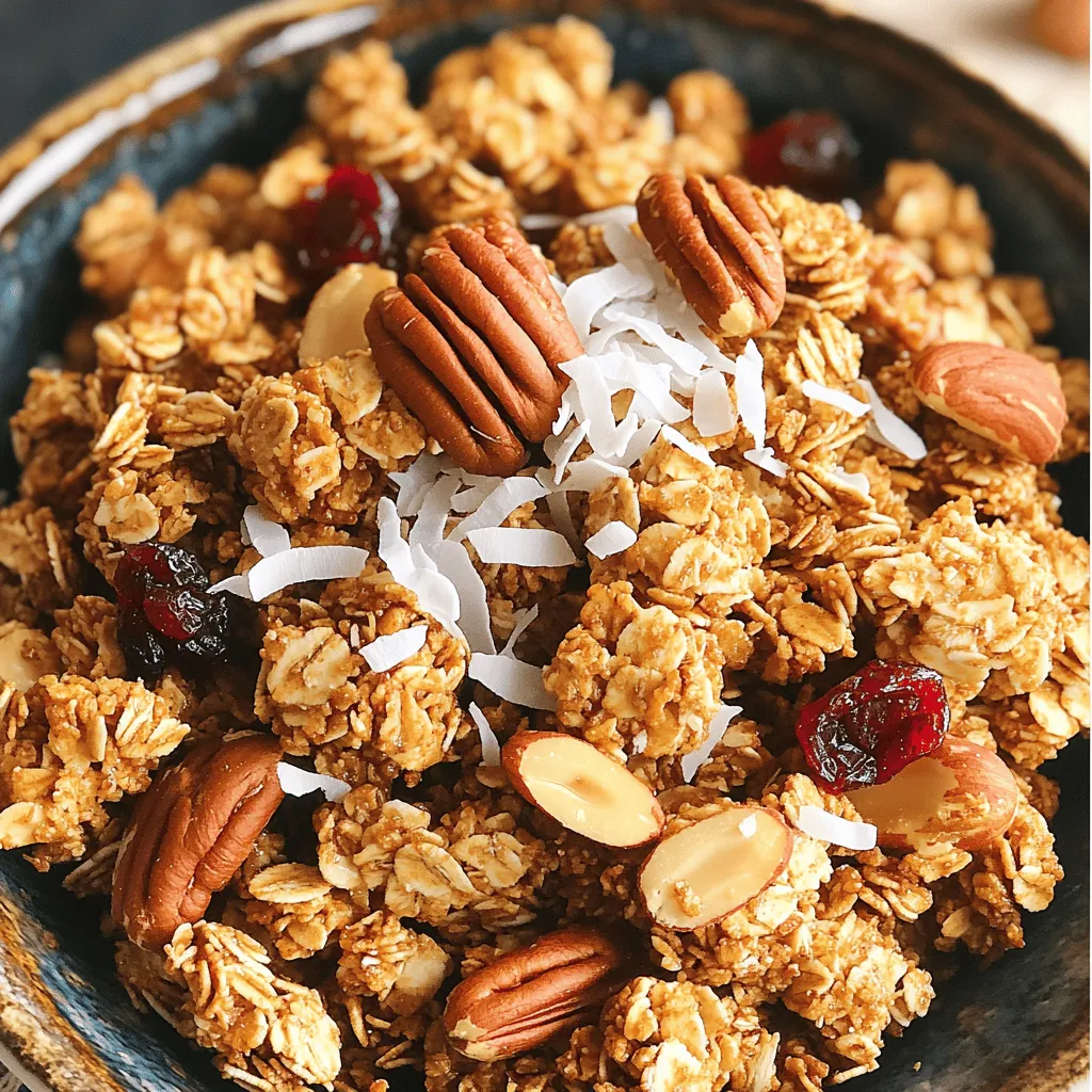 To make Maple Pecan Granola Clusters, you need a few simple ingredients. Here they are: - 2 cups old-fashioned rolled oats - 1 cup pecans, roughly chopped - 1/2 cup sliced almonds - 1/2 cup unsweetened shredded coconut - 1/4 cup maple syrup - 1/4 cup coconut oil, melted - 1/2 teaspoon vanilla extract - 1/2 teaspoon cinnamon - 1/4 teaspoon salt - 1/2 cup dried cranberries or raisins (optional) These ingredients work together to create a crunchy and tasty snack. The oats provide a hearty base, while the nuts add crunch and flavor. Maple syrup gives sweetness, and coconut adds a tropical touch. You can mix in dried fruit if you like. Each ingredient plays an important role in making this granola a delightful treat. 1. Preheating the Oven Start by setting your oven to 350°F (175°C). This step is key to getting that perfect crunch. 2. Preparing the Baking Sheet Line a baking sheet with parchment paper. This helps prevent sticking and makes cleanup easy. 1. Combining Oats and Nuts In a large bowl, mix 2 cups of old-fashioned rolled oats, 1 cup of chopped pecans, and 1/2 cup of sliced almonds. This mix forms the base of your granola. 2. Adding Coconut, Cinnamon, and Salt Next, add 1/2 cup of unsweetened shredded coconut, 1/2 teaspoon of cinnamon, and 1/4 teaspoon of salt. Stir well to combine all the dry ingredients evenly. 1. Whisking Together Maple Syrup and Coconut Oil In another bowl, whisk together 1/4 cup of maple syrup and 1/4 cup of melted coconut oil. This mixture adds sweetness and helps bind the granola. 2. Infusing with Vanilla Extract Add 1/2 teaspoon of vanilla extract to the wet mix. This step enhances the flavor and aroma of your granola. 1. Pouring Wet into Dry Now, pour the wet mixture over the dry ingredients. This step is crucial for flavor distribution. 2. Ensuring Even Coating Stir everything together until all the dry ingredients are well coated. This ensures every bite has great flavor. 1. Spreading Mixture on Baking Sheet Spread the granola mixture onto the lined baking sheet. Press it down into a compact layer for even baking. 2. Baking Time and Stirring Guidelines Bake for 20-25 minutes until the edges turn golden brown. Stir the granola halfway through for even cooking. 1. Importance of Cooling for Crunchiness After baking, remove the sheet and let the granola cool completely. Cooling helps it become crunchy. 2. Breaking into Clusters Once cool, break the granola into clusters. If you want, mix in 1/2 cup of dried cranberries or raisins for added flavor. Choosing the right ingredients makes a big difference in flavor. Organic ingredients are often fresher. They also have fewer chemicals. This means a better taste and health benefits. Fresh nuts and oats bring out the best in your granola. Try to buy your oats whole and your nuts from a trusted source. This ensures they are crunchy and full of flavor. To make great granola clusters, you must press the mixture firmly. When you press down, you help the ingredients stick together. This creates those tasty clusters we all love. For even crispness, use the right baking techniques. Spread the mixture evenly on the baking sheet. Stir halfway through baking to avoid burning. This ensures every bite is crunchy and golden. Feel free to customize your granola. You can add different nuts, seeds, or dried fruits. Optional add-ins like chocolate chips also work well. Adjust the sweetness by adding more maple syrup or honey. If you like spice, try adding extra cinnamon or nutmeg. This way, you can create a flavor that fits your taste. {{image_2}} You can make a nut-free version of these granola clusters. Simply swap the pecans and almonds for seeds. Use sunflower seeds or pumpkin seeds. They add great crunch and nutrition! To keep it crunchy, adjust the baking time. Make sure to stir often. This helps every piece get golden. Want a chocolate twist? Add cocoa powder to your mix! Start with two tablespoons. It gives a rich taste that you will love. You can also play with spices. Try adding nutmeg for a warm flavor. Just a pinch goes a long way! If you follow a vegan diet, use maple syrup and coconut oil as your sweetener. They fit perfectly in this recipe. For a gluten-free option, check your oats. Make sure they are marked gluten-free. This way, everyone can enjoy these tasty snacks! - Ideal Container Options: Use an airtight container. Glass jars work well. They keep the granola fresh. You can also use plastic containers with tight lids. Avoid using paper bags, as they let air in. - Important Storage Conditions: Store your granola clusters in a cool, dry place. A pantry or cupboard is perfect. Keep it away from sunlight and heat. This helps maintain crunchiness. - How Long Granola Clusters Last: If stored properly, these clusters last about two weeks. After that, they may lose their crunch. - Signs of Freshness and Spoilage: Fresh granola smells sweet and nutty. If it smells stale or has a weird odor, toss it. Clusters should be crunchy, not soft. Any sign of moisture means it’s time to discard it. - Steps for Freezing Granola Clusters: To freeze, let the granola cool completely. Then place it in a freezer-safe bag. Squeeze out all the air before sealing. This prevents freezer burn. - Thawing Tips for Best Texture: When ready to eat, take it out of the freezer. Let it thaw at room temperature for about an hour. This helps keep the clusters crunchy and tasty. You can use other oils like canola, olive, or avocado oil. Each oil changes the taste and feel of the granola. Canola oil has a light flavor, while olive oil adds a fruity note. Avocado oil gives a rich taste. Coconut oil is solid at room temp, so using liquid oils may make the clusters a bit softer. To help the clusters stick, press the mixture down firmly on the baking sheet. This creates a compact base. Sweeteners play a key role in binding. Maple syrup and honey help hold everything together. They create a sticky texture that clumps the oats and nuts. Yes, you can add protein powder. Use a small amount to avoid changing the taste too much. Adding about 1/4 cup should work well. Adjust the wet ingredients slightly to balance it out. This ensures the granola stays crunchy and tasty. In this blog post, I shared a simple granola recipe rich in flavor and nutrition. We covered essential ingredients, easy steps for prep and baking, and tips for perfect clusters. You learned about storage best practices and creative variations to customize your granola. Remember, using quality ingredients makes a big difference in taste. Enjoy making this versatile snack that you can adjust to fit your preferences. Trust me, it's a treat you'll want to share!