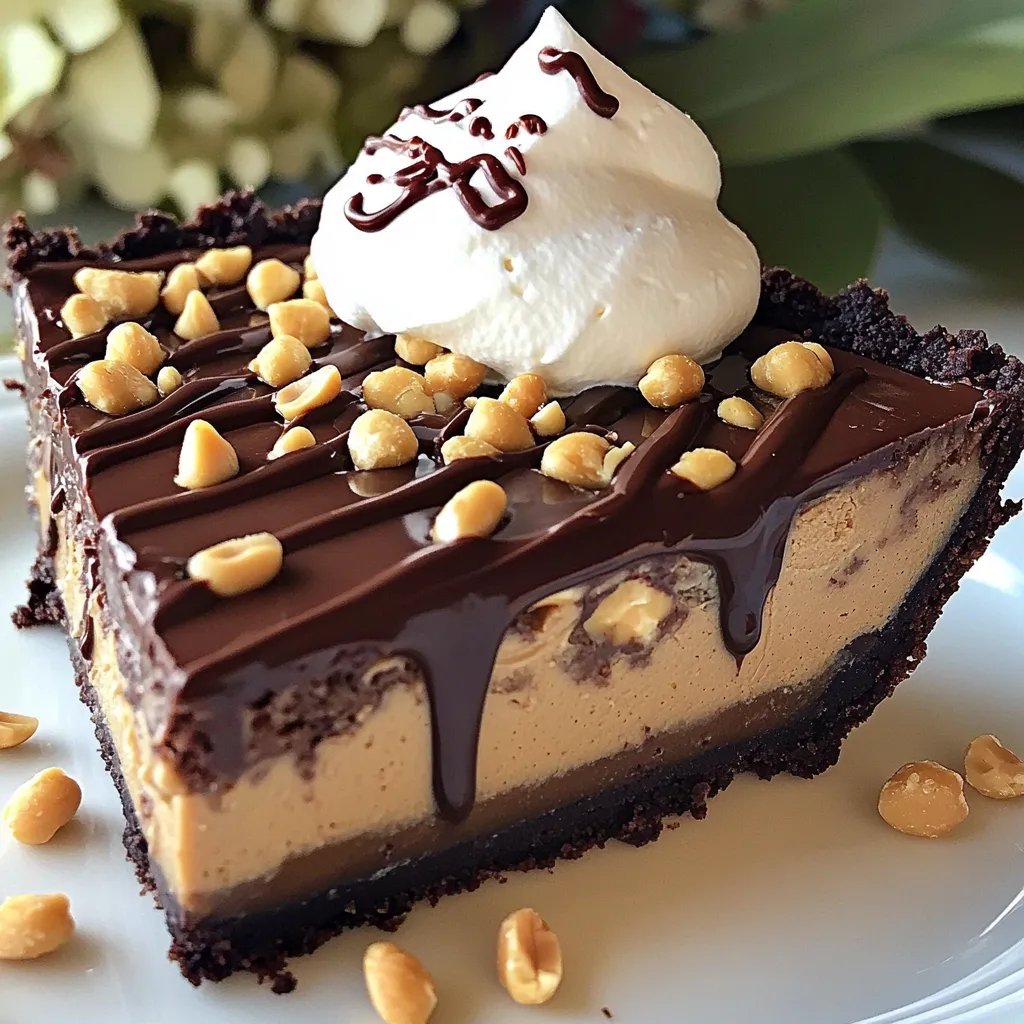 To make this pie, you need the following ingredients: - 1 ½ cups chocolate cookie crumbs - ½ cup unsalted butter, melted - 1 cup creamy peanut butter - 1 cup powdered sugar - 1 cup cream cheese, softened - 1 teaspoon vanilla extract - 1 ½ cups whipped cream (or cool whip) - ½ cup chocolate chips, for drizzling - Chopped peanuts, for garnish Each ingredient plays a key role. The chocolate cookie crumbs create a sweet crust. The melted butter helps the crust stick together. Creamy peanut butter adds a rich flavor. Powdered sugar adds sweetness without graininess. Softened cream cheese makes the filling smooth. Vanilla extract helps enhance the taste. Whipped cream gives the filling a light texture. Finally, chocolate chips and peanuts add a fun finish. If you don't have an ingredient, here are some swaps: - For chocolate cookie crumbs, use graham cracker crumbs. - Use salted butter instead of unsalted for a salty twist. - Natural peanut butter works if you prefer a healthier option. - Cream cheese can be swapped with Greek yogurt for less fat. - Instead of vanilla extract, you can use almond extract for a different flavor. - If you want a dairy-free version, try coconut cream in place of whipped cream. These substitutes keep the pie tasty while meeting different dietary needs. To start, mix the chocolate cookie crumbs and melted butter in a bowl. Stir until it looks like wet sand. Next, press this mixture firmly into the bottom and sides of a 9-inch pie dish. This makes a tasty crust. After that, place the crust in the fridge for about 10 minutes. This helps it set well. In a large bowl, add the creamy peanut butter, powdered sugar, softened cream cheese, and vanilla extract. Beat these together until the mix is smooth and creamy. This may take a few minutes. Once it’s ready, gently fold in the whipped cream. Be careful here! You want to keep it light and fluffy. Now it’s time to fill the crust. Pour the peanut butter mix into the chilled crust. Use a spatula to spread it evenly. After that, cover the pie and put it back in the fridge. Let it chill for at least 4 hours. This helps the flavors blend well. Before serving, melt the chocolate chips in a bowl. Do this in 30-second bursts in the microwave, stirring until smooth. Drizzle this over the pie for a nice touch. Finally, add some chopped peanuts on top for extra crunch. Serve each slice of pie chilled. Add a dollop of whipped cream on top. Chocolate shavings make a great touch. You can also add fresh fruit, like banana slices or berries. These fruits give a nice burst of flavor. One mistake is not cooling the crust enough. Ensure it sets for at least 10 minutes. Another mistake is overmixing the filling. Mix just until smooth to keep it fluffy. Also, don’t skip refrigerating for 4 hours. This helps the pie firm up. Melted chocolate chips create a lovely drizzle on top. Chopped peanuts add great crunch and flavor. You can also add mini chocolate chips for extra sweetness. Experiment with caramel sauce for a flavor twist. A sprinkle of sea salt can enhance the taste too. {{image_2}} You can make this pie your own with fun flavor twists. Try using different cookie crumbs for the crust, like vanilla or graham crackers. This change gives a new taste to the pie. You can also swap out peanut butter for almond or cashew butter. For a chocolate lover's dream, mix in chocolate syrup or use chocolate cream cheese for a richer flavor. Want to make a healthier version? Use low-fat cream cheese and sugar-free pudding mix. You can also replace the butter with coconut oil. Instead of whipped cream, try Greek yogurt for a protein boost. Use dark chocolate chips for a more intense flavor. These changes can make the pie lighter but still delicious. Adding seasonal ingredients can spice things up! In the fall, add a dash of pumpkin spice or a layer of pumpkin puree for a festive twist. During summer, fold in fresh berries like raspberries or strawberries for a fruity kick. You can also add crushed peppermint candies in winter for a holiday flavor. Each season brings a new chance to enjoy this pie in a fresh way! To keep your no bake chocolate peanut butter pie fresh, cover it well. Use plastic wrap or a lid to seal the pie dish. This helps to keep it moist and tasty. Always store the pie in the fridge. The cool air helps the flavors stay sharp and the pie stays firm. You can freeze this pie if you want to save some for later. Wrap the pie tightly in plastic wrap and then in foil. This extra layer keeps freezer burn away. To serve, let it thaw in the fridge for a few hours. This way, you get that creamy texture back. This pie lasts about 4 to 5 days in the fridge. After that, it may lose some flavor and texture. If frozen, it can last up to two months. Always check for any changes in smell or look before serving. Enjoy your pie while it's fresh! Yes, you can use natural peanut butter in this recipe. It adds a rich, nutty flavor. Just make sure to stir it well before measuring. Natural peanut butter may be a bit thinner, so your pie might have a softer texture. If you like a stronger peanut taste, this is a great option. You can keep the pie in the fridge for up to five days. Make sure to cover it well to keep it fresh. The flavors will blend and taste even better after a day or two. Just remember to slice it when you are ready to serve. If you don’t have chocolate cookie crumbs, you can use graham cracker crumbs. They add a nice crunch and a hint of sweetness. You can also crush vanilla wafers for a different flavor. Just mix them with melted butter, just like the chocolate crumbs. In this article, we covered how to make a delicious pie from start to finish. We explored the ingredients, measurements, and possible substitutes. I gave step-by-step instructions on preparing the crust and the filling. Tips on serving, common mistakes, and ways to enhance flavor were also shared. Lastly, variations and storage info help keep your pie tasty. Remember, making this pie can be fun and rewarding. Enjoy the sweet results!