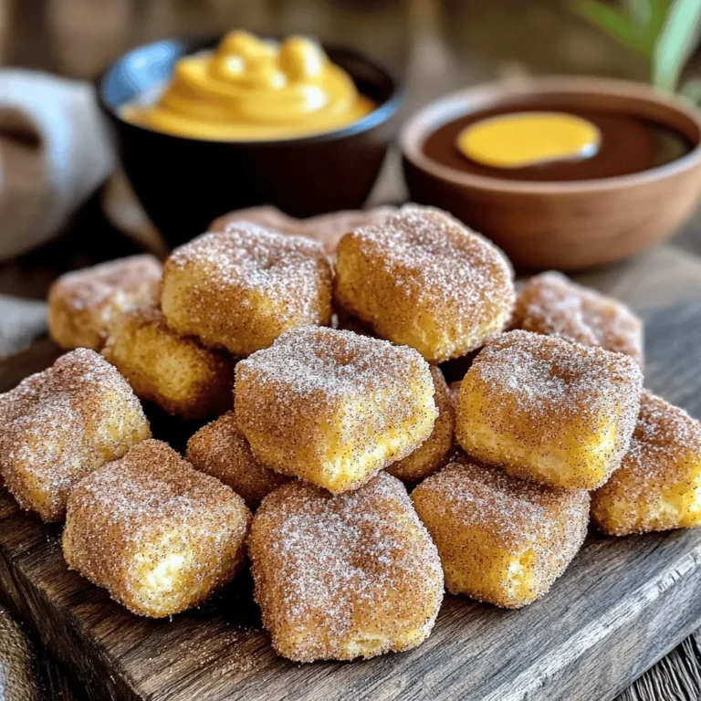 To make these tasty churro bites, you will need: - 1 cup all-purpose flour - 1 teaspoon baking powder - 1/4 teaspoon salt - 1/2 cup water - 2 tablespoons unsalted butter, cubed - 1 teaspoon vanilla extract - 1/2 cup granulated sugar - 2 teaspoons ground cinnamon - Cooking spray Each ingredient plays a key role. The flour forms the base, while the butter adds richness. Baking powder makes them light and fluffy. The vanilla gives a nice flavor. Want to take your churro bites up a notch? Here are some fun options: - A pinch of nutmeg for warmth - Zest of an orange for a citrus twist - A splash of almond extract for extra depth These add-ons can change the taste and make your churros unique. Feel free to mix and match based on your mood or what you have at home. If you have special dietary needs, there are easy swaps you can make: - Use gluten-free flour to make them gluten-free - Replace butter with coconut oil for a dairy-free option - Use a sugar substitute for a lighter version These substitutions keep the fun without losing flavor. Don't be afraid to experiment! First, grab a medium saucepan. Add 1/2 cup of water, 2 tablespoons of cubed butter, and 1 teaspoon of vanilla extract. Heat this mixture over medium heat until it boils. Once it's boiling, take it off the heat. Now, stir in 1 cup of all-purpose flour, 1 teaspoon of baking powder, and 1/4 teaspoon of salt. Mix well until the dough forms. It should pull away from the sides of the pan. Let the dough cool for about 5 minutes before moving to the next step. Now, let’s get the dough into a piping bag. Use a bag fitted with a star tip. This star shape gives the churros their classic look. Pipe small pieces of dough, around 1-2 inches long, onto a piece of parchment paper. Make sure to leave some space between each churro bite. This helps them cook evenly. Next, preheat your air fryer to 380°F (193°C) for about 5 minutes. While it heats, lightly spray the churro bites with cooking spray. Carefully place the parchment with churros into the air fryer basket. Cook them for 8-10 minutes. Flip the churros halfway through to ensure they brown evenly. They are done when they turn golden brown. After cooking, toss them in a mix of 1/2 cup of granulated sugar and 2 teaspoons of ground cinnamon. Serve the churro bites warm for the best taste! To get those churro bites just right, you need to mix the dough well. When you add the flour, ensure it blends completely. This helps create a nice, smooth dough. Letting the dough cool for a bit is key too. It makes piping easier and keeps the bites from spreading too much in the fryer. Even cooking is crucial for great churros. Preheat your air fryer to 380°F (193°C) before adding the churro bites. This helps them cook evenly and get that golden color. Remember to flip them halfway through cooking. This simple step ensures every side gets crispy and delicious. Serve your churro bites warm for the best taste. A chocolate sauce or dulce de leche goes perfectly with them for dipping. You can also sprinkle a little extra cinnamon sugar on top for added flavor. Try serving them at a party or as a fun treat for family. These bites are sure to impress! {{image_2}} You can take churro bites to the next level by adding chocolate. Melt some chocolate chips in a bowl. Once the churro bites cool, dip them in the chocolate. Let them sit on parchment paper until the chocolate hardens. This adds a sweet twist that chocolate lovers will enjoy. If you need a gluten-free treat, swap the all-purpose flour for gluten-free flour. Many brands offer good flour blends for baking. Follow the same steps in the recipe. Your churro bites will still taste amazing and everyone can enjoy them. For a fun twist, add spices like nutmeg or cardamom. You can mix these spices into the dough or the cinnamon sugar. Start with a small amount, like 1/4 teaspoon, to avoid overpowering the flavor. This gives churro bites a warm, unique taste that makes them special. To store leftover churro bites, let them cool completely. Place them in an airtight container. You can keep them at room temperature for one day. For longer storage, move them to the fridge. They will stay fresh for up to three days in the fridge. If you want to freeze churro bites, place them in a single layer on a baking sheet. Freeze for about an hour, then transfer them to a freezer bag. This way, you can grab a few whenever you want. To reheat, air fry them at 350°F (175°C) for about 5 minutes. This will bring back their crunch. To keep your churro bites fresh, avoid stacking them. This prevents them from getting soggy. If they start to lose their flavor, a quick toss in cinnamon sugar can help. Enjoy them warm for the best taste. Yes, you can use gluten-free flour for this recipe. Almond flour works well too. Just remember, the texture may change slightly. The dough will be a bit different, but it should still taste great. Experiment with what you have at home! Churros are done when they turn golden brown. This usually takes about 8-10 minutes in the air fryer. Check them halfway through and flip for even cooking. The perfect churro should feel firm to the touch and look crisp. I love serving churro bites with chocolate sauce or dulce de leche. Both make great dips! You can also try whipped cream or a scoop of ice cream. These dips add extra flavor and fun for everyone. You learned how to create delicious churro bites from scratch. We discussed main and optional ingredients to enhance flavor, and substitutions for dietary needs. I provided easy step-by-step instructions for dough preparation and air frying. I also shared tips for texture and even cooking, plus fun serving ideas. With variations like chocolate-dipped and gluten-free options, there’s something for everyone. Finally, you now know how to store leftovers for later enjoyment. Enjoy your churro-making journey!