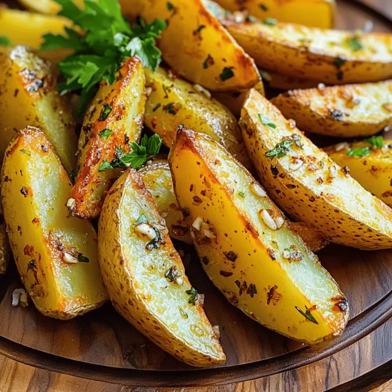 To make Air Fryer Garlic Herb Potato Wedges, gather these items: - 4 medium-sized russet potatoes - 3 tablespoons olive oil - 4 cloves of garlic, minced - 1 tablespoon fresh rosemary, finely chopped - 1 tablespoon fresh thyme, finely chopped - 1 teaspoon paprika - Salt and pepper to taste - Optional: Fresh parsley for garnish For the best taste and texture, I recommend using russet potatoes. They have a fluffy inside and a crispy skin when cooked. Their starchy nature helps create the perfect wedge that holds up well in the air fryer. You can also try Yukon Gold potatoes for a creamier texture. You can add fresh parsley as a garnish for a pop of color and flavor. A squeeze of lemon juice can also brighten the dish. If you want extra flavor, sprinkle some grated parmesan cheese over the hot wedges. Start by washing the potatoes well. Use cold water to remove dirt. After washing, pat the potatoes dry with a towel. This step is key for crispiness. Next, cut each potato in half lengthwise. Then, slice each half into wedges. Aim for even sizes for uniform cooking. In a large mixing bowl, pour in three tablespoons of olive oil. Add four minced garlic cloves. Then, add one tablespoon each of chopped rosemary and chopped thyme. Sprinkle in one teaspoon of paprika, and season with salt and pepper to taste. Mix these ingredients well. You want a fragrant blend that coats the potatoes nicely. Now it’s time to cook! Preheat your air fryer to 400°F (200°C). Add the potato wedges to the bowl with the seasoning. Toss them until every wedge is coated well. Place the wedges in the air fryer basket. Make sure they are in a single layer. This helps them cook evenly. Cook for 15 to 20 minutes. Shake the basket halfway through to ensure even crispiness. Once they are golden and crispy, take them out. Let them cool slightly before serving. Enjoy your tasty potato wedges! To make your potato wedges extra crispy, follow these tips: - Soak the cut potatoes in cold water for at least 30 minutes. - Dry them well with a towel after soaking. - Use enough olive oil to coat each wedge. - Avoid overcrowding the air fryer basket. These steps help remove excess starch and allow hot air to circulate. Setting the right temperature is key for great results. - Preheat your air fryer to 400°F (200°C). - Cook the wedges for 15-20 minutes. - Shake the basket halfway to ensure even cooking. This method helps cook the wedges evenly and promotes crispiness. Seasoning makes the wedges flavorful and tasty. - Mix the olive oil, garlic, herbs, and spices in a bowl. - Toss the wedges until they are fully coated. - Adjust salt and pepper to your taste. Using fresh herbs like rosemary and thyme gives them a vibrant taste. {{image_2}} You can change the flavor of your potato wedges by using different herbs. Try basil for a fresh touch. Oregano offers a warm flavor that works well too. You can even mix herbs for a unique taste. Experiment with cilantro or dill if you want a twist. Each herb brings its own charm, making your dish special. Adding cheese can take your wedges to the next level. Grated parmesan adds a salty, nutty flavor. For a creamier option, sprinkle mozzarella on top during the last few minutes of cooking. You can also play with spices. A dash of cayenne adds heat, while lemon zest can brighten the dish. Sweet potatoes make a great alternative to russets. They add a hint of sweetness and a vibrant color. You can also try Yukon gold potatoes for a buttery flavor. Other veggies, like zucchini or carrots, can be cut into wedges too. Each option gives a different taste and texture, keeping your meals exciting. To store leftover potato wedges, let them cool first. Place them in an airtight container. Keep them in the fridge for up to three days. Make sure they are not stacked too high. This helps keep them from getting soggy. When you want to reheat the wedges, use your air fryer again. Preheat it to 350°F (175°C). Place the wedges in the basket in a single layer. Heat them for about 5 to 7 minutes. This will bring back their crispiness. You can also use an oven if you prefer. Just bake them at 375°F (190°C) for 10-15 minutes. You can freeze the potato wedges if you have too many. First, let them cool completely. Lay them on a baking sheet in a single layer. Put the sheet in the freezer for about an hour. Once frozen, transfer the wedges to a freezer bag. They can last up to two months. When you're ready to eat them, no need to thaw. Just air fry them straight from the freezer for about 15-20 minutes. Yes, you can. If you do not have an air fryer, you can bake these potato wedges. Preheat your oven to 425°F (220°C). Place the coated wedges on a baking sheet in a single layer. Bake for 30-35 minutes. Flip them halfway through for a nice crunch. Frozen potato wedges take about 15-20 minutes in the air fryer. Preheat your air fryer to 400°F (200°C). Cook them in a single layer. Shake the basket halfway through for even cooking. Many dips go well with garlic herb potato wedges. Here are some great options: - Ketchup - Ranch dressing - Garlic aioli - Sour cream with chives - Spicy mayo These dips add fun flavors and make the dish even better! This blog post covers making delicious garlic herb potato wedges. We discussed key ingredients, the right potato type, and tasty garnishes. You learned step-by-step instructions for preparing, mixing, and cooking in the air fryer. Tips helped you achieve crispiness and the right seasoning. We also explored variations like different herbs and cheese. Finally, you got storage info and answers to common questions. Enjoy creating these wedges. They make a great snack or side dish!
