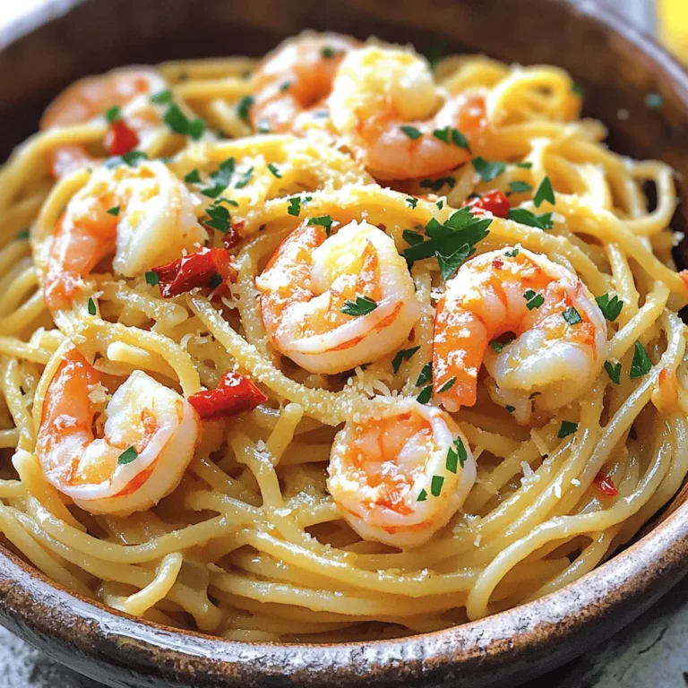 To make Garlic Chili Butter Shrimp Pasta, you need these items: - 8 oz spaghetti or linguine - 1 lb large shrimp, peeled and deveined - 4 tablespoons unsalted butter, divided - 5 cloves garlic, minced - 1-2 red chilies, finely chopped (adjust to taste) - 1 teaspoon chili flakes (optional for extra heat) - 1 lemon, juiced and zested - 1/4 cup parsley, finely chopped - Salt and pepper to taste - Grated Parmesan cheese for serving (optional) These ingredients work together to create a dish full of flavor. Fresh shrimp and garlic pair well with the heat from the chilies. The butter adds richness, while lemon brightens the overall taste. You can adjust the heat by adding more or fewer chilies. Each ingredient plays a key role in making this pasta a delightful meal. Make sure to use fresh herbs and shrimp for the best results. 1. Start by boiling a large pot of water. Add a generous amount of salt. 2. Once the water is boiling, add 8 oz of spaghetti or linguine. 3. Cook the pasta until it is al dente, about 8-10 minutes. 4. Before draining, reserve 1 cup of pasta water. This helps with sauce later. 5. Drain the pasta and set it aside. 1. In a large skillet, melt 2 tablespoons of butter over medium heat. 2. Add 5 cloves of minced garlic to the skillet. Sauté for about 1 minute until it smells great. 3. Next, add 1-2 finely chopped red chilies and 1 teaspoon of chili flakes if you want more heat. Cook for another 30 seconds. 1. Now, add 1 lb of peeled and deveined shrimp to the skillet. Season with salt and pepper. 2. Cook the shrimp until they turn pink and opaque, around 3-4 minutes. 3. Mix the cooked pasta into the skillet with the shrimp and garlic. 4. Pour in the juice and zest of 1 lemon, along with the remaining 2 tablespoons of butter. Toss it all together. 5. If the dish seems dry, add a splash of the reserved pasta water. 6. Finally, stir in 1/4 cup of finely chopped parsley. Adjust the seasoning to your taste. Fresh ingredients make a big difference. Use fresh garlic and ripe chilies for the best taste. Adjust the heat with the number of chilies you add. Start with one chili and taste. If you want more heat, add another. Don’t forget the reserved pasta water. It helps to make the sauce creamy. Cook the shrimp just right. They only need about 3-4 minutes to turn pink. Overcooking makes them tough. Use medium heat to sauté the garlic and chilies. This keeps the flavors bright and fresh. Garnish your dish with grated Parmesan cheese. It adds a nice salty flavor. Pair your pasta with a crisp salad or a glass of white wine. The coolness of the salad balances the heat of the dish. Enjoy your meal! {{image_2}} You can switch up the pasta type in this dish. Try using penne or fettuccine instead of spaghetti or linguine. Each type brings a unique twist to the meal. For a gluten-free option, use rice noodles or gluten-free pasta. If you want to replace shrimp, chicken or scallops work well too. You can even use tofu for a vegetarian twist. Adjust cooking times to suit the protein you choose. Adding vegetables can make this dish even better. Bell peppers or spinach bring color and nutrients. You can sauté them with the garlic for added flavor. Zucchini or cherry tomatoes also work great. Herbs can change the taste a lot. Try basil or thyme for a fresh hint. You can even use dill for a unique flavor. Just add them at the end to keep their taste bright. Make this dish as spicy or mild as you like. If you want more heat, add extra chilies or chili flakes. Just remember to taste as you go. For a milder flavor, use fewer chilies and focus on the garlic. You can also try alternative seasonings. Paprika or cayenne pepper can add heat without the same flavor. For a more savory touch, consider using smoked paprika for a different kick. You can store leftover Garlic Chili Butter Shrimp Pasta in the fridge. It stays fresh for up to three days. Use an airtight container to keep it from drying out. This helps hold onto the tasty flavors. If you want to freeze this pasta, follow these tips: First, let the pasta cool completely. Then, place it in a freezer-safe container. Make sure to leave some space at the top, as it may expand. It can last up to two months in the freezer. When you're ready to eat it, thaw it overnight in the fridge. You have two great options for reheating: stovetop or microwave. For the stovetop, add a splash of water or broth in a skillet. Heat over low, stirring gently until warm. This keeps the pasta from getting mushy. If you choose the microwave, place the pasta in a bowl and cover it. Heat it in short bursts, stirring in between. This helps maintain the pasta's texture. This dish takes about 20 minutes to make. You need 10 minutes for prep. Cooking the pasta and shrimp takes about 10 more minutes. It’s quick and perfect for a busy night. Yes, you can easily make this dish gluten-free. Just use gluten-free pasta. Options include rice noodles or quinoa pasta. They will work well with the garlic chili butter sauce. Always check the package to make sure it's truly gluten-free. You can serve this pasta with many tasty sides. A simple green salad pairs well. You might also enjoy garlic bread to soak up the sauce. Roasted vegetables add a nice crunch. Try a light wine for a special touch! This Garlic Chili Butter Shrimp Pasta is a simple, tasty dish. You need basic ingredients and a few steps to make it. Start by cooking the pasta and preparing the shrimp with garlic and chilies. Combine everything and adjust flavors to your liking. Remember, you can change up the ingredients and heat level. This recipe offers many ways to enjoy it. Plus, it stores well, so you can savor leftovers. Enjoy your cooking, and make it yours!