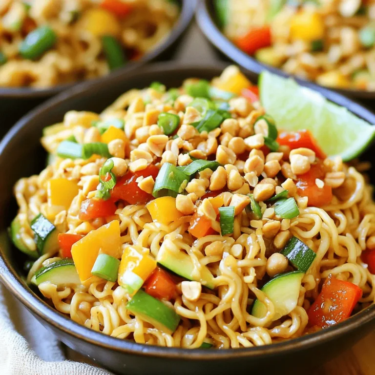 For a tasty bowl of Kung Pao noodles, gather these key ingredients: - 8 oz egg noodles or rice noodles - 1 cup bell peppers (mixed colors), diced - 1 cup zucchini, sliced - 1 cup snap peas, trimmed - 1/2 cup roasted peanuts - 3 green onions, chopped - 2 tablespoons vegetable oil - 2 cloves garlic, minced - 1 inch ginger, grated - 3 tablespoons soy sauce - 2 tablespoons hoisin sauce - 1 tablespoon sesame oil - 1 tablespoon rice vinegar - 1 teaspoon red pepper flakes (add more for spice) - Salt and pepper to taste These ingredients create a colorful and flavorful dish. The mix of veggies adds crunch and freshness. The sauces give the noodles their rich taste. You can add a few optional ingredients for even more flavor: - 1/2 cup mushrooms, sliced - 1/4 cup water chestnuts, sliced - 1 tablespoon chili paste or sauce for heat - Fresh cilantro for a herbal note These optional items can elevate your dish. Mushrooms add umami, while water chestnuts bring a nice crunch. To make your Kung Pao noodles look great, consider these garnishes: - Additional chopped green onions - Extra roasted peanuts - A slice of lime on the side - Sesame seeds for a nutty finish Garnishing your dish adds a pop of color and texture. The lime gives a zesty kick that balances the flavors. Enjoy creating your beautiful bowl of Kung Pao noodles! Start by boiling water in a large pot. Add 8 oz of egg noodles or rice noodles. Cook them according to the package directions, usually about 4-6 minutes. Once done, drain the noodles, and set them aside for later. Grab a large wok or skillet and heat 2 tablespoons of vegetable oil over medium-high heat. Add 2 cloves of minced garlic and 1 inch of grated ginger. Sauté these for about 30 seconds. You want to smell the lovely aroma but avoid burning them. Next, toss in 1 cup of diced bell peppers, 1 cup of sliced zucchini, and 1 cup of trimmed snap peas. Stir-fry these for 3-4 minutes. They should be tender yet still bright in color. Now it's time for the sauce! In a small bowl, whisk together 3 tablespoons of soy sauce, 2 tablespoons of hoisin sauce, 1 tablespoon of sesame oil, 1 tablespoon of rice vinegar, and 1 teaspoon of red pepper flakes. Adjust the red pepper flakes based on how spicy you want it. Pour this sauce over the vegetable mixture and add the drained noodles. Toss everything together until well mixed. Finally, add 1/2 cup of roasted peanuts and 3 chopped green onions. Mix gently and let it cook for another 1-2 minutes. This allows all the flavors to come together beautifully. Season with salt and pepper to taste. - Always prep your ingredients before you start cooking. It saves time. - Use a large wok or skillet. It helps cook everything evenly. - Keep the heat high when stir-frying. This keeps veggies crisp. - Cook noodles while you prep. This saves time and keeps them fresh. - Stir often to avoid burning the garlic and ginger. - Add fresh herbs like cilantro for a bright taste. - Squeeze lime juice on top before serving. It adds zing. - Try a splash of chili oil for extra heat. - Swap in different veggies based on what you have. Broccoli or carrots work well. - Mix in some sesame seeds for added crunch and flavor. - Don’t overcook the veggies. They should stay crisp and colorful. - Avoid using cold noodles. They don’t mix well with sauces. - Watch the salt! Soy sauce is salty. Taste before adding more. - Don’t skip the peanuts; they add great texture. - Forgetting to toss well can lead to uneven flavor. Mix everything thoroughly! {{image_2}} You can easily add protein to Kung Pao noodles. Chicken is a great choice. Just cut it into small pieces and cook it before the vegetables. Tofu works well, too. Use firm tofu, press it, and cut it into cubes. Sauté it until golden brown for extra flavor. Both options add nice texture and make the dish more filling. To make Kung Pao noodles gluten-free, switch to rice noodles. They are soft and absorb flavors well. Make sure to use gluten-free soy sauce. Most brands offer this option. Check the label to be sure. This way, you can enjoy the dish without gluten. Do you want heat? Add more red pepper flakes! Start with one teaspoon and taste as you go. You can also use fresh chili peppers for a fresh kick. If you prefer mild flavors, reduce the pepper flakes. Balance is key to a tasty dish. To store Kung Pao noodles, let them cool first. Place them in an airtight container. This keeps the noodles fresh. Store them in the fridge for up to three days. If you want to keep them longer, consider freezing. When you are ready to eat, take the noodles out. You can heat them in a microwave or on the stove. If using a microwave, cover the bowl to keep moisture. Heat for one to two minutes, stirring halfway. On the stove, add a splash of water and stir until warm. To freeze, pack the cold noodles tightly in freezer bags. Remove as much air as possible. Label the bags with the date. These noodles can stay in the freezer for up to three months. When you want to use them, thaw in the fridge overnight before reheating. Yes, you can make Kung Pao Noodles vegetarian. Just skip any meat and increase the veggies. Add tofu for protein. You can use extra bell peppers, zucchini, and snap peas. Other great choices are broccoli, carrots, or mushrooms. This keeps the dish colorful and tasty. If you don't have hoisin sauce, use soy sauce mixed with a bit of sugar. You can also try mixing soy sauce with peanut butter. This gives a similar sweet and salty flavor. Another option is to use teriyaki sauce if you have it on hand. To spice up your Kung Pao Noodles, add more red pepper flakes. You can also toss in sliced fresh chilies or chili paste. For a milder dish, reduce the red pepper flakes. You can leave them out if you want no heat. Adjusting spice is easy to fit your taste! In this post, we explored how to make Kung Pao Noodles. We discussed the key ingredients, cooking steps, and tips to boost flavor. You can add proteins and customize for your taste. We also covered storage and reheating tips for leftovers. Remember, cooking is fun! Don’t hesitate to make this dish your own. Enjoy your creation and impress your family or friends!
