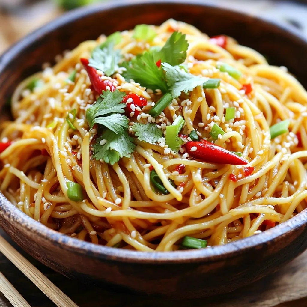 - 200g dried egg noodles (or your preferred noodles) - 2 tablespoons olive oil - 6 cloves garlic, minced - 1-2 red chilies, finely sliced - 1 tablespoon soy sauce - 1 tablespoon chili sauce (like Sriracha) - 1 teaspoon sesame oil - 1 teaspoon sugar - 2 green onions, sliced - Fresh cilantro, for garnish - Toasted sesame seeds, for garnish - Salt and pepper to taste Let’s dive into the ingredients for garlic chili noodles. Start with 200g of dried egg noodles. You can use any kind of noodles you like, but egg noodles add a rich flavor. Next, grab 2 tablespoons of olive oil. This oil will help sauté the garlic and chilies, adding depth to your dish. You need 6 cloves of garlic, minced. Garlic gives a strong and tasty kick. For heat, use 1-2 red chilies, finely sliced. Adjust the amount based on how spicy you want your noodles. Next, you’ll need 1 tablespoon of soy sauce for a salty taste. Add 1 tablespoon of chili sauce, like Sriracha, for even more spice. A touch of 1 teaspoon of sesame oil brings a nutty flavor. Add 1 teaspoon of sugar to balance the heat. You also need 2 green onions, sliced. They add freshness and color. For garnishing, grab fresh cilantro and toasted sesame seeds. Finally, don’t forget salt and pepper to taste. These simple ingredients combine to create a vibrant and flavorful dish you can’t resist. First, you need to boil the noodles. Fill a large pot with water and add salt. Bring the water to a rolling boil. Then, add 200g of dried egg noodles. Cook them according to the package instructions until they are al dente. This usually takes around 4-6 minutes. Once cooked, drain the noodles and set them aside. While the noodles cook, grab a small bowl. In this bowl, combine the following sauce ingredients: - 1 tablespoon soy sauce - 1 tablespoon chili sauce (like Sriracha) - 1 teaspoon sesame oil - 1 teaspoon sugar Mix all these well and set the bowl aside. This sauce will add a nice kick and flavor to your noodles. Now it’s time to sauté the garlic and chili. In a large frying pan, heat 2 tablespoons of olive oil over medium heat. Add 6 cloves of minced garlic and 1-2 finely sliced red chilies. Cook them for about 1-2 minutes. Keep an eye on them. You want the garlic golden, not burnt. This step will fill your kitchen with an amazing aroma. Next, add the drained noodles to the frying pan. Pour the sauce over the noodles. Toss everything together gently. Make sure the noodles are well coated in the sauce. Cook for an additional 2-3 minutes to heat the noodles through. This step makes sure every bite is flavorful. Finally, taste the noodles. Adjust the seasoning with salt and pepper. You can add more chili sauce if you like it spicier. Once you’re happy with the taste, stir in 2 sliced green onions. Plate your garlic chili noodles and garnish with fresh cilantro and a sprinkle of toasted sesame seeds. Enjoy your delicious meal! To customize the heat level in your dish, start with one red chili. If you want more heat, add another. You can also use chili sauce like Sriracha. Taste the dish as you cook. This way, you'll find the perfect spice for you. Remember, you can always add more heat, but it's hard to take it away. Cooking the noodles just right is key. You want them al dente, which means firm to the bite. Follow the package instructions closely. Usually, this takes around 4 to 5 minutes. Keep an eye on them. If they overcook, they can turn mushy. Drain and rinse them under cold water to stop the cooking process. If you have leftovers, store them in an airtight container. Keep them in the fridge for up to three days. When you want to eat them again, reheat in a pan. Add a splash of water or oil to help with the heating. This keeps the noodles from drying out. Enjoy your delicious Garlic Chili Noodles again! {{image_2}} You can make Garlic Chili Noodles even better by adding protein. Chicken, shrimp, or tofu all work well. For chicken, use thin strips and cook them until golden. Add them to the pan after the garlic and chilies. For shrimp, toss them in when the garlic is fragrant. They cook fast, about 2-3 minutes. If you prefer tofu, use firm tofu. Cut it into cubes and pan-fry until crispy. Then, mix it with the noodles. These additions bring flavor and make your meal heartier. Adding vegetables boosts nutrition and flavor. You can use bell peppers, broccoli, or snap peas. Slice bell peppers thinly and add them with the garlic. Broccoli can be blanched first, then added to the pan. Snap peas add a nice crunch. Toss in any greens you love. Carrots, spinach, or bok choy also fit well. These veggies add color and make your dish more exciting. Plus, they make each bite a bit different! To make Garlic Chili Noodles gluten-free, swap out regular noodles. Use rice noodles or gluten-free pasta instead. Check the sauce too. Soy sauce often contains gluten. You can use tamari or coconut aminos as a great substitute. Both give you that savory flavor without gluten. Follow the same cooking steps after making these swaps. Your gluten-free Garlic Chili Noodles will still taste amazing! To store your leftovers, let the Garlic Chili Noodles cool first. Then, place them in an airtight container. Make sure to seal it well to keep out air. Store in the fridge for up to three days. When you're ready to eat, check for any signs of spoilage. Look for an off smell or unusual texture. If you want to freeze your Garlic Chili Noodles, use a freezer-safe container. Divide the noodles into single servings for easy meals later. Before sealing, remove as much air as possible. This helps prevent freezer burn. You can freeze them for up to a month. Just remember to label the container with the date. To reheat, the best method is using a frying pan. Heat a small amount of olive oil over medium heat. Add the noodles and stir gently. This keeps the flavor and texture intact. You could also use a microwave. Just add a splash of water to help steam them. Cover with a damp paper towel to keep moisture in. Heat in short bursts, stirring in between, until warm. I like using dried egg noodles for their texture. They soak up sauce well. You can also try rice noodles, udon, or soba. Each type brings a unique taste. Choose what you enjoy most! Yes, you can easily make this dish vegan. Swap the egg noodles for rice noodles. Use a vegan soy sauce and skip the chili sauce if it's not vegan. You can add more fresh veggies for a tasty twist! You can store leftover Garlic Chili Noodles in the fridge for up to three days. Keep them in an airtight container. When reheating, add a splash of water to keep them moist. This way, they taste great again! Garlic Chili Noodles are simple and packed with flavor. We covered key ingredients, cooking steps, and storage tips. You can easily adjust the spice level and add your favorite proteins or veggies. This dish shines as a quick meal or a tasty leftovers option. Enjoy experimenting with this recipe. Let your creativity flow and make it your own!