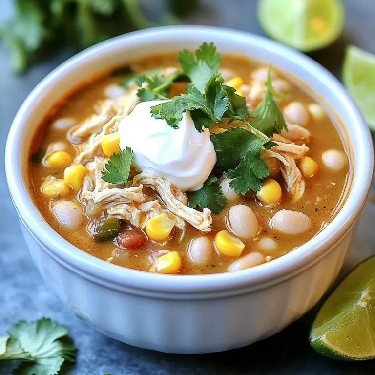 Here’s everything you need for a tasty slow cooker white chicken chili. Gather these simple ingredients: - 2 boneless, skinless chicken breasts - 1 can (15 oz) white beans (cannellini or great northern), rinsed and drained - 1 can (4 oz) diced green chilies - 1 medium onion, diced - 2 cloves garlic, minced - 1 cup corn (fresh, frozen, or canned) - 4 cups low-sodium chicken broth - 1 teaspoon ground cumin - 1 teaspoon chili powder - 1/2 teaspoon smoked paprika - Salt and pepper to taste - 1 cup sour cream or Greek yogurt - 1 cup shredded Monterey Jack cheese - Fresh cilantro for garnish - Lime wedges for serving These ingredients make a warm, creamy dish. The chicken adds protein, while the beans give fiber. The spices bring out bold flavors. With corn and chilies, you get a nice texture and warmth. The creamy additions, like sour cream, enhance the chili's richness. Feel free to adjust any ingredient based on your taste. Want it spicier? Add more chili powder. Prefer a milder flavor? Cut back on the spices. Enjoy the cooking! - How to Prepare the Chicken Start with two boneless, skinless chicken breasts. Place them on a clean cutting board. Use a sharp knife to trim any fat. Make sure the chicken is ready to go in the slow cooker. - Rinsing and Draining Beans Take one can of white beans. Open the can and pour the beans into a colander. Rinse them under cold water. This removes extra salt and makes them taste better. - Dicing Vegetables Grab one medium onion and peel it. Use a knife to chop the onion into small pieces. Then, mince two cloves of garlic. You can use a garlic press or chop it finely. - Layering Ingredients in the Slow Cooker Place the chicken breasts at the bottom of the slow cooker. Add the rinsed beans, diced green chilies, diced onion, minced garlic, and corn. Pour in four cups of low-sodium chicken broth. Sprinkle in one teaspoon of ground cumin, one teaspoon of chili powder, and half a teaspoon of smoked paprika. Season with salt and pepper. Stir gently to mix. - Cooking Time and Temperature Options Cover the slow cooker with the lid. Cook on low for six to eight hours. If you’re short on time, set it to high for three to four hours. The chicken should be fully cooked and very tender. - Shredding the Chicken Once cooked, take out the chicken breasts. Use two forks to shred the chicken into bite-sized pieces. Return the shredded chicken to the slow cooker. - Adding Dairy Ingredients Stir in one cup of sour cream or Greek yogurt. Then, add one cup of shredded Monterey Jack cheese. Mix until it’s all melted and creamy. - Adjusting Seasoning Taste the chili to see if it needs more flavor. Add extra salt, pepper, or spices if you like. Always adjust to your taste. - Letting Flavors Meld Let the chili cook for another 15 minutes. This helps all the flavors blend nicely. Serve hot and enjoy! - Recommended Spices and Seasonings: Use ground cumin for warmth and chili powder for a kick. Smoked paprika adds a nice depth, too. Adjust each spice to your taste. - Choosing the Right Beans: I like cannellini or great northern beans. Both are creamy and blend well with the chili's flavors. Rinse them well to remove extra salt. - Best Practices for Tender Chicken: Always place chicken at the bottom of the slow cooker. This way, it cooks evenly and stays moist. Shred it after cooking to mix with all the flavors. - Slow Cooker Settings Guidance: Cook on low for 6 to 8 hours or high for 3 to 4 hours. Both options yield tender chicken and rich flavors. - Serving Suggestions for Visual Appeal: Serve the chili hot in bowls. It looks great with a dollop of sour cream and a sprinkle of cheese on top. - Garnishing Ideas with Fresh Ingredients: Add fresh cilantro for color and lime wedges for zest. A few tortilla chips on the side offer a nice crunch. {{image_2}} If you want to switch things up, try using different proteins. Turkey works great here. You can also use tofu for a vegetarian option. Both will soak up the flavors well. For those who need dairy-free choices, skip the sour cream and cheese. Instead, use coconut cream or a dairy-free yogurt. It still keeps the chili creamy while being kinder to your tummy. Want to add more taste? Toss in extra veggies like bell peppers or zucchini. They add color and crunch. Just chop them small so they cook well. You can also play with spice levels. If you like it mild, use less chili powder. For more heat, add diced jalapeños or extra chili powder. Taste as you go to find the right kick. Serve your chili hot in bowls. To make it fun, add tortilla chips on top. They give a nice crunch and balance the creaminess. For sides, cornbread or a fresh salad pairs well. You can even serve it with rice for a heartier meal. Just have fun and mix it up! To keep your chili fresh, store it in the fridge. Use airtight containers. This helps prevent air from getting in. Let the chili cool before you seal it. This keeps moisture in check. For best taste, eat it within 3 to 4 days. You can freeze white chicken chili for later. Use freezer-safe bags or containers. Leave some space at the top to allow for expansion. To thaw, place it in the fridge overnight. You can also use the microwave if you are in a hurry. When reheating, make sure it is hot throughout for safe eating. Keep track of how long the chili stays fresh. In the fridge, it lasts about 3 to 4 days. In the freezer, it stays good for about 3 months. Watch for signs of spoilage like a bad smell or change in color. If it smells off or looks strange, it's best to throw it away. You can serve many tasty sides with this chili. Here are some of my favorites: - Cornbread: Soft, warm, and sweet, it pairs well with the chili. - Tortilla Chips: Crunchy chips add a fun texture and flavor. - Rice: White or brown rice can soak up the chili and add heartiness. - Salad: A fresh green salad can lighten the meal nicely. Yes, you can use frozen chicken in your slow cooker. Just place the frozen chicken breasts at the bottom. Slow cooking will safely thaw and cook the chicken. It may take a bit longer, but it works great. Just add extra time if needed. If you want more heat, try these tips: - Add More Chili Powder: Start with a small amount and taste as you go. - Include Jalapeños: Fresh or pickled jalapeños can add a nice kick. - Use Hot Green Chilies: Substitute mild green chilies for a spicier option. - Top with Hot Sauce: Let each person add their favorite hot sauce at the table. Yes, you can make this chili in advance. Here’s how: - Prep the Ingredients: Chop and measure everything the night before. - Store in the Fridge: Keep the raw ingredients in the fridge overnight. - Slow Cook in the Morning: Just toss everything in the slow cooker before you leave for the day. This way, you’ll come home to a warm, delicious meal ready to enjoy. This blog post covered every step to make Slow Cooker White Chicken Chili. We discussed ingredients, prep, cooking methods, and storage tips. Remember, you can customize the recipe with different proteins and spices. Experimenting with flavors makes the dish fun and unique. Enjoy your chili with family and friends. Your cooking skills will shine, and the results will be delicious. Keep trying new ideas, and have fun in the kitchen!