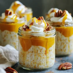 - 1 cup rolled oats - 1 cup almond milk (or any milk of choice) - 1/2 cup canned pumpkin puree - 2 tablespoons maple syrup (or honey) - 1 teaspoon vanilla extract - 1/2 teaspoon pumpkin pie spice - 1/4 teaspoon ground cinnamon - Pinch of salt - 1/4 cup Greek yogurt (optional for creaminess) - Chopped pecans or walnuts for topping (optional) - Whipped cream or coconut whipped cream (optional for garnish) I love this mix of ingredients. Each one brings its own magic to the dish. First, rolled oats give that hearty base. They soak up flavors well. Almond milk makes it creamy and smooth. You can use any milk that you like. Canned pumpkin puree is the star. It adds that rich, warm taste of fall. Maple syrup or honey gives just the right sweetness. You can adjust this to your taste. Vanilla extract adds a lovely depth of flavor. Pumpkin pie spice and ground cinnamon create that cozy feeling. I always add a pinch of salt to balance the sweetness. If you like creaminess, Greek yogurt is a great choice. It also boosts protein. For topping, chopped pecans or walnuts add crunch. Whipped cream on top makes it a treat. This blend of ingredients makes pumpkin latte overnight oats so simple and tasty! - In a medium bowl, combine the rolled oats, almond milk, pumpkin puree, maple syrup, vanilla extract, pumpkin pie spice, ground cinnamon, and a pinch of salt. - If you want creamier oats, add the Greek yogurt now. - Stir everything together until it is well combined. Make sure the oats are evenly coated in the pumpkin mixture. - Transfer the mixture into individual jars or containers. Seal each one tightly. - Place the jars in the fridge overnight. If you're short on time, four hours works too. - Letting the oats sit helps them absorb the liquid. This makes the flavors meld together nicely. - In the morning, take the jars out of the fridge. Give the oats a good stir before serving. - If the mixture seems too thick, add a splash of almond milk. This helps you reach your desired consistency. - Top with chopped pecans or walnuts for a nice crunch. You can also add a dollop of whipped cream if you like. To make your oats extra creamy, add Greek yogurt. This step gives your dish a rich texture. You can mix in about 1/4 cup of Greek yogurt. If you like it thicker, adjust the amount of liquid. Use less almond milk or whatever milk you choose. Let’s talk flavor! A splash of vanilla extract makes a big difference. It adds warmth and depth. You can also play with spices. Try adding a bit more cinnamon or nutmeg. This will give your oats a cozy, festive vibe. Don’t be afraid to get creative with flavors! {{image_2}} You can easily make your Pumpkin Latte Overnight Oats dairy-free. Just swap regular milk for plant-based milk, like almond or oat milk. Both options taste great and keep the oats creamy. If you want to sweeten your oats, try using maple syrup or agave instead of honey. This keeps everything vegan-friendly. Want to mix things up? Add chocolate or caramel sauces to your oats. A drizzle of chocolate sauce brings a rich taste. Caramel sauce adds a sweet kick. You can also play with different nuts or seeds. Try adding sliced almonds or sunflower seeds for crunch. Each choice gives a new twist to your oats. Boost the nutrition of your overnight oats with simple add-ins. Chia seeds are a great choice. They add fiber and help you feel full. You can also mix in protein powder. This gives your oats a healthy boost. Choose a flavor that matches your oats, like vanilla or chocolate. These small changes make your breakfast even better. To keep your pumpkin latte overnight oats fresh, store them in the fridge. Use airtight jars or containers. This helps to prevent spills and keep flavors strong. These oats can last up to five days in the fridge. Just make sure to check for any strange smells before eating. Yes, you can freeze overnight oats! This is a great option if you want to prepare meals ahead of time. When freezing, use freezer-safe jars or containers. Leave some space at the top to allow for expansion. To thaw, move the oats to the fridge overnight. You can also warm them in the microwave. Just add a splash of almond milk to help loosen the oats. Enjoy your delicious breakfast any time! Yes, you can easily make these oats vegan. To do this, swap regular milk for almond milk or any plant-based milk you like. Instead of Greek yogurt, choose a vegan yogurt made from almond or coconut. For the sweetener, you can use maple syrup, which is vegan-friendly. This way, you keep the creamy texture and rich flavor without any animal products. If you don't have pumpkin puree, you can use mashed banana or applesauce. Both will add moisture and sweetness. You can also try butternut squash puree for a similar taste. If you want a different flavor, use a mix of nut butters, like almond or peanut butter, for a creamy texture. Just remember to adjust the spices to match the new base you choose. You can reheat your pumpkin latte overnight oats if you prefer them warm. To do this, transfer the oats to a microwave-safe bowl. Heat them in short bursts of 30 seconds, stirring in between. If they seem too thick, add a splash of almond milk to loosen them up. This way, you can enjoy a cozy breakfast any time you want. These pumpkin overnight oats are simple and tasty. We covered the easy ingredients and quick steps. You learned how to make creamy and flavorful oats, plus great storage tips. Experiment with various toppings and flavors. Make it your own with fun additions. Enjoy this healthy treat any time! Preparing ahead saves time and is fun. Now, you can enjoy delicious, nutritious breakfast oats effortlessly. Dive into this recipe and share your own creations!