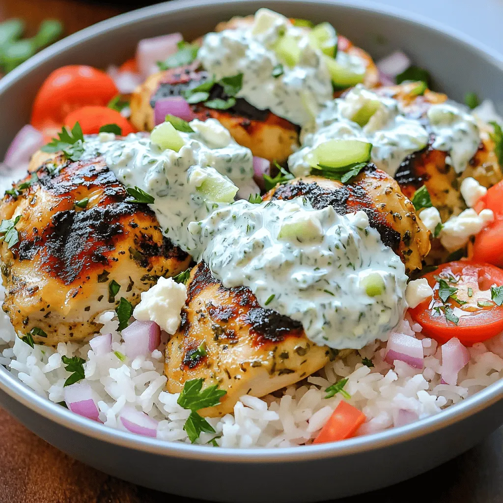 To make Tzatziki Chicken Rice Bowls, you need fresh and tasty ingredients. Here’s what you’ll need: - 1 pound boneless, skinless chicken thighs - 1 tablespoon olive oil - 1 cup jasmine rice - 2 cups water or chicken broth - 1 cup cucumber, grated and drained - 1 cup plain Greek yogurt - 2 tablespoons fresh dill, chopped (or 1 tablespoon dried dill) - 1 tablespoon lemon juice - 1 medium tomato, diced - ½ red onion, thinly sliced - ½ cup feta cheese, crumbled - Fresh parsley for garnish These ingredients create a meal that is both healthy and full of flavor. The right spices make all the difference in taste. For this dish, use: - 2 teaspoons garlic powder - 1 teaspoon dried oregano - Salt and pepper to taste These spices add warmth and depth to the chicken, making it very tasty. Garnishes can add fun and flavor. Here are some you might like: - Extra fresh dill - Slices of lemon - More feta cheese These garnishes make your bowls look great and taste even better! Start by mixing olive oil, garlic powder, oregano, salt, and pepper in a bowl. This blend gives the chicken a nice flavor. Coat the chicken thighs in this mix. Let them marinate for at least 30 minutes. If you want more flavor, marinate overnight in the fridge. Rinse the jasmine rice under cold water until the water runs clear. This step helps remove excess starch. In a medium saucepan, combine the rice and 2 cups of water or chicken broth. Bring it to a boil. Once boiling, reduce the heat to low and cover the pot. Let it simmer for 15 minutes or until the liquid is gone. After that, remove it from heat and let it sit covered for 5 minutes. Finally, fluff the rice with a fork. In another bowl, mix 1 cup of grated cucumber, 1 cup of Greek yogurt, fresh dill, and lemon juice. Stir until everything blends well. Add salt to taste. This sauce is cool and refreshing. Set it aside while you cook the chicken. Heat a grill pan or skillet over medium-high heat. Add the marinated chicken to the pan. Cook for about 6-7 minutes on each side. The chicken should be fully cooked and the juices should run clear. After cooking, let the chicken rest for a few minutes before slicing it. Take four serving bowls and divide the rice among them. On top of the rice, add the sliced chicken. Then add diced tomatoes, red onion, and a generous dollop of tzatziki sauce. For a tasty finish, sprinkle crumbled feta cheese on top. To make it look nice, add a sprinkle of fresh parsley on top. This adds color and flavor. Serve the bowls immediately for a fresh meal. Enjoy every bite of your Tzatziki Chicken Rice Bowls! To get the best flavor from your chicken, marinate it well. Use olive oil, garlic powder, and oregano. Make sure to coat all sides of the chicken. Let it sit in the fridge for at least 30 minutes. For even better taste, marinate overnight. This allows the flavors to soak in deeply. To cook jasmine rice, first rinse it under cold water. This helps to remove excess starch. Use a ratio of 1 cup of rice to 2 cups of water or chicken broth. Bring the mixture to a boil, then reduce the heat. Cover the pot and let it simmer for 15 minutes. After cooking, let it sit covered for 5 more minutes. Fluff it with a fork before serving. You can change up the tzatziki sauce to suit your taste. For a spicier kick, add a bit of cayenne pepper. If you prefer a creamier texture, mix in extra Greek yogurt. You can also use fresh mint instead of dill. This gives a different flavor while keeping it fresh and bright. {{image_2}} You can swap chicken for beef or tofu. For beef, choose ground beef or steak. Marinate it just like the chicken. If you prefer tofu, use firm or extra-firm tofu. Press it to remove excess water, then marinate and cook. Both options add a tasty twist to the dish. While jasmine rice is great, try quinoa or brown rice. Quinoa is protein-rich and cooks quickly. Brown rice is heartier and offers more fiber. Both grains work well with the tzatziki sauce and chicken. Just adjust the cooking time as needed. These grains bring new flavors and textures. You can enhance your bowls with fresh veggies. Add bell peppers, spinach, or roasted zucchini for color and crunch. You could also toss in olives for a salty bite. For a fun twist, top with avocado or roasted chickpeas. These extras not only boost flavor but also add nutrition. Feel free to mix and match based on your taste! After you enjoy your Tzatziki Chicken Rice Bowls, store leftovers right away. Place the chicken, rice, and tzatziki in separate containers. This keeps everything fresh. Make sure to use airtight containers to prevent moisture loss. Leftovers stay good for up to three days in the fridge. When you're ready to eat, reheating is easy. For the rice, use a microwave-safe bowl. Add a splash of water to keep it moist. Cover the bowl with a damp paper towel and heat for about one minute. For the chicken, heat it in a skillet over medium heat until warm. This keeps the chicken juicy. Tzatziki can be served cold, so no need to heat that. If you want to save the Tzatziki Chicken Rice Bowls for later, freezing is a good choice. Freeze the chicken and rice together in a freezer-safe bag or container. Make sure to remove as much air as possible. Tzatziki does not freeze well, so keep it fresh in the fridge. You can freeze the meal for up to two months. Just thaw overnight in the fridge before reheating. Yes, you can use chicken breasts. They are leaner than thighs. This change will make the dish a bit drier. Keep an eye on the cooking time. Cook the breasts for about 5-6 minutes per side. Always ensure they are cooked through. If you want a substitute for Greek yogurt, try sour cream. You can also use plain yogurt. For a dairy-free option, use coconut yogurt. Each option adds a different flavor. Choose what fits your taste best. You can store the bowls for up to three days. Keep the chicken and tzatziki separate for best results. Use airtight containers to preserve freshness. Reheat the chicken gently before serving. Yes, this recipe can be gluten-free. Use gluten-free grains like quinoa instead of rice. Always check your yogurt and feta for gluten. This way, you keep the dish safe for those with gluten allergies. In this blog post, I covered how to make Tzatziki Chicken Rice Bowls. You learned about key ingredients, spices, and toppings. I shared step-by-step instructions for marinating chicken, cooking rice, and preparing tzatziki sauce. Tips and variations helped you adapt the recipe to your taste. Proper storage methods ensure freshness and flavor. Enjoy your cooking journey! With these insights, you can create a delicious meal everyone will love.