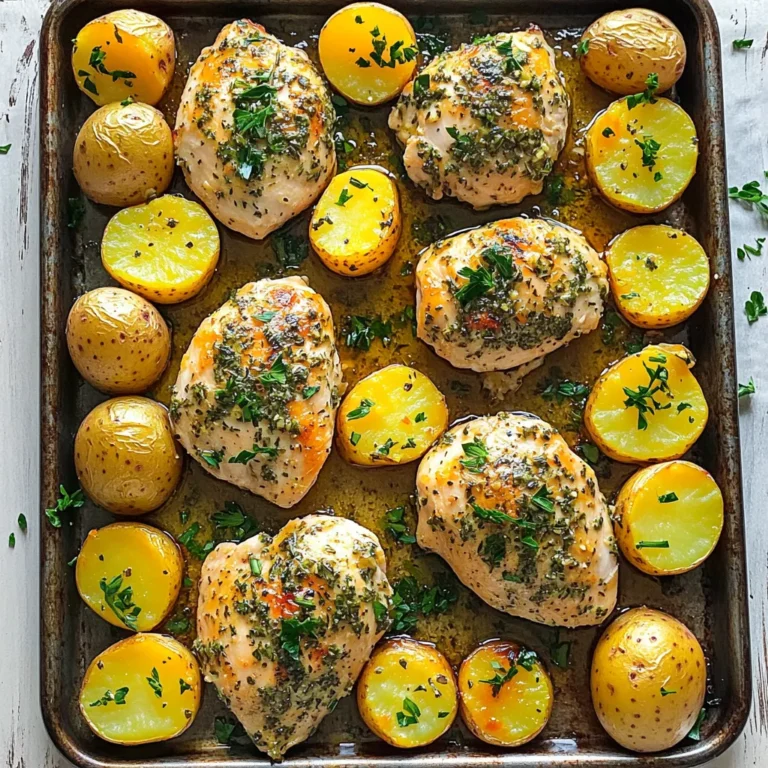 - Chicken: 4 boneless, skinless chicken breasts - Potatoes: 1.5 pounds baby potatoes, halved - Aromatics: 6 cloves garlic, minced; 2 teaspoons fresh rosemary, chopped; 2 teaspoons fresh thyme, chopped; 1 teaspoon dried oregano - Seasoning: 3 tablespoons olive oil, salt, and pepper to taste To make Garlic Herb Chicken & Potatoes, I focus on fresh, simple ingredients. The chicken should be boneless and skinless for ease. This cut cooks quickly and stays juicy. Baby potatoes give a nice texture and taste. Halving them helps them cook evenly. Garlic adds bold flavor. I use six cloves, which may sound like a lot, but it pairs well with the chicken. Fresh herbs like rosemary and thyme bring a bright touch. I also add dried oregano for depth. The seasoning is key! I use three tablespoons of olive oil, salt, and pepper. This combination helps everything come together. The oil also makes the chicken golden and crispy. With these ingredients, you can create a meal that feels fancy but is easy to prepare. 1. First, preheat your oven to 400°F (200°C). This ensures your meal cooks evenly. 2. Next, take a large bowl and mix the olive oil, minced garlic, rosemary, thyme, oregano, salt, and pepper. This mix creates a tasty marinade. 3. Add the chicken breasts to the bowl. Make sure each piece is well-coated with the herb mix. Let the chicken marinate for at least 15 minutes. This step boosts the flavor. 1. On a large sheet pan, arrange the halved baby potatoes in a single layer. Drizzle them with a little olive oil. Season with salt, pepper, and a pinch of oregano. Toss the potatoes to coat them evenly. 2. After marinating, take the chicken breasts and place them on the sheet pan alongside the potatoes. Pour any leftover marinade over the chicken for added flavor. 3. Bake everything in the preheated oven for 25-30 minutes. The chicken should be cooked through, reaching an internal temperature of 165°F (75°C), while the potatoes become tender and golden. 4. For a crispy finish, broil on high for an extra 2-3 minutes. Keep a close eye on it to avoid burning. 5. Once done, take the sheet pan out of the oven. Sprinkle with fresh parsley before serving for a nice touch. How to get the best flavor from herbs: To boost the taste of herbs, chop them finely. This helps release their oils. Fresh herbs like rosemary and thyme work best. Try to use them within a week of buying. Store them in a damp paper towel in the fridge. Dried herbs can also add flavor. Just remember to use less, as they are stronger. Marinade tips for tender chicken: Marinating chicken helps it stay juicy and adds flavor. Use a mix of olive oil, garlic, and herbs. Let the chicken sit in this mix for at least 15 minutes. For even better results, marinate it for a few hours. This gives the flavors time to soak in. Best practices for even cooking: To cook chicken and potatoes evenly, cut the potatoes into similar sizes. This helps them cook at the same rate. Also, place the chicken and potatoes in a single layer on the pan. Avoid overcrowding, as this can cause steaming instead of roasting. Achieving crispy potatoes: For crispy potatoes, start with dry baby potatoes. After cutting them, pat them with a towel. Drizzle with olive oil and season well. Bake the potatoes at high heat. If they are still soft, broil them for a few minutes. Keep an eye on them to prevent burning. {{image_2}} You can change the protein in this dish. Instead of chicken breasts, try chicken thighs or drumsticks. They add more flavor and stay juicy. You can also swap out the baby potatoes. Use carrots or green beans for a new twist. They cook well and add color to your meal. Want some heat? Add chili flakes or smoked paprika to your marinade. They give a nice kick to the chicken. You can also mix up the herbs. Try using basil or sage instead of rosemary and thyme. Each herb brings its own flavor, making the dish unique every time. To keep your Garlic Herb Chicken and Potatoes fresh, follow these steps: - Refrigeration: Place leftovers in an airtight container. This keeps moisture in and prevents drying out. Store in the fridge for up to 3 days. - Freezing: If you want to save it for later, freeze the chicken and potatoes in a freezer-safe bag. Make sure to remove as much air as possible. You can keep it frozen for up to 3 months. When you want to eat it, just thaw in the fridge overnight. You have two main options for reheating: microwave or oven. - Microwave: This is quick and easy. Place the chicken and potatoes on a microwave-safe plate. Cover with a microwave-safe lid or wrap. Heat in short bursts, checking every minute, until warmed through. - Oven: This method is better for keeping the chicken juicy and the potatoes crispy. Preheat your oven to 350°F (175°C). Place leftovers on a baking sheet. Heat for about 15-20 minutes, or until hot. This keeps the taste and texture just right. You can serve this dish with a fresh salad. A green salad adds crunch and color. You can also pair it with steamed veggies. Broccoli or green beans work well. For a heartier meal, serve it with rice or quinoa. This balance adds more texture to your plate. Yes, you can use frozen chicken. However, it is best to thaw it first. This helps the chicken cook evenly. You can thaw chicken overnight in the fridge. If you’re short on time, use the microwave. Just be sure to cook the chicken fully before serving. Check the chicken's internal temperature with a meat thermometer. You want it to reach 165°F (75°C). This ensures it is safe to eat. The chicken should be white and juices should run clear. If it’s still pink, it needs more time. This blog post covered the key steps to make Garlic Herb Chicken and Potatoes. You learned about the main ingredients, how to prepare and cook the dish, and tips for extra flavor. We also explored recipe variations and storage tips to keep your meal fresh. Embrace your cooking skills and have fun with this recipe. Share your results and enjoy the delicious flavors!