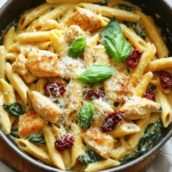 - 2 boneless, skinless chicken breasts - 8 oz pasta (penne or fusilli) - 1 cup sun-dried tomatoes in oil - 1 medium onion - 3 garlic cloves - 1 cup chicken broth - 1 cup heavy cream - 1 cup fresh spinach - Italian seasoning - Salt and pepper - Fresh basil leaves - Grated Parmesan cheese - Olive oil When making One-Pan Creamy Sun-Dried Tomato Chicken Pasta, you need a few key ingredients. First, the chicken gives the dish protein. You can use two boneless, skinless chicken breasts. Cut them into bite-sized pieces to cook evenly. Next, choose your pasta. I love using penne or fusilli. Both types hold sauce well and add to the dish's texture. You need about 8 ounces of pasta. Sun-dried tomatoes are a star in this dish. They add a rich, tangy flavor. Use one cup, drained and chopped, from a jar packed in oil. The oil adds a nice depth to the sauce. You will also need a medium onion and three garlic cloves. These aromatics create a solid base for your sauce. For the sauce, grab chicken broth and heavy cream. You need one cup of each. This mixture makes the dish creamy and comforting. A cup of fresh spinach adds color and nutrition. Lastly, don't forget seasonings. You will need Italian seasoning, salt, and pepper. These elevate the dish's flavor. Top it all off with fresh basil and grated Parmesan cheese for garnish and a burst of flavor. - Heat 2 tablespoons of olive oil in a large skillet over medium heat. - Cut 2 boneless, skinless chicken breasts into bite-sized pieces. - Season the chicken with salt, pepper, and 1 teaspoon of Italian seasoning. - Add the chicken to the hot skillet. - Sauté the chicken pieces for about 5-7 minutes until golden brown and fully cooked. - Remove the chicken from the skillet and set it aside. - In the same skillet, add 1 medium chopped onion. - Cook the onion for 2-3 minutes until it becomes soft and translucent. - Next, add 3 minced garlic cloves and stir for 30 seconds. - This step brings out the rich aroma of the garlic. - Stir in 1 cup of chopped sun-dried tomatoes drained from oil. - Pour in 1 cup of chicken broth and mix well. - Bring the mixture to a simmer and cook for 2 minutes. - This allows the flavors to blend nicely. - Add 8 oz of pasta, like penne or fusilli, to the skillet. - Make sure the pasta is fully submerged in the liquid. - Cover the skillet and let it simmer for 10-12 minutes. - Stir occasionally until the pasta is al dente, which means firm to the bite. - Once the pasta is cooked, lower the heat. - Stir in 1 cup of heavy cream for a rich sauce. - Add 1 cup of fresh spinach and stir well. - Cook for 2-3 minutes until the spinach wilts and the sauce thickens a bit. - Return the cooked chicken to the skillet. - Mix in ½ cup of grated Parmesan cheese until it melts into the sauce. - Taste and adjust seasoning with salt and pepper as needed. - Your creamy sun-dried tomato chicken pasta is ready to enjoy! To make the sauce rich and smooth, use heavy cream. It adds a nice texture and flavor. Avoid boiling the sauce; keep the heat low. This way, the cream will not curdle. Stir often to blend the flavors well. If you want a change, try tofu instead of chicken for a vegetarian option. Shrimp also makes a tasty swap. When it comes to pasta, you can use penne or fusilli. Just watch the cooking times; some types may need a few extra minutes. You can boost the taste with a pinch of crushed red pepper for heat. Add fresh garlic for a bolder flavor. For garnishing, try fresh basil leaves. They add a nice pop of color and taste. Consider adding some grated lemon zest for brightness. {{image_2}} You can easily make this dish vegetarian. For the chicken, try using tofu or chickpeas. Both options work well and add protein. You can also boost the veggie content. Add bell peppers or zucchini for a colorful touch. These veggies will add flavor and nutrition. If you like heat, try a spicy twist! Add red pepper flakes to the sauce. For more spice, use spicy sausage instead of chicken. You can also look for spicy sun-dried tomatoes. They will give your dish an extra kick. This variation is sure to please spicy food lovers. Cheese adds creaminess and flavor. If you want to change it up, try feta or goat cheese. Both add a nice tang. You can also use cream cheese for extra creaminess. This will make the sauce even richer and more satisfying. To store leftover pasta, let it cool first. Place it in an airtight container. Make sure to seal it well to avoid air. This helps keep it fresh for later. For reheating, use a skillet or microwave. Add a splash of water or broth to prevent it from drying out. Heat slowly, stirring often, until it is warm. To freeze this dish, wait until it cools. Portion it into freezer-safe containers. You can also use freezer bags, removing as much air as possible. This helps prevent freezer burn. When you want to eat it, take it out and thaw in the fridge overnight. For a quicker method, you can microwave it on low. Just be careful not to cook it too much. Leftovers last about 3 to 5 days in the fridge. Always check for signs of spoilage. If the pasta smells off or has a strange color, it’s best to toss it. Keeping your food fresh is key. This ensures you enjoy every bite of your creamy sun-dried tomato chicken pasta! Yes, you can use other pasta types. Penne and fusilli work well because their shapes hold the sauce nicely. You can also use spaghetti or rotini. Just remember, cooking times may change. For example, thin pasta like spaghetti cooks faster, while thicker pasta takes longer. Always check the package for specific cooking times. While oil-packed sun-dried tomatoes add great flavor, you can use dry ones too. If you use dry tomatoes, soak them in hot water for about 20 minutes. This helps them soften and release their flavor. You can also make your own sun-dried tomatoes. Slice fresh tomatoes, sprinkle with salt, and dry them in the oven at a low temperature for several hours. Yes, you can prepare this dish in advance. Cook it fully, then cool it down. Store it in an airtight container in the fridge for up to three days. When you’re ready to eat, reheat it on the stove over low heat. Add a splash of milk or cream to keep it creamy. Stir gently to prevent sticking. This post explored how to make a tasty creamy chicken pasta. We discussed the main and additional ingredients, the steps to cook, and some helpful tips. You can adjust ingredients based on your taste, making it your own. Whether you're sticking to the recipe or trying new variations, this dish is easy and fun. Enjoy creating a delicious meal that fits your needs and impresses your guests. Happy cooking!