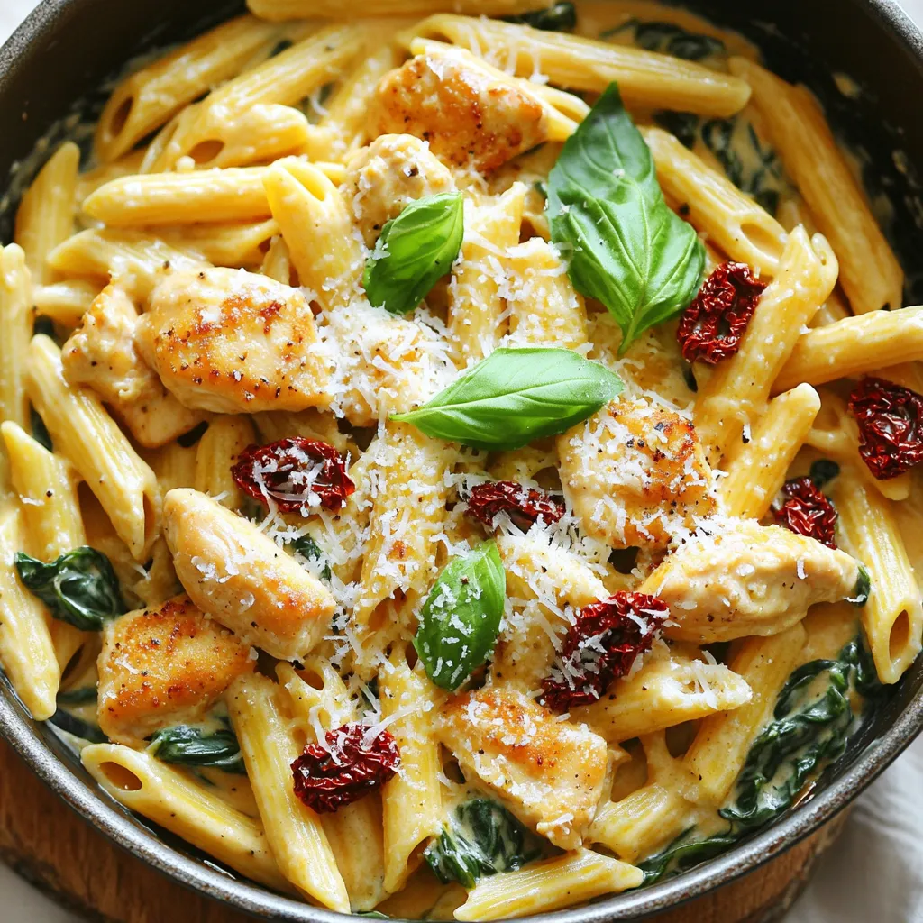 - 2 boneless, skinless chicken breasts - 8 oz pasta (penne or fusilli) - 1 cup sun-dried tomatoes in oil - 1 medium onion - 3 garlic cloves - 1 cup chicken broth - 1 cup heavy cream - 1 cup fresh spinach - Italian seasoning - Salt and pepper - Fresh basil leaves - Grated Parmesan cheese - Olive oil When making One-Pan Creamy Sun-Dried Tomato Chicken Pasta, you need a few key ingredients. First, the chicken gives the dish protein. You can use two boneless, skinless chicken breasts. Cut them into bite-sized pieces to cook evenly. Next, choose your pasta. I love using penne or fusilli. Both types hold sauce well and add to the dish's texture. You need about 8 ounces of pasta. Sun-dried tomatoes are a star in this dish. They add a rich, tangy flavor. Use one cup, drained and chopped, from a jar packed in oil. The oil adds a nice depth to the sauce. You will also need a medium onion and three garlic cloves. These aromatics create a solid base for your sauce. For the sauce, grab chicken broth and heavy cream. You need one cup of each. This mixture makes the dish creamy and comforting. A cup of fresh spinach adds color and nutrition. Lastly, don't forget seasonings. You will need Italian seasoning, salt, and pepper. These elevate the dish's flavor. Top it all off with fresh basil and grated Parmesan cheese for garnish and a burst of flavor. - Heat 2 tablespoons of olive oil in a large skillet over medium heat. - Cut 2 boneless, skinless chicken breasts into bite-sized pieces. - Season the chicken with salt, pepper, and 1 teaspoon of Italian seasoning. - Add the chicken to the hot skillet. - Sauté the chicken pieces for about 5-7 minutes until golden brown and fully cooked. - Remove the chicken from the skillet and set it aside. - In the same skillet, add 1 medium chopped onion. - Cook the onion for 2-3 minutes until it becomes soft and translucent. - Next, add 3 minced garlic cloves and stir for 30 seconds. - This step brings out the rich aroma of the garlic. - Stir in 1 cup of chopped sun-dried tomatoes drained from oil. - Pour in 1 cup of chicken broth and mix well. - Bring the mixture to a simmer and cook for 2 minutes. - This allows the flavors to blend nicely. - Add 8 oz of pasta, like penne or fusilli, to the skillet. - Make sure the pasta is fully submerged in the liquid. - Cover the skillet and let it simmer for 10-12 minutes. - Stir occasionally until the pasta is al dente, which means firm to the bite. - Once the pasta is cooked, lower the heat. - Stir in 1 cup of heavy cream for a rich sauce. - Add 1 cup of fresh spinach and stir well. - Cook for 2-3 minutes until the spinach wilts and the sauce thickens a bit. - Return the cooked chicken to the skillet. - Mix in ½ cup of grated Parmesan cheese until it melts into the sauce. - Taste and adjust seasoning with salt and pepper as needed. - Your creamy sun-dried tomato chicken pasta is ready to enjoy! To make the sauce rich and smooth, use heavy cream. It adds a nice texture and flavor. Avoid boiling the sauce; keep the heat low. This way, the cream will not curdle. Stir often to blend the flavors well. If you want a change, try tofu instead of chicken for a vegetarian option. Shrimp also makes a tasty swap. When it comes to pasta, you can use penne or fusilli. Just watch the cooking times; some types may need a few extra minutes. You can boost the taste with a pinch of crushed red pepper for heat. Add fresh garlic for a bolder flavor. For garnishing, try fresh basil leaves. They add a nice pop of color and taste. Consider adding some grated lemon zest for brightness. {{image_2}} You can easily make this dish vegetarian. For the chicken, try using tofu or chickpeas. Both options work well and add protein. You can also boost the veggie content. Add bell peppers or zucchini for a colorful touch. These veggies will add flavor and nutrition. If you like heat, try a spicy twist! Add red pepper flakes to the sauce. For more spice, use spicy sausage instead of chicken. You can also look for spicy sun-dried tomatoes. They will give your dish an extra kick. This variation is sure to please spicy food lovers. Cheese adds creaminess and flavor. If you want to change it up, try feta or goat cheese. Both add a nice tang. You can also use cream cheese for extra creaminess. This will make the sauce even richer and more satisfying. To store leftover pasta, let it cool first. Place it in an airtight container. Make sure to seal it well to avoid air. This helps keep it fresh for later. For reheating, use a skillet or microwave. Add a splash of water or broth to prevent it from drying out. Heat slowly, stirring often, until it is warm. To freeze this dish, wait until it cools. Portion it into freezer-safe containers. You can also use freezer bags, removing as much air as possible. This helps prevent freezer burn. When you want to eat it, take it out and thaw in the fridge overnight. For a quicker method, you can microwave it on low. Just be careful not to cook it too much. Leftovers last about 3 to 5 days in the fridge. Always check for signs of spoilage. If the pasta smells off or has a strange color, it’s best to toss it. Keeping your food fresh is key. This ensures you enjoy every bite of your creamy sun-dried tomato chicken pasta! Yes, you can use other pasta types. Penne and fusilli work well because their shapes hold the sauce nicely. You can also use spaghetti or rotini. Just remember, cooking times may change. For example, thin pasta like spaghetti cooks faster, while thicker pasta takes longer. Always check the package for specific cooking times. While oil-packed sun-dried tomatoes add great flavor, you can use dry ones too. If you use dry tomatoes, soak them in hot water for about 20 minutes. This helps them soften and release their flavor. You can also make your own sun-dried tomatoes. Slice fresh tomatoes, sprinkle with salt, and dry them in the oven at a low temperature for several hours. Yes, you can prepare this dish in advance. Cook it fully, then cool it down. Store it in an airtight container in the fridge for up to three days. When you’re ready to eat, reheat it on the stove over low heat. Add a splash of milk or cream to keep it creamy. Stir gently to prevent sticking. This post explored how to make a tasty creamy chicken pasta. We discussed the main and additional ingredients, the steps to cook, and some helpful tips. You can adjust ingredients based on your taste, making it your own. Whether you're sticking to the recipe or trying new variations, this dish is easy and fun. Enjoy creating a delicious meal that fits your needs and impresses your guests. Happy cooking!
