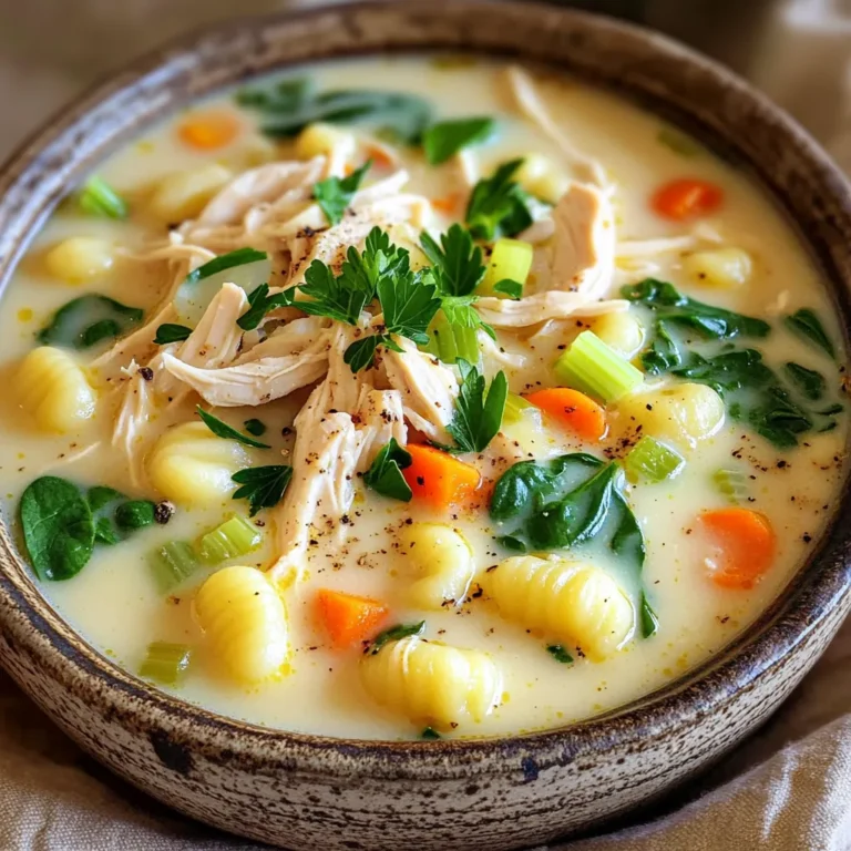 - 1 lb boneless, skinless chicken breast - 1 lb potato gnocchi - 2 cups fresh spinach - 1 medium onion, diced - 2 cloves garlic, minced - 2 medium carrots, diced - 2 celery stalks, diced - Seasonings: 1 teaspoon dried thyme, 1 teaspoon dried basil, salt, and pepper - 4 cups low-sodium chicken broth - 1 cup heavy cream or coconut cream - 2 tablespoons olive oil For this creamy chicken gnocchi soup, you want fresh and high-quality ingredients. The chicken breast is the star of the dish, providing protein. Gnocchi adds a comforting touch, making the soup hearty. Fresh spinach brings a lovely color and nutrients. When it comes to vegetables, I love using onion, garlic, carrots, and celery. They build flavor and aroma. The thyme and basil add a fragrant twist that makes the soup feel special. Use salt and pepper to season the dish to your taste. For liquids, low-sodium chicken broth gives a savory base. The heavy cream or coconut cream makes it rich and creamy. Olive oil is great for sautéing the vegetables and adds healthy fats. Gather these ingredients, and you're set for a delicious meal. Each element plays a key role in making this soup a comforting favorite. To start, gather your ingredients. You will need: - 1 lb (450g) boneless, skinless chicken breast - 4 cups low-sodium chicken broth - 1 cup heavy cream or coconut cream - 1 lb (450g) potato gnocchi - 2 cups fresh spinach - 1 medium onion, diced - 2 cloves garlic, minced - 2 medium carrots, diced - 2 celery stalks, diced - 1 teaspoon dried thyme - 1 teaspoon dried basil - Salt and pepper to taste - 2 tablespoons olive oil - Fresh parsley for garnish Next, prepare the vegetables. Dice the onion, carrots, and celery. Mince the garlic. Add these to a large slow cooker. Drizzle with olive oil and mix well. Now, season the chicken. Place the chicken breast on top of the veggies. Sprinkle salt, pepper, thyme, and basil over the chicken. This step adds great flavor to your soup. For the first cooking stage, pour the chicken broth over the chicken and vegetables. Cover the slow cooker. Cook on low for 4-6 hours or high for 2-3 hours. The chicken needs to be cooked through. After cooking, remove the chicken. Use two forks to shred it into bite-sized pieces. This makes it easy to mix back into the soup. Now, it’s time to add the gnocchi. Toss the gnocchi into the slow cooker and stir to combine. Cook on high for another 30 minutes. This will make the gnocchi tender and flavorful. Next, incorporate the cream and spinach. Add the heavy cream or coconut cream and fresh spinach to the slow cooker. Stir well and cook for another 5-10 minutes. The spinach will wilt, and the soup will heat through. Finally, return the shredded chicken to the soup. Taste it and adjust the seasoning with more salt and pepper if needed. Serve hot, garnished with freshly chopped parsley. Enjoy your creamy chicken gnocchi soup! To ensure tender chicken, start with fresh, high-quality meat. Place the chicken on top of the veggies in the slow cooker. Use low heat for a longer time. This method helps the chicken stay juicy and soft. Shred the chicken after cooking. This gives it a nice texture in the soup. Perfecting the soup consistency is key. If it’s too thick, add more broth or cream. If it’s too thin, let it cook longer with the lid off. The gnocchi will soak up some liquid, so adjust as needed. Stir gently to keep the gnocchi intact. For the best garnishes, I recommend fresh parsley. It adds a nice pop of color and flavor. You can also sprinkle some grated Parmesan cheese on top. This cheese adds a rich taste that pairs well with the soup. Pair the soup with crusty bread for dipping. A simple side salad works great too. Choose greens with a light vinaigrette to balance the creamy soup. To make the soup lighter, consider using coconut cream instead of heavy cream. This option still keeps the soup rich but reduces calories. You can also try half-and-half for a middle ground between cream and milk. To reduce sodium content, use low-sodium chicken broth. Rinse canned vegetables if you use them. This can help cut down on extra salt. Always taste your soup before serving. Adjust seasoning if needed. {{image_2}} You can change the protein in this soup. Turkey works great instead of chicken. If you want a veggie twist, use kale or zucchini. These swaps keep the soup fresh and exciting. Add cheese for a richer flavor. Parmesan is a fantastic choice. It melts beautifully and adds depth. For those who like a kick, sprinkle in some red pepper flakes. This adds a nice heat without overpowering the dish. If you need gluten-free options, there are many brands of gluten-free gnocchi. They taste just as good and work well in this soup. For a vegan version, swap the cream for coconut cream. Use plant-based broth and skip the chicken. You’ll enjoy a creamy, hearty soup that everyone will love. To store leftovers, cool the soup down to room temperature. Then, pour it into airtight containers. This keeps the soup fresh. I like to use glass containers. They are safe and easy to clean. Make sure to seal them tightly. This helps prevent spills and keeps the soup tasty. If you want to freeze the soup, let it cool first. Pour it into freezer-safe bags or containers. Leave some space at the top. This allows for expansion when frozen. When you are ready to eat, thaw it in the fridge overnight. Then, reheat it on the stove. Stir it often and add a splash of broth if needed. In the fridge, the soup lasts about 3-4 days. In the freezer, it can stay good for up to 3 months. Look for changes in color or smell. If the soup smells sour or looks off, it is best to toss it. Always trust your senses when checking for spoilage. Yes, you can use frozen chicken. It changes the cooking time. If you start with frozen chicken, cook it on high for 4-5 hours. This ensures it gets cooked through. The texture may be slightly different. It can be a bit less tender, but it will still taste great. To thicken the soup, you have a few options. You can add more heavy cream. This will make it rich and creamy. Another method is to mix in a cornstarch slurry. Just mix equal parts cornstarch and cold water. Stir it into the soup and cook for a few more minutes. Alternatively, you can mash some of the gnocchi against the side of the slow cooker. This will help thicken the soup naturally. Cooking gnocchi for too long is not ideal. If you overcook it, the gnocchi can become mushy. It may lose its shape and texture. You want to cook it for about 30 minutes after adding it to the soup. This keeps it tender but not too soft. This blog post covered a tasty slow cooker soup with chicken, gnocchi, and spinach. I shared the main ingredients, steps, and tips to make it great. You can swap ingredients or lighten the recipe to fit your needs. Don’t forget storage tips for leftovers. Overall, this dish is simple, warm, and perfect for any meal. Enjoy creating your own version of this comforting recipe!