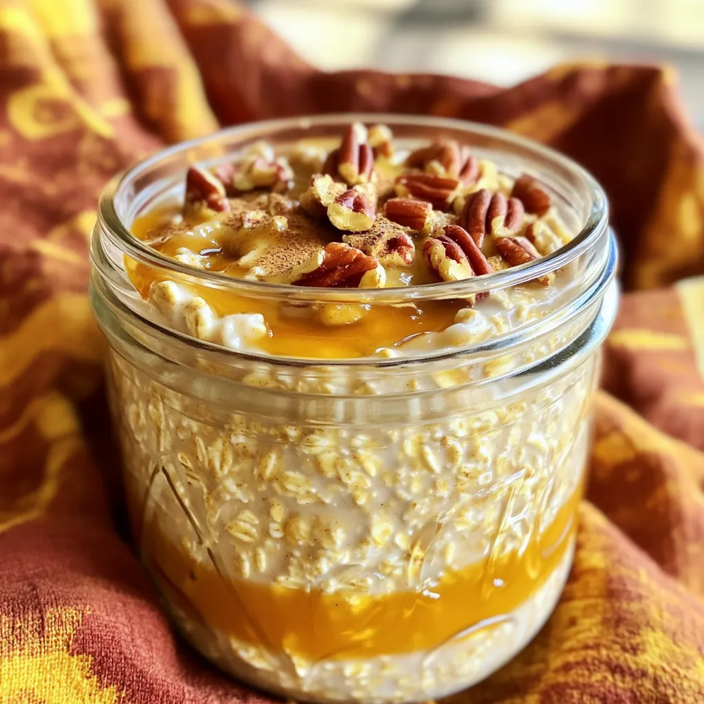 To make delicious pumpkin spice overnight oats, you need a few simple ingredients. Here’s what you’ll need: - 1 cup rolled oats - 1 cup almond milk (or any milk of choice) - 1/2 cup canned pumpkin puree - 1 tablespoon maple syrup - 1 teaspoon pumpkin pie spice - 1/2 teaspoon vanilla extract - A pinch of salt - 1/4 cup Greek yogurt (optional, for creaminess) - Toppings: Chopped pecans or walnuts and a sprinkle of cinnamon Each ingredient plays a vital role in creating the perfect blend of flavors. The rolled oats provide a hearty base, while the almond milk adds creaminess. The pumpkin puree gives a rich texture and a warm flavor. Maple syrup sweetens the mix, and pumpkin pie spice brings that cozy fall taste. Vanilla extract enhances the overall flavor, and a pinch of salt brightens it all up. If you want a creamier texture, Greek yogurt is a fantastic choice. Finally, the chopped nuts and cinnamon on top add a crunchy finish. By using these ingredients, you can create a breakfast that is both tasty and filling. Enjoy the process, and remember that the best part is the delightful flavor that awaits you in the morning! - First, combine all ingredients in a mixing bowl. - Use the following: - 1 cup rolled oats - 1 cup almond milk (or any milk of choice) - 1/2 cup canned pumpkin puree - 1 tablespoon maple syrup - 1 teaspoon pumpkin pie spice - 1/2 teaspoon vanilla extract - A pinch of salt - 1/4 cup Greek yogurt (optional) - Mix thoroughly until everything is well combined. - Transfer this mixture to an airtight container for refrigeration. - Now, refrigerate for at least 4 hours or, even better, overnight. - This helps the oats soak up all the tasty flavors. - In the morning, stir the oats again. - If you prefer a thinner consistency, add a splash of milk. - Serve the pumpkin spice oats in bowls or jars. - Top with chopped pecans or walnuts for a nice crunch. - Finish with a sprinkle of cinnamon for extra flavor. To get the right texture for your oats, you can adjust the liquid. If you want thicker oats, use less milk. Start with three-quarters of a cup of milk. If you prefer thinner oats, add more milk until you reach your desired consistency. A splash of milk in the morning can help too. This way, you can enjoy your oats just how you like them. Pumpkin spice is great, but you can mix in more flavors. Try adding a dash of nutmeg or ginger for extra warmth. If you want a sweeter taste, sprinkle in some brown sugar or honey. You could also swap in chocolate chips for a dessert vibe. Get creative and make it your own! Preparing your oats in bulk saves time. You can make enough for the whole week. Just double or triple the recipe and store them in jars. Keep them in the fridge, and grab one each morning. This makes breakfast super easy and quick. Plus, you can switch up the toppings daily! {{image_2}} You can change the milk and yogurt to fit your needs. Here are some options: - Use oat milk or soy milk for a non-dairy choice. - Try coconut yogurt instead of Greek yogurt for a dairy-free version. - Swap maple syrup for honey or agave for sweetness. - Add nutmeg or ginger for more spice. These changes keep the oats tasty and suit your diet. Fall brings many flavors to enjoy. You can add other ingredients to your oats: - Mix in diced apples for a fruity twist. - Add chopped pecans for crunch and flavor. - Sprinkle in some dried cranberries for a sweet touch. These additions make your pumpkin spice oats even more delightful. To make this recipe completely vegan, follow these steps: - Use almond milk or another plant-based milk. - Skip the Greek yogurt or use a non-dairy yogurt. - Replace honey with maple syrup or agave. These simple swaps keep your oats vegan and delicious. Enjoy the taste without any animal products! To store your pumpkin spice overnight oats, use a clean container. An airtight jar works best. This keeps your oats fresh and prevents them from drying out. Make sure the lid is sealed tight. If you make more than one serving, you can separate them into jars. This makes it easy for quick breakfasts. You can enjoy these oats cold or warm. If you prefer warm oats, simply heat them in the microwave. Start with 30 seconds and check the temperature. Stir well and heat more if needed. If you like them cold, just grab a jar and go. You can eat them straight from the jar or pour them into a bowl. These oats last about 3 to 5 days in the fridge. The flavors get better as they sit. Just remember to check for any signs of spoilage before eating. If the oats smell off or look strange, it’s best to toss them. Enjoy your tasty and healthy breakfast! Yes, you can use quick oats. However, they absorb liquid faster. This might change the texture. Rolled oats give a chewier bite. Quick oats will make your oats softer and creamier. You can store these oats for up to five days. Use an airtight container. Keep them in the fridge. The flavors will blend, making them even tastier. Absolutely! Just swap almond milk for oat milk or soy milk. You can also leave out the nuts. This keeps it nut-free but still yummy. Get creative! You can add fresh fruit like bananas or apples. Dried fruits like cranberries or raisins work well too. Try adding chia seeds for extra crunch. Yes! Just double all the ingredients. This makes it simple to prep for more servings. Store any extra oats in the fridge for later. In this blog post, I shared a simple recipe for pumpkin spice overnight oats. You learned the ingredients and preparation steps needed to make this tasty breakfast. I provided tips for storage and variations to suit your taste. Enjoy this easy and healthy meal that you can prep ahead. It’s perfect for busy mornings or any time you crave something delicious. With different toppings and flavors, you can keep it fresh and fun. Try it out and enjoy your homemade oats.