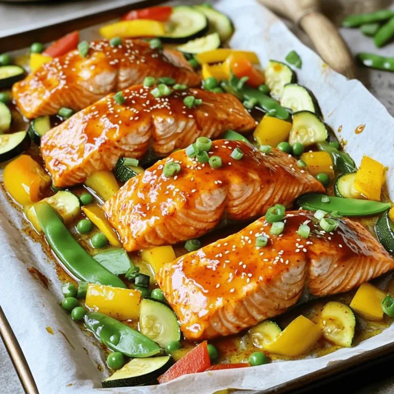 - 4 salmon fillets - 1/4 cup sweet chili sauce - 2 tablespoons soy sauce - 1 tablespoon freshly grated ginger - 2 cloves garlic, minced - 1 bell pepper (red or yellow), sliced - 1 zucchini, sliced - 1 cup snap peas - 2 tablespoons olive oil - Salt and pepper to taste - 2 green onions, sliced - Sesame seeds for garnish For this recipe, I love using fresh salmon fillets. They taste great and cook quickly. Sweet chili sauce gives the salmon a nice, sweet heat. The marinade adds flavor, thanks to soy sauce, ginger, and garlic. I always choose fresh vegetables for this dish. Bell peppers add color and crunch. Zucchini gives a soft texture, and snap peas bring sweetness. Toss these veggies in olive oil, salt, and pepper to make them shine. Finally, don’t skip the garnishes! Green onions and sesame seeds add a lovely touch. They not only look pretty but also add a burst of flavor. Now you’re ready to create a tasty meal! - Preheat the oven to 400°F (200°C). - Line a large baking sheet with parchment paper. First, you need to heat your oven. This step is key for cooking the salmon evenly. While the oven warms, get your baking sheet ready. Parchment paper keeps the salmon from sticking and makes cleanup easy. - Whisk together sweet chili sauce, soy sauce, ginger, and garlic. Next, make your marinade. In a small bowl, combine sweet chili sauce, soy sauce, grated ginger, and minced garlic. Use a whisk to mix them well. This marinade adds a sweet and spicy kick to the salmon. - Place salmon fillets and brush with marinade. - Toss vegetables with olive oil, salt, and pepper, then spread on the baking sheet. Now, it’s time to arrange your salmon and veggies. Place the salmon fillets on one side of the baking sheet. Brush them generously with the marinade you just made. Don’t forget to save some marinade for later! In another bowl, toss your sliced bell pepper, zucchini, and snap peas with olive oil, salt, and pepper. This step gives the veggies great flavor. Spread them on the baking sheet next to the salmon. - Bake for 15-20 minutes. - Drizzle reserved marinade in the last 2 minutes of baking. Put the baking sheet in the oven. Bake for 15 to 20 minutes. Keep an eye on the salmon; it should be flaky when done. In the last 2 minutes, drizzle the reserved marinade on top. This adds an extra layer of flavor to both the salmon and the veggies. Enjoy the delicious smell filling your kitchen! To get perfectly cooked salmon, look for a few signs. The flesh should change from bright pink to a pale, opaque color. You can also check if it flakes easily with a fork. A meat thermometer is your best friend here. Insert it into the thickest part of the salmon. It should read 145°F (63°C) for safe eating. This method prevents overcooking. Overcooked salmon can become dry and lose its flavor. Want more heat in your marinade? Add chili flakes or a touch of sriracha for a kick. This will make your dish spicy and exciting. If you want a gluten-free option, swap soy sauce for tamari or coconut aminos. Both options work well and still give a great taste. Don't be afraid to play with the flavors until you find your favorite mix. Feel free to switch up the vegetables! You can use asparagus, broccoli, or carrots for variety. Aim for a mix of colors for a beautiful plate. To ensure your veggies are crisp-tender, toss them well with olive oil, salt, and pepper. Spread them evenly on the baking sheet. This way, they cook perfectly alongside the salmon. Enjoy the crunch and vibrant flavors! {{image_2}} You can easily swap salmon for chicken or tofu. Both options taste great with the sweet chili sauce. - For chicken, use boneless breasts or thighs. Make sure to cook them for 25-30 minutes. - For tofu, press it first to remove water. Bake it for about 20-25 minutes. Adjust your cooking time based on the protein you choose. This change keeps the meal fun and fresh. Feel free to play with flavors. Teriyaki or hoisin sauce can replace sweet chili sauce. Both add a unique taste. - If you want a kick, add chili flakes or sriracha. - Fresh herbs like cilantro or basil add brightness. Experiment with spices too. This changes the dish while keeping it easy to make. Using seasonal veggies makes the dish better. Fresh ingredients boost flavor and nutrition. - Try asparagus in spring, or butternut squash in fall. - Bell peppers and zucchini are good any time of year. Keep an eye on what's fresh at your store. Adjust the recipe to use what you find. This ensures your meal is always tasty and exciting. To store leftovers properly, let the salmon cool first. Place it in an airtight container. Add the veggies too. Make sure to leave some space at the top. This helps prevent sogginess. You can keep it in the fridge for up to three days. For recommended storage containers, use glass or BPA-free plastic. They seal tightly and keep food fresh. Label each container with the date. This way, you know how long it has been stored. The best methods for reheating salmon include the oven or microwave. For the oven, preheat it to 350°F (175°C). Place the salmon on a baking sheet. Cover it with foil to keep it moist. Heat for about 10 minutes. For the microwave, use a microwave-safe plate. Cover the salmon with a damp paper towel. Heat in short bursts of 30 seconds. Check often to avoid overcooking. This keeps the texture and flavor intact. When freezing leftovers, let them cool completely. Wrap each piece in plastic wrap. Then, place them in a freezer bag. Squeeze out as much air as you can. This helps prevent freezer burn. You can freeze them for up to three months. For best practices in thawing frozen salmon, move it to the fridge overnight. This is the safest way to thaw. If you are in a hurry, you can use cold water. Just keep the salmon in its sealed bag and change the water every 30 minutes. Yes, you can use frozen salmon. To thaw it, place the salmon in the fridge overnight. If you need it faster, seal it in a plastic bag and submerge it in cold water for about an hour. Once thawed, pat the salmon dry before applying the marinade. This step helps the flavors stick better. This dish pairs well with: - Steamed rice or quinoa - Roasted sweet potatoes - A simple green salad - Garlic bread - Stir-fried vegetables These sides balance the sweet and spicy flavors of the salmon. To check if the salmon is done, look for these signs: - The flesh should be opaque and easily flake with a fork. - A meat thermometer should read 145°F (63°C) in the thickest part. Avoid overcooking, as it can dry out the salmon. Yes, you can make the marinade ahead of time. Store it in an airtight container in the fridge for up to three days. This allows the flavors to blend nicely. Just give it a good stir before using it on the salmon. In this blog post, we explored creating a delicious Sheet Pan Sweet Chili Salmon. We covered key ingredients, from salmon fillets to fresh vegetables. I shared step-by-step instructions, important tips, and flavorful variations. Remember, perfect cooking and delicious veggies make a big difference. Don’t hesitate to experiment with flavors and adjust to your taste. Enjoy your meal prep, and don’t forget to share the results with friends or family!