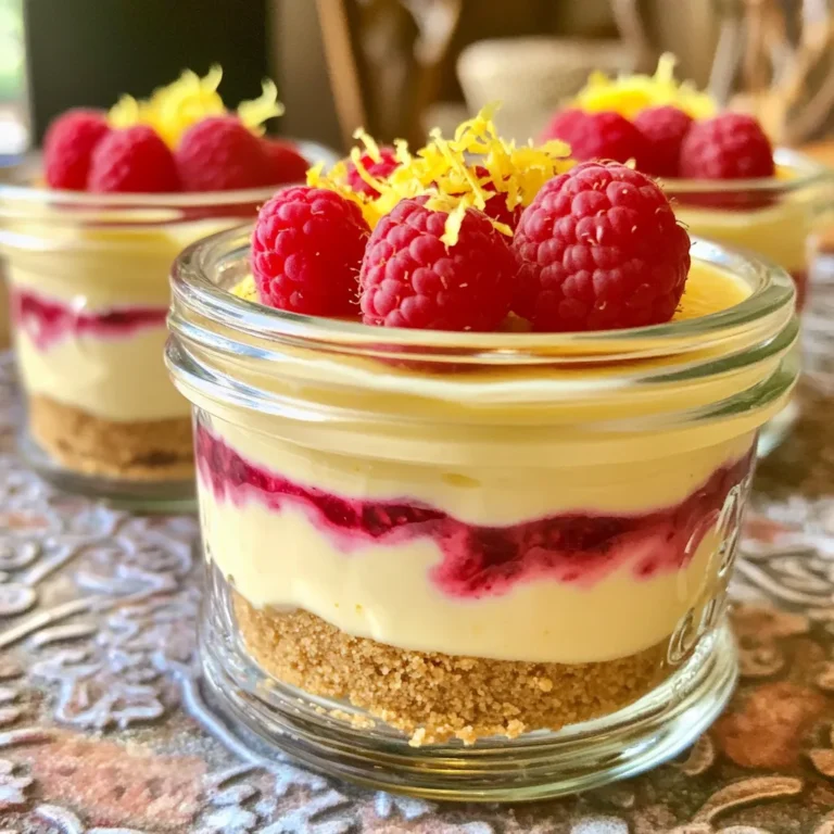To make these No-Bake Lemon Raspberry Cheesecake Jars, you need some key ingredients. Here’s a list: - 1 cup graham cracker crumbs - 1/4 cup unsalted butter, melted - 2 cups cream cheese, softened - 1 cup powdered sugar - 1/4 cup fresh lemon juice - Zest of 1 lemon - 1 teaspoon vanilla extract - 1 cup heavy whipping cream - 1 cup fresh raspberries These ingredients create a creamy and tangy cheesecake base, paired with a sweet crust. You can add fun touches to your jars. Here are some ideas: - Additional fresh raspberries - Lemon zest for extra flavor - Mint leaves for a pop of color - Whipped cream for a creamy top These garnishes add flair and enhance the taste of your dessert. If you have allergies or special diets, don’t worry! Here are some swaps: - Use gluten-free graham crackers for a gluten-free option. - Swap cream cheese with a dairy-free cream cheese for a vegan choice. - Substitute powdered sugar with coconut sugar for a healthier option. These substitutions help you enjoy the cheesecake jars without worry. To make the crust, start with graham cracker crumbs. In a medium bowl, mix 1 cup of crumbs with 1/4 cup of melted butter. Use a fork to blend until the crumbs look wet. This mix will hold together well. Next, take about 1/4 cup of this crumb mix and spoon it into each jar. Press it down firmly. This step creates a solid base for your cheesecake. Set the jars aside while you make the filling. Now, let’s make the filling. In a large bowl, beat 2 cups of softened cream cheese using an electric mixer. Keep mixing until it’s creamy and smooth. Gradually add in 1 cup of powdered sugar, 1/4 cup of fresh lemon juice, the zest of 1 lemon, and 1 teaspoon of vanilla extract. Mix until everything is well combined. In another bowl, whip 1 cup of heavy cream until you see soft peaks. Gently fold the whipped cream into the cream cheese mix. This makes your filling light and fluffy. It’s time to assemble! Spoon or pipe the cheesecake filling over the crust in each jar. Fill them almost to the top but leave a bit of space. Smooth the surface with a spatula. Next, take 1 cup of fresh raspberries and place them on top of each jar. Gently press them into the filling. Cover each jar with a lid or plastic wrap. Put them in the fridge for at least 4 hours, or overnight if you can wait. This helps the cheesecake set nicely. Before serving, add more raspberries and a sprinkle of lemon zest on top for a pretty finish! To get a smooth and creamy texture, start with softened cream cheese. If it’s too cold, it will be lumpy. Beat it well until it’s fluffy. Next, fold in the whipped cream slowly. This keeps the mixture light and airy. Avoid stirring too roughly, as that can deflate the whipped cream. The goal is to mix until just combined. Whipping cream needs to be cold for the best results. Chill your mixing bowl and beaters in the fridge for about 10 minutes. Start on low speed to avoid splattering. Gradually increase to high speed until soft peaks form. This means the cream should hold its shape but still be smooth. If you over-whip, it can turn grainy, so watch it closely! You can make these cheesecake jars a day ahead. They need time to set, so refrigerate them for at least four hours, or overnight is best. When ready to serve, add fresh raspberries and lemon zest on top. This adds a pop of color and flavor. You can also use a piping bag for a fancy touch. These jars not only taste great, but they also look wonderful on any table. {{image_2}} You can change the fruit in your cheesecake jars. Try blueberries, strawberries, or peaches. Each fruit adds its own flavor. You can mix berries for a fun twist. Just remember to adjust the sweetness. Some fruits are sweeter than others. If you want to cut sugar, use honey or maple syrup. These sweeteners add a different taste. You can also try stevia or monk fruit for a low-calorie option. Just be careful with the amount. Some are much sweeter than sugar. Lemon is bright and fresh, but you can try other flavors too. Add cocoa powder for chocolate cheesecake. Use vanilla extract for a classic taste. You can even stir in some peanut butter for a nutty kick. Just keep the basic recipe the same and have fun! To store your leftover cheesecake jars, cover each jar tightly. You can use a lid or plastic wrap. This keeps the flavors fresh and prevents drying. Place them in the fridge. They will stay tasty for about three to four days. You can freeze these cheesecake jars if you want to save some for later. First, make sure they are well-covered. Use a lid or wrap them in plastic. They can last up to two months in the freezer. When you are ready to eat, move them to the fridge for a few hours to thaw. These cheesecake jars are best fresh but can last in the fridge for a few days. Make sure to check for any signs of spoilage. If the cream cheese smells sour or the crust feels hard, it’s time to toss it. Always keep your jars cold until you are ready to serve. This keeps them safe to eat and ensures great flavor. Yes, you can use low-fat cream cheese. It will change the texture slightly. The cheesecake may be less rich but still tasty. Look for brands that whip well. They can create a lighter filling. Just remember, the taste may not be as creamy. To make this recipe gluten-free, use gluten-free graham crackers. Many brands offer gluten-free options. You can also use crushed nuts for the crust. Almonds or pecans work well. Just mix them with melted butter like you would with graham crackers. The best way to whip cream is to start with cold cream. Use a bowl that is also cold. A metal bowl works best for this. Begin at a low speed and slowly increase it. Whip until soft peaks form. Watch closely so you don’t overwhip it. Overwhipped cream will become butter. In this post, we explored making cheesecake jars. We covered essential ingredients, step-by-step instructions, helpful tips, tasty variations, and smart storage methods. You can choose different flavors and toppings, so get creative! Remember, you can make adjustments for allergies or dietary needs. Cheesecake jars are easy to whip up and perfect for sharing. Keep these tips in mind, and enjoy your delicious treats!