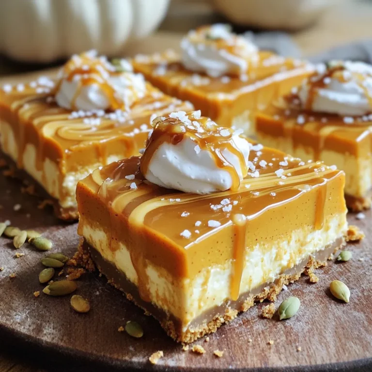 - Essential ingredients for the crust - 1 ½ cups graham cracker crumbs - ⅓ cup granulated sugar - ½ cup unsalted butter, melted - Key ingredients for the cheesecake filling - 1 can (15 oz) pure pumpkin puree - 16 oz cream cheese, softened - ¾ cup brown sugar - ½ cup granulated sugar - 3 large eggs - 1 teaspoon vanilla extract - 1 teaspoon ground cinnamon - ½ teaspoon ground nutmeg - ½ teaspoon ground ginger - ½ teaspoon salt - Final touches with salted caramel and garnish - 1 cup salted caramel sauce (store-bought or homemade) - Sea salt for garnish These ingredients come together to create a flavor-packed dessert. The crust is sweet and buttery. The filling is creamy, with warm spices that sing of fall. The salted caramel adds a rich finish. Each bar is a perfect bite of sweet and salty. Choosing quality ingredients makes a big difference. Use fresh spices for a stronger flavor. If you want to make it even better, try homemade caramel. It’s a fun twist that impresses everyone! - Prepping the baking dish and crust Start by preheating your oven to 350°F (175°C). Grab a 9x13 inch baking dish. Line it with parchment paper. Let some paper hang over the edges. This helps with easy removal later. - Mixing and baking the crust In a mixing bowl, combine 1 ½ cups of graham cracker crumbs with ⅓ cup of granulated sugar. Pour in ½ cup of melted butter. Mix until the crumbs are moist. Press this mixture into the bottom of your baking dish. Bake for 10 minutes. Let it cool slightly after baking. - Creating the cheesecake filling In a large bowl, beat 16 oz of softened cream cheese with a hand mixer until smooth. This takes about 2-3 minutes. Now add 1 can of pure pumpkin puree, ¾ cup of brown sugar, and ½ cup of granulated sugar. Add 3 large eggs, one at a time. Mix in 1 teaspoon of vanilla extract, 1 teaspoon of ground cinnamon, ½ teaspoon of ground nutmeg, ½ teaspoon of ground ginger, and ½ teaspoon of salt. Beat until everything is smooth and well mixed. - Pouring and swirling the salted caramel Pour the pumpkin cheesecake batter over your cooled crust. Use a spatula to smooth the top. Drizzle 1 cup of salted caramel sauce over the batter. Use a toothpick or knife to swirl the caramel gently into the filling. - Baking time and temperature guidelines Bake the bars for 35-40 minutes. The edges should be set, but the center should still jiggle a bit. This is key for a creamy texture. - Cooling and chilling instructions Once done, remove the bars from the oven. Let them cool at room temperature. After cooling, refrigerate for at least 4 hours, but overnight is best. This helps the bars fully set. Enjoy the process, and remember to savor every step! To get a smooth filling texture, start with softened cream cheese. Cold cream cheese can create lumps. Let it sit out for 30 minutes before mixing. This helps it blend better with other ingredients. For temperature tips, always check the cream cheese. It should feel soft and creamy. If not, it won't mix well. A hand mixer helps blend everything smoothly in about 2-3 minutes. To achieve the perfect swirl with caramel, drizzle half of the salted caramel sauce on top. Use a toothpick or knife to swirl it gently. Don’t overdo it; you want defined lines of caramel in your bars. You can serve the bars in many fun ways. Cut them into squares or rectangles. Add a dollop of whipped cream for a nice touch. Drizzle more salted caramel on top right before serving. For flavor pairings, think about vanilla ice cream. It balances the rich pumpkin and caramel well. You can also serve them with coffee or spiced chai for a cozy treat. For presentation, use a pretty platter. Add some pumpkin seeds or a sprinkle of cinnamon for color. These small details make your dessert look more inviting. {{image_2}} You can change this recipe in fun ways. First, try different spices. Instead of just cinnamon, nutmeg, and ginger, add a pinch of allspice or cardamom for more warmth. You can also mix in some cocoa powder for a chocolate twist. Next, think about the crust. While graham cracker crumbs work great, nut-based crusts can add a new flavor. Almond or pecan flour can give you a nutty taste. Just mix it with melted butter and press it into your pan. Lastly, consider using different types of caramel. You can try a dark caramel for a deeper flavor. Or, make a maple caramel for a unique twist. Just pick the one that excites your taste buds! If you need gluten-free options, swap graham cracker crumbs with gluten-free crumbs. There are many brands available at grocery stores. They work just as well and taste great! For vegan versions, use plant-based cream cheese and eggs. You can replace eggs with flaxseed meal mixed with water. This will keep the mixture together without using eggs. If you want to cut back on sugar, use natural sweeteners like maple syrup or agave. Just adjust the amount since these sweeteners can be sweeter than sugar. You can enjoy these cheesecake bars while sticking to your dietary needs! To keep your salted caramel pumpkin cheesecake bars fresh, store them in the fridge. Place the bars in an airtight container. They will stay good for about five days. You can also wrap them tightly in plastic wrap before putting them in the container. If you want to keep them longer, freezing is a great option. For freezing, cut the bars into pieces. Wrap each piece in plastic wrap, then place them in a freezer-safe bag. They can stay in the freezer for up to three months. Make sure to label the bag with the date so you can keep track. When you're ready to enjoy your bars again, reheating is simple. Take a piece out of the fridge or freezer. If frozen, let it thaw in the fridge overnight. To reheat, use a microwave. Heat each bar for about 15-20 seconds. This keeps them warm without drying them out. If you want to heat them in the oven, preheat it to 350°F (175°C). Place the bars on a baking sheet and heat for about 10 minutes. This method helps keep the texture smooth and the flavor rich. Enjoy your delicious treat! How long can salted caramel pumpkin cheesecake bars last? These bars can last about 5 days in the fridge. Keep them in an airtight container. If you want to store them longer, you can freeze them. Can I use fresh pumpkin instead of canned? Yes, you can use fresh pumpkin. Just roast and puree it until smooth. Make sure it’s not too watery. What to do if the cheesecake cracks? If your cheesecake cracks, don’t worry! It will still taste great. You can cover cracks with salted caramel or whipped cream. How to make homemade salted caramel? To make homemade salted caramel: - In a saucepan, heat 1 cup of sugar over medium heat. - Stir until it melts into a golden liquid. - Add 6 tablespoons of butter and stir until melted. - Remove from heat and slowly add ½ cup of heavy cream. - Stir in 1 teaspoon of sea salt. Can these bars be made ahead of time? Absolutely! These bars are great to make a day or two ahead. Just chill them in the fridge until you’re ready to serve. To make salted caramel pumpkin cheesecake bars, start with the right ingredients for the crust and filling. Follow the step-by-step guide for mixing, baking, and chilling. Use tips for perfect texture and serving styles. Experiment with flavors and dietary needs to suit your taste. Store leftovers properly and know how to reheat them to keep your bars delicious. With these insights, you can create some amazing treats. Enjoy baking and sharing these delightful cheesecake bars with friends and family!