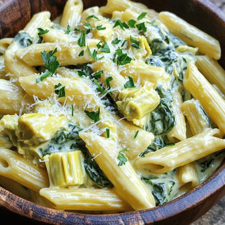 - 12 oz penne pasta - 1 can (14 oz) artichoke hearts, drained and quartered - 3 cups fresh spinach, roughly chopped - 1 cup cream cheese, softened - 1 cup grated Parmesan cheese - 2 cups vegetable broth - 1 cup milk (or plant-based milk) - 2 cloves garlic, minced - 1 teaspoon onion powder - 1 teaspoon garlic powder - 1 teaspoon Italian seasoning - Salt and pepper to taste - Fresh parsley, chopped (for garnish) You can switch out penne pasta for any pasta you like. Bowtie or rotini works great too. If you don’t have artichokes, try using mushrooms for a different flavor. Cream cheese can be replaced with Greek yogurt for a lighter twist. For a dairy-free option, use a nut-based cream cheese. You can also swap Parmesan for a dairy-free cheese option. This keeps it tasty while meeting diet needs. This creamy spinach artichoke pasta serves about four people. Each serving is rich in flavor and nutrients. It contains around 400 calories, with 15 grams of protein. You also get 20 grams of fat and 45 grams of carbs. The spinach gives you vitamins A and C, and artichokes add fiber. This dish is not just comfort food; it also provides health benefits. Start by gathering all your ingredients. You will need 12 ounces of penne pasta, 1 can of artichoke hearts, and 3 cups of fresh spinach. Also, get 1 cup of softened cream cheese, 1 cup of grated Parmesan cheese, and 2 cups of vegetable broth. Don't forget 1 cup of milk, 2 cloves of minced garlic, and your spices: onion powder, garlic powder, and Italian seasoning. Finally, have salt and pepper ready to taste. In a large pot, mix the penne pasta, vegetable broth, milk, and minced garlic. Add onion powder, garlic powder, and Italian seasoning. Stir all the ingredients well. Bring the pot to a boil over medium-high heat. Once it boils, lower the heat to medium-low. Cover the pot and let it simmer for about 10-12 minutes. Stir occasionally until the pasta is al dente, and most of the liquid is absorbed. After the pasta is done, stir in the softened cream cheese until it melts into a creamy sauce. Next, add the grated Parmesan cheese and mix well. Gently fold in the artichoke hearts and chopped spinach. Cook for an extra 2-3 minutes until the spinach wilts and everything is heated through. Season with salt and pepper to your taste. To cook pasta perfectly, always add enough liquid to cover it. Stir often to prevent sticking. Keep an eye on the time to avoid overcooking. Al dente pasta should have a slight bite. If you want a creamier sauce, let the dish sit for a couple of minutes after cooking. This helps thicken the sauce. For a fun twist, try adding a sprinkle of extra cheese before serving! To keep your pasta creamy, add the cream cheese while it's hot. This will help it melt nicely. Stir it in gently until it blends well. If the sauce seems too thick, add a splash of milk. This will make it smooth and rich. One common mistake is overcooking the pasta. Always check it a minute or two before the time ends. If you cook it too long, it can become mushy. Another mistake is not stirring enough. Stir the pot to keep the pasta from sticking together. Using fresh garlic gives a great flavor boost. You can also add a pinch of red pepper flakes for heat. Italian seasoning adds depth, but feel free to add your favorites. A squeeze of lemon juice can brighten up the dish too. Don't forget to taste and adjust seasoning before serving! {{image_2}} If you want to keep this dish vegetarian, focus on rich flavors. You can swap the cream cheese for a plant-based cream cheese. This option keeps your pasta creamy and delicious. Also, use nutritional yeast instead of Parmesan for a cheesy taste without dairy. For those who enjoy protein, consider adding cooked chicken or shrimp. These options blend well with the creamy sauce. You might also try chickpeas or lentils for a vegetarian protein boost. Simply fold them in during the last few minutes of cooking to heat through. Feel free to mix in other veggies for added nutrients and flavor. Bell peppers, zucchini, or mushrooms can elevate this dish. Just chop them up and add them to the pot when you cook the pasta. Cook until they soften, then continue with the recipe. This way, you can create your perfect creamy spinach artichoke pasta. To keep your creamy spinach artichoke pasta fresh, let it cool first. Place the pasta in an airtight container. You can store it in the fridge for up to 3 days. Make sure the lid seals tightly to keep out air. When you're ready to eat, take the pasta out of the fridge. You can reheat it in a pot over low heat. Add a splash of milk or broth to keep it creamy. Stir often until it warms up. You can also microwave it in a bowl. Cover the bowl with a paper towel to avoid splatters. If you want to freeze your pasta, pack it in a freezer-safe container. Leave some space at the top since it will expand. It can stay in the freezer for about 2 months. When you're ready to eat, thaw it overnight in the fridge. Then, reheat it on the stove or in the microwave. Add a little milk to help restore the creaminess. Yes, you can use other pasta shapes. Bowtie or fusilli work great too. Just keep an eye on the cooking time. Different shapes can change the dish's texture, but they all taste good. You can use Greek yogurt or a non-dairy cream cheese. Both options will still give you a creamy texture. If you want a lighter version, try ricotta cheese. Each option adds a unique flavor. To make this dish gluten-free, switch the penne pasta for gluten-free pasta. Many brands offer great options. Ensure your vegetable broth is also gluten-free. This way, you can enjoy it without worry. Absolutely! Chicken or shrimp would be delicious in this pasta. Cook the meat separately before adding it to the pot. This adds protein and makes the meal more filling. Just remember to adjust cooking times as needed. You learned about key ingredients, cooking steps, and flavor tips for pasta. I shared how to store and reheat leftovers, too. Remember, experimenting leads to tasty variations. You can swap ingredients or add proteins for a personal touch. Keeping your pasta creamy is all about the right techniques. Avoid common mistakes to boost your dish’s flavor. Use these tips to make your meals better every time. Enjoy your cooking journey and share it with others!