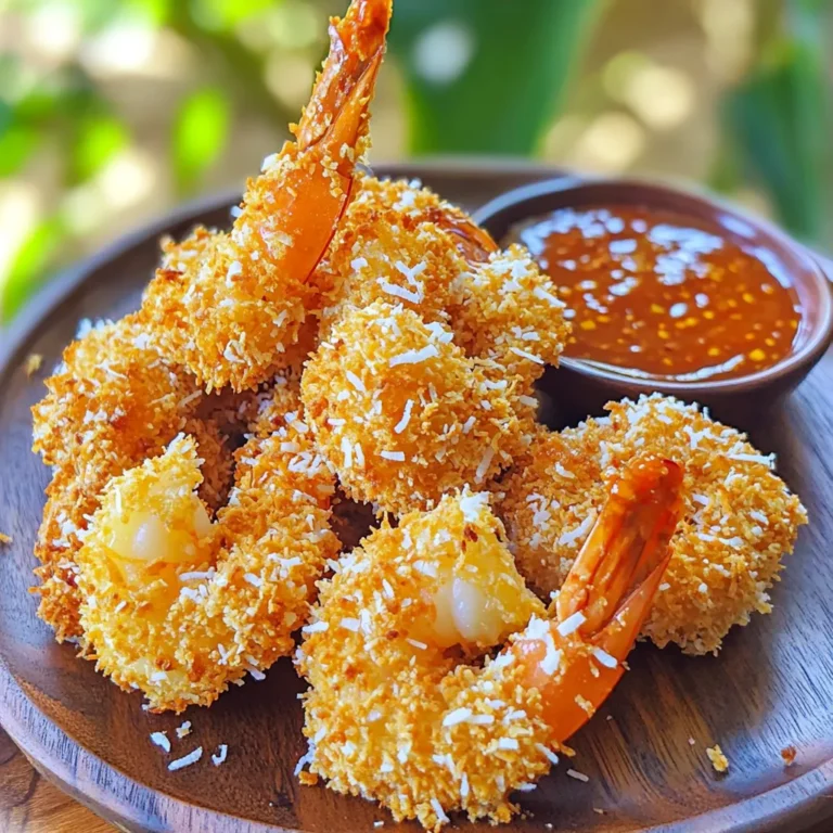 To make crispy air fryer coconut shrimp, gather these items: - 1 lb large shrimp, peeled and deveined - 1 cup shredded coconut (sweetened or unsweetened) - ½ cup panko breadcrumbs - ½ cup all-purpose flour - 2 large eggs, beaten - 1 teaspoon garlic powder - 1 teaspoon paprika - ½ teaspoon salt - ¼ teaspoon black pepper - Cooking spray or oil for misting These ingredients work together to create a tasty dish. The shrimp offer a juicy, tender bite, while the coconut and panko give a crunchy outer layer. You can swap some ingredients if needed: - Use whole wheat flour instead of all-purpose flour for more fiber. - Try unsweetened coconut for a less sweet taste. - Any breadcrumbs can replace panko if you cannot find them. - If you want a spicy kick, add cayenne pepper to the flour mix. These swaps can help you adjust the flavors to suit your taste or dietary needs. When picking shrimp, look for these signs of freshness: - The shrimp should smell like the ocean, not fishy. - Choose shrimp that are firm to the touch. - Their shells should be shiny and translucent, not dull. - If possible, buy shrimp that are wild-caught. They often have better flavor. Fresh shrimp make a big difference in texture and taste. Keep these tips in mind for the best results. Start by preheating your air fryer to 400°F (200°C). This takes about 5 minutes. Preheating helps cook the shrimp evenly. Make sure your air fryer basket is clean. A clean basket helps the shrimp crisp up well. You can use a little oil spray to make cleanup easier later. Grab three shallow dishes to prepare your shrimp. In the first dish, mix the all-purpose flour, garlic powder, paprika, salt, and black pepper. Stir until everything combines well. In the second dish, place the beaten eggs. The eggs help the coating stick. In the third dish, mix the shredded coconut and panko breadcrumbs. Make sure they mix evenly for a great crunch. Now, take each shrimp. First, dip it into the flour mix. Shake off the extra flour. Next, dip it in the eggs, covering it fully. Lastly, roll the shrimp in the coconut and panko mix. Press gently so the coating sticks well. Place the coated shrimp in a single layer in the air fryer basket. Don't overcrowd them; this helps them cook evenly. Lightly spray the shrimp with cooking spray or oil for extra crispiness. Cook the shrimp at 400°F (200°C) for 8-10 minutes. Flip them halfway through for even cooking. They should turn golden brown and crispy when done. Once cooked, remove the shrimp from the air fryer. Serve them right away with a tasty dipping sauce like sweet chili sauce or mango salsa. Enjoy your crunchy delight! To get the best crispiness with air fryer coconut shrimp, follow these tips: - Preheat your air fryer. Always preheat to 400°F (200°C) for 5 minutes. This helps the shrimp cook evenly. - Spray lightly. Use cooking spray or oil to mist the shrimp. This adds extra crunch. - Don’t overcrowd. Place shrimp in a single layer. If they touch, they won’t crisp up well. - Flip halfway. Turn the shrimp halfway through cooking. This ensures even browning on both sides. Here are some common mistakes that can ruin your coconut shrimp: - Skipping the flour. Don’t skip the flour step. It helps the egg and coating stick better. - Not shaking off excess flour. If you don’t shake off excess flour, the coating can become too thick. - Using wet shrimp. Make sure shrimp are dry before coating. Moisture can make them soggy. - Overcooking. Keep an eye on the shrimp. Overcooked shrimp can turn tough and rubbery. Dipping sauces can elevate your coconut shrimp. Here are some great choices: - Sweet chili sauce. This adds a nice sweet and spicy kick. - Mango salsa. Fresh mango salsa pairs well with the coconut flavor. - Pineapple dipping sauce. A tangy pineapple sauce brightens the dish. - Coconut curry sauce. This brings a creamy and flavorful twist to your shrimp. Feel free to mix and match these tips and sauces to find your perfect air fryer coconut shrimp experience! {{image_2}} You can add a kick to your coconut shrimp. Just mix in spices like cayenne pepper or chili powder to the flour mix. This gives your shrimp a warm, spicy flavor. You can also try adding some lime zest for a fresh twist. The blend of sweet and spicy makes each bite exciting. Do you want to change the texture? You can use crushed cornflakes or even crushed nuts instead of panko. These options add a new crunch to your shrimp. If you like a sweeter taste, use sweetened coconut with the crust. It gives a great contrast to the savory shrimp. For a gluten-free option, swap the all-purpose flour with almond flour or coconut flour. You can also use gluten-free panko breadcrumbs. This keeps the dish light and crispy. Make sure all your ingredients are labeled gluten-free to avoid any issues. Enjoy a tasty meal without worry! After enjoying your Air Fryer Coconut Shrimp, you can save leftovers. Let the shrimp cool down before you store them. Place the shrimp in an airtight container. They will stay fresh for up to three days in the fridge. If you want to keep them longer, freezing is a great option. When it's time to eat your leftovers, reheating is key. For best results, use your air fryer again. Preheat the air fryer to 350°F (175°C). Place the shrimp in a single layer in the basket. Heat for about 5-7 minutes. This will help them regain their crispy texture. You can also use an oven set to 350°F (175°C). Just keep an eye on them to avoid overcooking. To freeze your coconut shrimp, first ensure they are completely cool. Lay them out in a single layer on a baking sheet. Freeze for about 1-2 hours until they're firm. Then, transfer them to a freezer-safe bag or container. Remove as much air as possible. Label and date the bag. They can stay frozen for up to three months. When ready to eat, thaw them in the fridge overnight before reheating. Yes, you can use frozen shrimp. Just make sure to thaw them first. Place the shrimp in cold water for about 15 to 20 minutes. After thawing, pat them dry with a paper towel. This step helps the coating stick better. You want your shrimp ready for that crispy coating. To keep the coconut from burning, mist it lightly with oil. Use cooking spray or a brush to add a thin layer. You can also reduce cooking time slightly if you see it browning too fast. Flip the shrimp halfway through cooking to ensure even browning. This method gives you that perfect crunch without the burn. Most air fryers work well for this recipe. Look for models with good reviews on crispiness. I recommend one with a basket style, as it allows even air flow. Check for adjustable temperature settings to control heat at 400°F. Models like the Philips or Ninja brands are popular choices. We covered the essential ingredients and steps for making tasty coconut shrimp. You learned how to choose fresh shrimp and avoid common mistakes. Tips for crispiness and delicious dips will elevate your dish. Variations like spiced or gluten-free options add creativity. Lastly, proper storage helps keep leftovers fresh. Enjoy the crisp, coconut flavors of your air-fried shrimp. Try experimenting with variations for fun twists!