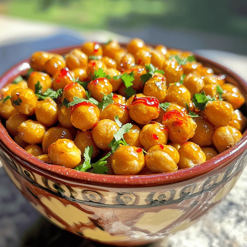 To make delicious Honey Sriracha Roasted Chickpeas, you will need: - 1 can (15 oz) chickpeas, drained and rinsed - 2 tablespoons olive oil - 2 tablespoons honey - 1 tablespoon Sriracha sauce - 1 teaspoon garlic powder - 1 teaspoon smoked paprika - Salt to taste These main ingredients blend together perfectly. The chickpeas provide a great base. The honey adds sweetness, while Sriracha gives it a spicy kick. Garlic powder and smoked paprika boost the flavor. Olive oil helps everything stick and crisp up nicely. You can elevate your chickpeas with a few simple garnishes: - Fresh cilantro or parsley - A squeeze of lime juice - Sesame seeds These garnishes add color and extra taste. For a fresh twist, try adding lime juice. It brightens the dish and balances the flavors well. One serving of Honey Sriracha Roasted Chickpeas, about one-quarter of the recipe, has: - Calories: 180 - Protein: 6g - Fat: 7g - Carbohydrates: 24g - Fiber: 6g - Sugar: 5g These chickpeas are a healthy snack option. They are high in protein and fiber. This makes them filling and satisfying. Plus, they are easy to make and enjoy at any time! Start by preheating your oven to 400°F (200°C). This step is crucial for crispiness. Next, line a baking sheet with parchment paper. This keeps the chickpeas from sticking. Open a can of chickpeas, drain them, and rinse them under cold water. Pat them dry with a clean kitchen towel. The drier they are, the better they will roast. In a mixing bowl, add 2 tablespoons of olive oil. Then pour in 2 tablespoons of honey and 1 tablespoon of Sriracha sauce. Add in 1 teaspoon of garlic powder and 1 teaspoon of smoked paprika. Finally, add a pinch of salt. Mix everything well until it forms a smooth sauce. Now, add your dried chickpeas to the bowl. Toss them gently to coat each chickpea with the honey-Sriracha mixture. It’s important that every chickpea is covered for the best flavor. Spread the coated chickpeas evenly in a single layer on the baking sheet. This helps with even roasting. Place the sheet in your preheated oven. Roast the chickpeas for 25 to 30 minutes. Make sure to shake the pan halfway through. This ensures they cook evenly. When they finish roasting, they should be golden brown and crispy. After taking them out of the oven, let the chickpeas cool for a few minutes. They will get crunchier as they cool down. To get the best texture, make sure the chickpeas are very dry before coating them. If they are wet, they will not crisp up well. Use high heat while roasting. This helps to achieve that delightful crunch. Avoid overcrowding the baking sheet; space is key for air circulation. If you notice some chickpeas are still soft, give them a few extra minutes in the oven. For the best honey Sriracha roasted chickpeas, choose canned chickpeas. They are easy and quick to use. Drain and rinse them well. This removes extra sodium and improves flavor. Look for brands with less added salt. You can also cook dried chickpeas. Soak them overnight, then boil until soft. You can change the heat level to fit your taste. Add more Sriracha for extra spice. Start with one tablespoon to test. If you want it sweeter, increase the honey. Mix in one more tablespoon if desired. Always taste the mixture before baking. This way, you can find the perfect balance. Store leftover chickpeas in an airtight container. Keep them in the fridge for up to three days. They may lose some crunch but still taste great. To refresh them, reheat in the oven at 350°F (175°C) for 10 minutes. This helps restore some of their crispiness. For long-term storage, freeze them in a single layer. {{image_2}} You can change the taste of your honey Sriracha roasted chickpeas by adding more spices. Try adding cumin for a warm flavor. A pinch of cayenne will give you extra heat. You can also use curry powder for a unique twist. Mixing in fresh herbs like rosemary or thyme adds a fresh touch. Feel free to experiment with what you have at home. This recipe is already vegan and gluten-free. To keep it that way, make sure your honey is plant-based. You can substitute maple syrup for honey if you want a vegan option. Check the labels of your Sriracha sauce to ensure it’s gluten-free. This way, everyone can enjoy this tasty snack. You can roast these chickpeas in an air fryer for a quicker cook. Set the air fryer to 400°F and cook for about 15-20 minutes. Shake the basket halfway through to ensure even crispiness. You can also use a stovetop skillet. Cook over medium heat while stirring until they are golden and crispy. Each method gives you a unique texture and flavor. To keep your Honey Sriracha roasted chickpeas fresh, store them in an airtight container. This helps maintain their crunch. Avoid using plastic bags, as they trap moisture. If you want, you can also add a paper towel inside the container. This absorbs any extra moisture and keeps the chickpeas crispy. If you have leftovers, you can reheat them in the oven. Preheat your oven to 350°F (175°C). Spread the chickpeas on a baking sheet and heat for about 10-15 minutes. This method helps them regain their crispy texture. You can also use an air fryer if you have one, which works great too! Cooked chickpeas can last up to a week in the fridge. Be sure to check for any signs of spoilage, like off smells or a mushy texture. If you want to store them longer, consider freezing them. Frozen chickpeas can stay good for up to three months. Always thaw them in the fridge before reheating. This method keeps them tasty and safe to eat! Yes, you can! An air fryer works great for this recipe. Just follow these steps: 1. Preheat the air fryer to 400°F (200°C). 2. Prepare the chickpeas as you would for the oven. 3. Place them in a single layer in the air fryer basket. 4. Cook for about 15-20 minutes, shaking the basket halfway through. This method gives you crispy chickpeas while saving time. These roasted chickpeas are very versatile. You can enjoy them in many ways: - Toss them on salads for added crunch. - Use them as a topping for soups. - Serve them as a snack with drinks. - Mix them into grain bowls for extra flavor. They add a nice kick and texture to any dish. You’ll know they are done when they turn golden brown and crispy. - Check for a satisfying crunch when you bite into one. - If they feel soft or mushy, they need more time. - Remember to shake the pan halfway for even cooking. Let them cool a bit before eating; they'll crisp up even more! Honey Sriracha roasted chickpeas are tasty and easy. We discussed key ingredients, cooking steps, and tips to get them crispy. You can try variations and learn how to store leftovers well. These chickpeas work as a snack or meal side. Enjoy the balance of sweet and spicy in each bite. With these ideas, you can make the perfect batch every time. Happy cooking!