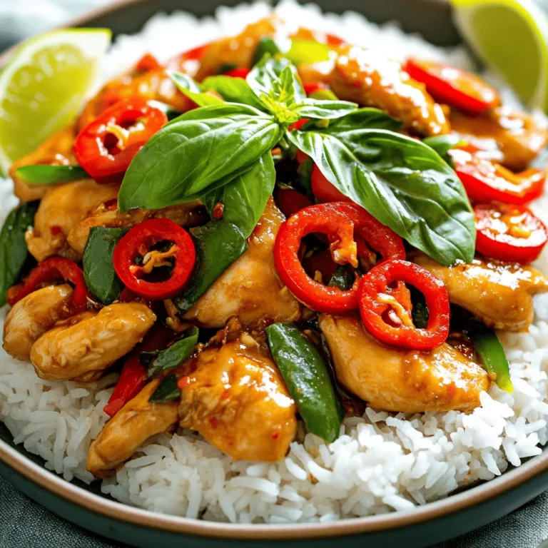 - 1 lb (450g) boneless chicken breast, thinly sliced - 2 tablespoons vegetable oil - 4 cloves garlic, minced - 2-3 red chilies, sliced (adjust based on heat preference) - 1 bell pepper (red or green), sliced - 1 cup fresh Thai basil leaves - 2 tablespoons soy sauce - 1 tablespoon oyster sauce - 1 tablespoon fish sauce (optional) - 1 teaspoon brown sugar - Cooked jasmine rice - Lime wedges for garnish Gather these ingredients before you start cooking. You can find Thai basil in most grocery stores. If you want a kick, use more chilies. The chicken breast is the star here, so slice it thinly for quick cooking. The sauces add depth and balance to the dish. Cooked jasmine rice will soak up all the tasty sauce. Lime wedges add a nice touch of fresh flavor. Enjoy making this quick meal! - Start with 1 pound of boneless chicken breast. Thinly slice it into strips. - Next, slice 1 bell pepper. You can choose red or green. - Mince 4 cloves of garlic. - Slice 2-3 red chilies. Adjust based on how spicy you want your dish. - Measure out 2 tablespoons of soy sauce, 1 tablespoon of oyster sauce, and 1 teaspoon of brown sugar. - Keep 1 cup of fresh Thai basil leaves ready for later. - Heat 2 tablespoons of vegetable oil in a large skillet over medium-high heat. - Once the oil is hot, add the minced garlic and sliced chilies. Stir-fry them for about 30 seconds until they smell great. - Next, add the sliced chicken to the skillet. Cook it for about 5-7 minutes, stirring often. Make sure it turns golden brown and is fully cooked. - Add the sliced bell pepper to the skillet. Cook for an extra 2 minutes until the pepper is slightly tender. - In a small bowl, mix the soy sauce, oyster sauce, and brown sugar. Pour this mix over the chicken and bell pepper. Stir well to blend all the flavors. - Add the fresh Thai basil leaves to the skillet. Stir them in until they wilt, which takes about one minute. - Serve the Thai Basil Chicken over cooked jasmine rice. Garnish with lime wedges for a refreshing touch. A sprinkle of extra basil can add a nice color to your dish. - How to adjust spice levels: Start with one red chili for mild heat. Add more chilies if you want it spicier. You can also remove seeds from the chilies to lower the heat. - Ensuring chicken stays tender: Slice the chicken thinly. This helps it cook quickly and stay juicy. Stir-fry at high heat to lock in moisture. - Serving in bowls vs. plates: Use bowls for a cozy feel. Plates look nice for guests. Either way, jasmine rice should be on the side. - Garnishing ideas: Lime wedges add freshness. A sprinkle of extra basil gives color. You can also add sliced chilies for flair. - Prepping ingredients in advance: Slice chicken and veggies ahead of time. This cuts down on cooking time. You can store them in the fridge until you're ready. - Using leftover chicken: Cooked chicken works great here. Just heat it in the pan before adding sauces and veggies. This makes the dish even faster! {{image_2}} You can switch up the protein in this dish. Shrimp adds a sweet flavor. Just cook the shrimp until they turn pink. Tofu is a great choice too. It soaks up the sauce well. For ground meat, use chicken or pork. Cook it until it is fully browned. Add more colorful veggies for a pop! Carrots, zucchini, or bell peppers work great. Snap peas add a nice crunch. Broccoli is another good option. It brings a fresh taste and bright color. You can mix and match based on what you have. Adjust the sauce to fit your taste. Want it sweeter? Add more brown sugar. Prefer more saltiness? Increase the soy sauce. If you need gluten-free options, use tamari instead. You can also skip the fish sauce for a lighter flavor. To store leftover Thai Basil Chicken, let it cool first. Place it in an airtight container. This keeps the flavors fresh. Make sure the lid seals tightly. You can store it in the fridge for up to three days. If you want to freeze Thai Basil Chicken, use a freezer-safe container. Make sure to remove excess air. This helps prevent freezer burn. You can freeze it for up to three months. When you are ready to eat, thaw it in the fridge overnight. Reheat it in a skillet over medium heat until it’s hot. You can add a splash of water or broth to keep it moist. In the fridge, Thai Basil Chicken lasts about three days. In the freezer, it can last up to three months. After that, the taste and texture may change. Always check for signs of spoilage before eating. You can serve Thai Basil Chicken with several tasty sides. Here are some great ideas: - Cooked jasmine rice - Steamed broccoli - Sautéed green beans - A fresh cucumber salad - Thai-style spring rolls These sides will balance the flavors and make your meal even better. Rice soaks up the sauce well, while veggies add crunch. The spice level of Thai Basil Chicken can vary. It often includes red chilies, which bring heat. You can control the spiciness by adjusting the number of chilies you use. For mild flavor, use one chili or leave it out. For more heat, add more chilies. To make this dish gluten-free, swap out regular soy sauce for gluten-free soy sauce. You can also use tamari, a gluten-free option. Check oyster sauce labels too, as some may contain gluten. Always read labels to be safe. This blog post covered the main ingredients, cooking steps, and tips for making Thai Basil Chicken. Each part works together to create a flavorful dish. Remember to adjust the spice to your taste and use fresh ingredients for the best flavor. Experiment with different proteins and veggies to customize your meal. Store leftovers properly so you can enjoy them later. With these tips, you can make a tasty dish that everyone will love. Enjoy your cooking adventure with Thai Basil Chicken!