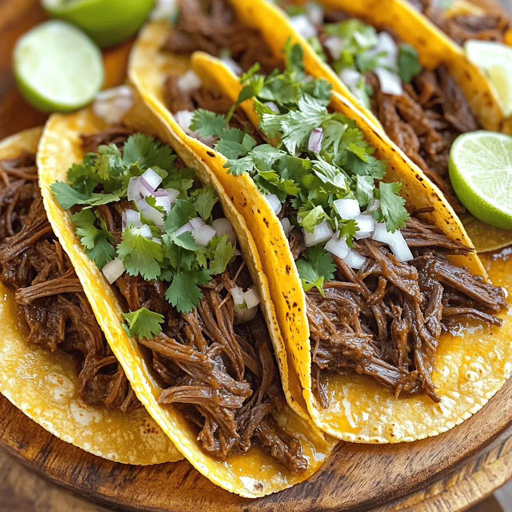 To make these tasty tacos, you need the following ingredients: - 2 lbs beef chuck roast, trimmed and cut into large chunks - 1 onion, quartered - 4 cloves garlic, minced - 2 chipotle peppers in adobo sauce, chopped - 1 tablespoon adobo sauce (from the chipotle peppers) - 1 tablespoon ground cumin - 1 tablespoon dried oregano - 1 teaspoon smoked paprika - 1 cup beef broth - 2 tablespoons lime juice - Salt and pepper, to taste These main ingredients help create a rich and smoky flavor in the beef. The chipotle peppers give it a nice kick. For extra flavor and texture, consider these garnishes and toppings: - Fresh cilantro, chopped - Diced onion - Lime wedges Adding these will enhance the taste and make the dish more vibrant. Fresh herbs and lime brighten up the flavors. I suggest using corn tortillas for the best experience. They hold the beef well and add a nice flavor. You can warm them in a skillet before serving. If you prefer, you can also use flour tortillas, but corn is my personal favorite! First, I season the beef chuck roast with salt and pepper. I use a good amount to make it tasty. Next, I cut the roast into large chunks. This helps the meat cook evenly. In a slow cooker, I add the quartered onion. I also add minced garlic, chopped chipotle peppers, and adobo sauce. Then, I sprinkle in ground cumin, dried oregano, and smoked paprika. I mix it all well. This creates a flavorful spice base for our barbacoa. Now, I place the seasoned beef on top of the spice base. I pour in the beef broth and lime juice. This makes sure the beef is well coated. I cover the slow cooker with its lid. I set it to cook on low for 8 hours. The beef needs to be tender and easy to shred when it's done. Waiting may feel long, but the smell will make it worth it! After the cooking time, I carefully take the beef out of the slow cooker. I use two forks to shred the beef. It should fall apart easily. I return the shredded beef to the slow cooker. I stir it to coat with the tasty juices left behind. If needed, I adjust the seasoning with extra salt and pepper. Now it’s time to serve! I heat the corn tortillas in a dry skillet for about 30 seconds on each side. Then, I spoon a generous amount of beef onto each tortilla. I like to top it with chopped cilantro and diced onion. A squeeze of lime juice adds a fresh touch. Enjoy your savory tacos! To season beef, start with salt and pepper. Use a generous amount. This helps bring out the meat's natural flavor. You can also add garlic and onion powder for more taste. Don't be shy; seasoning is key for great barbacoa. The slow cooker is perfect for beef barbacoa. Cook on low for eight hours for best results. This makes the beef tender and easy to shred. If you're in a hurry, you can cook on high for four hours. However, low heat gives better flavor. When serving your tacos, use warm corn tortillas. They add a nice texture and flavor. Spoon the shredded beef onto the tortilla and top with fresh cilantro and diced onion. A squeeze of lime juice adds brightness. For extra flair, serve with lime wedges and a sprinkle of salt. Enjoy your delicious tacos! {{image_2}} You can use different types of meat for barbacoa. While beef chuck roast is great, try pork shoulder for a twist. It cooks well and gets tender. You can also use lamb if you want a unique flavor. Just season it the same way. Cook it low and slow for the best results. If you want a meat-free option, use jackfruit. This fruit shreds like pulled pork. Add the same spices and cook it in the slow cooker. Another great choice is mushrooms, like portobello or shiitake. They have a meaty texture and soak up flavors well. To boost flavor, add more spices. Try adding a teaspoon of chili powder for heat. You can also toss in some fresh lime zest for a zesty touch. For sweetness, add a bit of brown sugar or honey. If you want a smoky taste, use smoked salt instead of regular salt. Explore these options to make your barbacoa even more exciting! After enjoying your beef barbacoa tacos, store leftovers properly. Place the beef in an airtight container. Make sure it cools first. Keep it in the fridge for up to three days. This helps maintain its juicy flavor. If you have any toppings left, store them separately. This keeps the tortillas from getting soggy. To save some for later, freezing is a great option. First, let the barbacoa cool completely. Then, portion it into freezer bags. Squeeze out as much air as you can before sealing. Label the bags with the date. You can freeze the beef for up to three months. When ready to eat, simply thaw it in the fridge overnight. Reheating your barbacoa is easy. For the best texture, use a skillet. Heat it over medium heat. Add a splash of beef broth to keep it moist. Stir occasionally until warmed through. You can also microwave it in a safe dish. Cover it with a paper towel to prevent splatters. Heat in short bursts until hot. Enjoy your barbacoa just like the first time! Yes, you can use other cuts. Chuck roast works best for its flavor and texture. Brisket or round roast can be good alternatives too. They will still create tasty barbacoa. Just remember to adjust cooking times if needed. Leftovers can last in the fridge for up to four days. Store them in an airtight container. If you want to keep them longer, freeze the beef barbacoa. It can last in the freezer for up to three months. Just thaw it in the fridge before reheating. You can serve these tacos with a variety of sides. Some great options include: - Refried beans - Mexican rice - Grilled corn on the cob - Fresh salsa - Guacamole - A simple green salad These sides will make your meal even more enjoyable! You now know the key parts to make delicious Beef Barbacoa Tacos. With the right meat and spices, you can create a tasty filling. Using a slow cooker makes this dish easy. Don’t forget your favorite toppings to add flavor. You can even try different meats or make it vegetarian. Store leftovers well for another tasty meal. Enjoy making and sharing these tacos with others. They will love the flavors. Happy cooking!