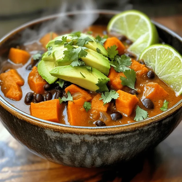 To make Sweet Potato Black Bean Chili, you will need: - 2 medium sweet potatoes, peeled and diced - 1 can (15 oz) black beans, drained and rinsed - 1 can (14 oz) diced tomatoes (with juices) - 1 medium onion, chopped - 2 cloves garlic, minced - 1 bell pepper (red or green), chopped - 1 cup vegetable broth - 2 tablespoons olive oil - 1 tablespoon chili powder - 1 teaspoon cumin - 1 teaspoon smoked paprika - Salt and pepper to taste - Fresh cilantro, chopped (for garnish) - Avocado slices (for serving) - Lime wedges (for serving) Each serving of this chili offers: - Calories: 320 - Protein: 12g - Carbohydrates: 60g - Dietary Fiber: 15g - Fat: 6g - Sugars: 8g This dish is not just hearty; it’s packed with nutrients. Sweet potatoes give you vitamins A and C, while black beans add protein and fiber. If you need to change some ingredients, you can: - Use butternut squash instead of sweet potatoes for a similar taste. - Swap black beans for kidney beans or pinto beans. - Use low-sodium vegetable broth for a healthier option. - Try different bell peppers for varied flavors or colors. - Replace olive oil with coconut oil for a hint of sweetness. These substitutions keep the chili tasty while meeting different dietary needs. Start by gathering your ingredients. You need sweet potatoes, black beans, diced tomatoes, onion, garlic, and bell pepper. Don't forget the spices: chili powder, cumin, and smoked paprika. Get your vegetable broth ready, too. 1. Heat 2 tablespoons of olive oil in a large pot over medium heat. 2. Add 1 chopped onion and 1 chopped bell pepper. Cook for about 5 minutes until soft. 3. Stir in 2 minced garlic cloves. Cook for 1 more minute. Be careful not to let it burn. 4. Add 2 diced sweet potatoes, 1 tablespoon chili powder, 1 teaspoon cumin, and 1 teaspoon smoked paprika. Mix well. 5. Pour in 1 cup of vegetable broth and 1 can of diced tomatoes. Bring to a simmer. 6. Cover the pot and cook for about 20 minutes. Check that sweet potatoes are tender. 7. Stir in 1 can of drained and rinsed black beans. Heat for another 5 minutes. 8. Taste and adjust the seasoning if needed. 9. Let the pot sit for a few minutes before serving. - Use fresh spices for the best flavor. - Always taste your chili before serving. Adjust spices as needed. - Serve in deep bowls for a cozy look. - Top with fresh cilantro and avocado slices. Lime wedges add a nice touch. This Sweet Potato Black Bean Chili is a warm hug in a bowl, perfect for any day! To boost the taste of your chili, use fresh spices. Fresh spices pack more punch than old ones. Toast them for a minute in the pot before adding other ingredients. This step wakes up the flavors. Try adding a dash of hot sauce for heat or a teaspoon of brown sugar for sweetness. You can also add a splash of lime juice just before serving. This adds a fresh note and brightens the dish. Chilly days call for cozy meals. Enjoy your chili with warm cornbread or tortilla chips. This adds a nice crunchy texture. You can also top the chili with shredded cheese or sour cream. These toppings add creaminess. Serve it in deep bowls to keep it warm longer. A warm bowl of chili is a perfect way to chase away the winter chill. If your chili is too thick, add more vegetable broth. Stir it in slowly until you reach your desired consistency. If it’s too spicy, mix in some yogurt or sour cream. This will cool down the heat. If the flavor is bland, add more salt or spices. Always taste as you go to get the best result. Make sure to store leftovers properly to keep the flavors intact. {{image_2}} This Sweet Potato Black Bean Chili is naturally vegan and gluten-free. You can enjoy it without worry. Make sure to use vegetable broth to keep it plant-based. Replace any oils with vegan substitutes if you prefer. Feel free to mix in other veggies. Zucchini, corn, or spinach add great flavor and nutrients. You can also add protein. Chickpeas or lentils work well in this dish. They boost the protein without changing the taste much. If you like heat, add diced jalapeños or hot sauce. You can also increase the chili powder for more spice. For a milder version, skip the hot peppers and use sweet paprika instead. Adjust the spices to fit your taste. To store leftovers, let the chili cool down. Once cooled, place it in an airtight container. You can keep it in the fridge for up to four days. This way, the flavors stay fresh and tasty. If you want to freeze the chili, use freezer-safe containers. Pour the cooled chili into these containers, leaving some space at the top for expansion. Seal the containers tightly. It can last in the freezer for about three months. When you're ready to eat, just thaw it overnight in the fridge. To reheat, you can use a pot or the microwave. If using a pot, add a splash of water or broth to keep it from drying out. Heat it over medium until warm. In the microwave, heat in short bursts, stirring in between. Always check the temperature before serving, making sure it is hot throughout. Enjoy every comforting bite! Yes, you can use fresh beans. But you need to cook them first. Soak them overnight. This softens them and makes them easier to cook. After soaking, boil them for about an hour or until tender. Then add them to your chili. Remember, fresh beans take more time than canned beans. You can add more heat in a few ways. First, add extra chili powder or cayenne pepper. Start with a small amount and taste as you go. You can also use diced jalapeños for a fresh kick. If you want even more flavor, try adding hot sauce near the end. This chili goes well with many sides. Serve it with warm, crusty bread for dipping. Rice or quinoa makes a great base. You can also offer a side salad to balance the meal. Don't forget toppings! Avocado, sour cream, or cheese add creamy texture and flavor. In this blog post, I shared a full guide on making Sweet Potato Black Bean Chili. You learned about key ingredients, their nutrition, and potential substitutions. I provided step-by-step cooking instructions and tips for great results. We discussed variations, storage methods, and common questions. Remember, making chili is fun and easy. Don’t hesitate to try new flavors and ingredients. Enjoy your delicious meals and happy cooking!