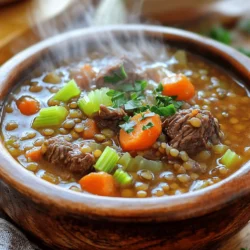 - Beef and Lentils: - You need 1 lb of beef chuck. Cut it into 1-inch cubes. Beef adds rich flavor. Lentils bring protein and fiber. Use 1 cup of rinsed and drained lentils, either green or brown. - Vegetables: - Fresh veggies make the stew tasty. Dice 3 medium carrots and 2 stalks of celery. Chop 1 medium onion and mince 3 cloves of garlic. These will add sweetness and depth. - Spices and Seasonings: - Spices enhance the flavor. Use 1 teaspoon of dried thyme and 1 teaspoon of paprika. Add 1 bay leaf for aroma. Season with salt and pepper to taste. You'll also need 4 cups of beef broth or vegetable broth. Lastly, add 1 can of diced tomatoes (14.5 oz), undrained for a touch of acidity. This mix of beef, lentils, and veggies creates a warm, hearty meal. Each ingredient plays a role in making a stew that comforts and nourishes. Enjoying this dish can bring a smile to your face. Searing the Beef Cubes First, heat two tablespoons of olive oil in a large skillet over medium-high heat. Once the oil is hot, add one pound of beef chuck cut into one-inch cubes. Sear the beef for about five to seven minutes, turning it until it is browned on all sides. This step adds flavor and color to the meat. After searing, remove the beef from the skillet and set it aside. Transferring to Slow Cooker Next, take the browned beef and transfer it to your slow cooker. This is where all the magic happens. The slow cooker will tenderize the beef as it cooks, making it juicy and flavorful. Cooking Onion, Carrots, Celery, and Garlic In the same skillet, add chopped onion, diced carrots, diced celery, and minced garlic. Sauté these vegetables for about three to four minutes. You want the onion to turn translucent and the veggies to soften. This step builds a strong base for your stew. Adding to Slow Cooker Once the vegetables are ready, transfer them to the slow cooker with the beef. Make sure to scrape any bits from the skillet into the slow cooker, as they are packed with flavor. Layering Lentils and Tomatoes Now, it’s time to add one cup of rinsed and drained lentils and one can of diced tomatoes (with their juice) to the slow cooker. The lentils will soak up the rich broth and add heartiness to the stew. Adding Broth and Seasonings Pour in four cups of beef broth or vegetable broth. Then, add one teaspoon of dried thyme, one teaspoon of paprika, and one bay leaf. Season with salt and pepper to taste. Stir everything well to combine. Cover the slow cooker and set it to cook on low for eight hours or high for four hours. Your kitchen will fill with delicious aromas as it cooks! Best Seasonings to Use Use dried thyme and paprika for a warm taste. These spices bring depth to the stew. I also add salt and pepper to taste. You can experiment and adjust based on your liking. Recommendations for Adding Vegetables Feel free to add more vegetables! Try potatoes for heartiness or bell peppers for sweetness. Green beans or peas can brighten up the dish too. Just chop them into similar sizes to ensure even cooking. Cooking Time Adjustments For a tender beef stew, cook on low for 8 hours. If time is short, use high for 4 hours. This can help the beef and lentils become soft without losing their shape. How to Avoid Mushy Lentils To keep lentils firm, avoid overcooking. Mix them into the stew early. To test, taste a few lentils before the cooking time ends. If they feel soft yet firm, they are ready. Ideal Accompaniments Serve the stew with crusty bread. A simple green salad also pairs well. You can enjoy a glass of red wine if you like. Portion Control Tips When serving, use a ladle for even portions. This way, everyone gets a fair amount. Leftovers can go into containers for easy meals later. {{image_2}} Alternative Proteins You can swap beef for other meats. Try chicken or turkey for a lighter stew. For a richer taste, use lamb. Each option offers a unique flavor. Vegetarian or Vegan Version To make this stew vegan, skip the beef. Use mushrooms for a meaty bite. Add more lentils or chickpeas for protein. Vegetable broth works well too. Adding Heat with Peppers Want some spice? Toss in diced jalapeños or red pepper flakes. This will add a kick to your stew. Adjust the amount based on your heat tolerance. Incorporating Fresh Herbs Fresh herbs can brighten the dish. Add thyme or rosemary before serving. They enhance the flavor and aroma of your stew. You can also use cilantro for a fresh twist. Instant Pot Adaptation To make this stew in an Instant Pot, sauté the beef and veggies directly in the pot. Then, add the rest of the ingredients. Cook on high pressure for 35 minutes. Let it release naturally for best results. Stovetop Cooking Instructions If you prefer the stovetop, use a large pot. Sear the beef and sauté the veggies as usual. Add the rest of the ingredients and simmer for 1.5 to 2 hours. Stir occasionally until the beef is tender. Refrigeration Tips After making your stew, cool it to room temperature. Then, place it in an airtight container. Store it in the fridge for up to five days. This keeps the flavors fresh and safe to eat. Freezing for Future Meals If you want to save some for later, freezing works great. Divide the stew into portions. Use freezer-safe containers or bags. Label them with the date. The stew can last for up to three months in the freezer. Thaw it in the fridge overnight before reheating. Best Methods to Reheat To reheat, place the stew in a pot on the stove. Heat over medium heat until warm. Stir often to prevent sticking. You can also use a microwave. Place the stew in a bowl and cover it. Heat in short bursts, stirring in between. Adjusting Seasoning During Reheating Taste the stew as you reheat it. You might need to add a bit of salt or pepper. Sometimes, fresh herbs can brighten the flavors. A squeeze of lemon juice can also help. How Long It Lasts in the Fridge In the fridge, your beef lentil stew lasts about five days. After that, it’s best to toss it out. Look for any changes in smell or color to be safe. Signs of Spoilage If the stew smells off or has a strange color, it’s time to discard it. Always trust your nose and eyes. It's better to be safe than sorry with leftovers! Yes, you can use other types of lentils. The most common types are green, brown, and red lentils. - Green lentils hold their shape well. They add a nice, firm texture to your stew. - Brown lentils are the most common. They have a mild flavor and cook quickly. - Red lentils break down more during cooking. They make a thicker stew but lose their shape. For this recipe, green or brown lentils work best. Red lentils can also be used, but the stew will be less chunky. There are many great side dishes that go well with beef lentil stew. Here are some ideas: - Crusty bread: Perfect for dipping into the stew. - Rice: A nice base to soak up the flavors. - Salad: A fresh green salad adds brightness to the meal. - Mashed potatoes: Creamy potatoes pair well with the stew's rich taste. These sides enhance the meal and make it more filling. You will know the stew is done by checking the meat and lentils. - Tender beef: The beef should be soft and easy to break apart with a fork. - Cooked lentils: Lentils should be tender but not mushy. If both are tender, your stew is ready to enjoy. Cooking times can vary based on your slow cooker, so check it around the end of the cooking time. You now know how to make a hearty beef and lentil stew. We covered the main ingredients, step-by-step cooking, and tips for flavor and texture. You can also explore variations to fit your taste. Remember proper storage for leftovers and how to reheat them safely. Enjoy creating this dish with the flexibility to change it up each time. With these insights, your stew will impress anyone.