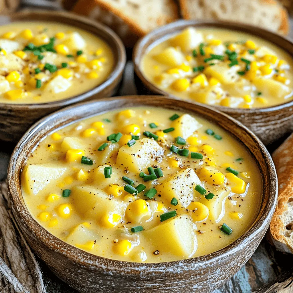 - 4 medium russet potatoes, peeled and diced - 2 cups frozen sweet corn - 1 medium onion, diced - 3 cloves garlic, minced - 4 cups vegetable broth - 1 cup coconut milk - 1 teaspoon dried thyme - 1 teaspoon smoked paprika - ½ teaspoon black pepper - 1 teaspoon salt (adjust to taste) - 2 tablespoons olive oil - Fresh chives, chopped (for garnish) You can swap coconut milk with almond milk or regular milk for a creamier taste. For fresh herbs, use parsley or cilantro instead of thyme. If you want a different potato, Yukon gold or red potatoes work well too. Each option changes the flavor a bit but keeps the dish tasty. To prep the vegetables, start with the potatoes. Peel and dice them into small cubes. This helps them cook evenly. Next, dice the onion into small pieces. This adds flavor to our chowder. For the garlic, we will mince it finely. This allows the garlic to blend well with the other flavors. To properly sauté the garlic, heat olive oil in a small skillet over medium heat. Add the minced garlic and cook for about one minute. You want to see it turn golden and smell great. Be careful not to burn it. Once ready, transfer the garlic to the slow cooker. This step adds a nice depth to the chowder. For slow cooker settings, you have two options. You can set it on low for 6 to 8 hours or on high for 3 to 4 hours. Either way, the goal is to make the potatoes tender. After adding all the ingredients, stir well. Cover the slow cooker tightly to keep the heat in. For mashing technique, once the cooking time is done, use a potato masher. Mash some of the potatoes to create a creamier texture. Leave some chunks for a nice bite. This gives the chowder a pleasing mix of smooth and chunky. Garnishing with chives is easy. Just chop fresh chives and sprinkle them on top of each bowl. This adds a fresh touch and bright color. You can also drizzle a bit of coconut milk on top for extra creaminess. For presentation tips, ladle the chowder into bowls and serve it hot. Pair it with crusty bread on the side. This makes it perfect for dipping. Enjoy your creamy potato corn chowder with a touch of warmth and comfort! To boost the taste of your chowder, consider adding spices. A pinch of cayenne can add a kick, while a dash of cumin brings warmth. Experiment with herbs like rosemary or parsley for fresh notes. I suggest using homemade vegetable broth instead of store-bought. This broth adds richer flavors and helps you control the salt. You can make it from leftover veggie scraps. Just simmer them in water for a few hours. When mashing the potatoes, use a potato masher. Mash some while leaving others chunky. This mix gives your chowder a nice balance. If your slow cooker cooks too fast or slow, adjust the cooking time. For a faster model, cook for 5 hours on low. For a slower model, you may need 8 hours. Check the potatoes with a fork for doneness. Always cover your slow cooker while cooking. This keeps heat and moisture inside for better results. For busy days, prep in advance. Chop the veggies the night before and store them in the fridge. You can also measure out spices ahead of time. This saves time when you're ready to cook. {{image_2}} If you want a dairy-free chowder, coconut milk works great. It adds creaminess without dairy. You can also try almond milk or cashew cream. Both choices keep the soup rich and tasty. Just make sure to choose unsweetened versions. This way, your chowder stays savory and delicious. Want to make your chowder heartier? Try adding beans or chicken. Canned beans, like black or white beans, mix well. They offer a nice texture and extra protein. If you prefer chicken, shredded rotisserie chicken works nicely. This adds flavor and makes the dish more filling. Plus, incorporating legumes boosts fiber and nutrients. It's a healthy twist that keeps you satisfied. You can change this chowder with seasonal veggies. In summer, add fresh zucchini or bell peppers. For fall, try butternut squash or pumpkin. These veggies enhance taste and add color. You can also adjust spices to match the season. In winter, a dash of nutmeg or cinnamon warms up the dish. These small changes make the chowder exciting all year round. To store your potato corn chowder, let it cool first. Use airtight containers to keep it fresh. Glass or plastic containers work well. Place the chowder in the fridge for up to 4 days. Remember to label your containers with the date. You can freeze the chowder for longer storage. Use freezer-safe containers or heavy-duty bags. Leave some space in the container for expansion. The chowder can last for about 3 months in the freezer. When ready to eat, thaw it overnight in the fridge. Reheat it on low heat in a pot, stirring often. You can also microwave it, but stir it every minute for even heat. In the fridge, chowder lasts about 4 days. Look for changes in color or smell to check for spoilage. If it smells sour or looks off, it’s best to throw it away. Always trust your senses when it comes to food safety. Yes, you can use fresh corn. Fresh corn gives a sweet taste and crisp texture. However, you need to cook it longer. Frozen corn is convenient and saves time. It's already cooked and ready to use. If you choose fresh, remove the kernels from the cob. You will need about 2 cups of fresh corn. This will help maintain the same flavor and texture in your chowder. Making this chowder vegan is easy. First, switch the coconut milk for a plant-based milk, like almond or soy. You can also use cashew cream for a richer taste. Ensure that the vegetable broth is vegan too. All the other ingredients are already vegan-friendly. This way, you can enjoy the creamy goodness without any animal products. Yes, you can cook this chowder on high. If you do, cut the cooking time to 3-4 hours. Check the potatoes for tenderness after 3 hours. If they are not soft yet, let them cook longer. Keep in mind, the flavors may not blend as well. Cooking on low is best for deep flavor. However, high heat works if you are short on time. This blog post covered a great chowder recipe and how to make it perfect. We explored essential ingredients, cooking steps, and ways to add your twist. Remember, you can substitute items like coconut milk or use fresh herbs. Don't forget the tips for storage and freezing. In the end, this chowder is all about enjoying your cooking journey. Use seasonal veggies or add protein to keep things exciting. Enjoy making this dish and share your tasty creations!