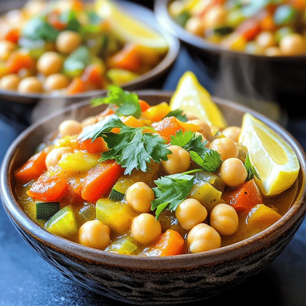 To make Slow Cooker Moroccan Chickpea Stew, gather these tasty ingredients: - 2 cans (15 oz each) chickpeas, rinsed and drained - 1 large onion, diced - 3 cloves garlic, minced - 2 medium carrots, sliced - 1 red bell pepper, diced - 1 zucchini, diced - 1 can (14 oz) diced tomatoes - 3 cups vegetable broth - 2 tablespoons olive oil - 1 tablespoon ground cumin - 1 tablespoon ground coriander - 1 teaspoon ground cinnamon - 1 teaspoon smoked paprika - 1/2 teaspoon turmeric - Salt and pepper to taste - Fresh cilantro, for garnish - Lemon wedges, for serving Chickpeas are the star here. They give the stew protein and fiber. Next, we have fresh vegetables like onion, garlic, carrots, red bell pepper, and zucchini. They add color and flavor. The spices create an aromatic blend. Ground cumin and coriander bring warmth. Ground cinnamon and smoked paprika add depth. Turmeric gives a nice golden hue. Finally, we use vegetable broth for liquid. Olive oil adds richness. The garnish of fresh cilantro and lemon wedges brightens the dish. With these ingredients, you create a hearty, flavorful, and comforting stew. It’s perfect for any meal. Start by gathering your fresh veggies. You need one large onion, three cloves of garlic, two medium carrots, one red bell pepper, and one zucchini. Dice the onion and bell pepper. Mince the garlic. Slice the carrots and dice the zucchini. In a large slow cooker, add all the veggies. This mix gives the stew great color and taste. Next, you will make the spice blend. In a separate bowl, combine two tablespoons of olive oil, one tablespoon of ground cumin, one tablespoon of ground coriander, one teaspoon of ground cinnamon, one teaspoon of smoked paprika, and half a teaspoon of turmeric. Add salt and pepper to taste. Stir the mix well. This blend brings warmth and depth to your dish. Now, it's time to cook. Add the rinsed and drained chickpeas to the slow cooker. Then, pour in one can of diced tomatoes with its juice and three cups of vegetable broth. Drizzle the spice mixture over everything in the slow cooker. Stir gently to mix all the ingredients. Cover the slow cooker. Cook on low for 6-7 hours or on high for 3-4 hours. Your stew is done when the veggies are tender. After cooking, taste the stew. Adjust the seasoning if needed. Serve it hot and add fresh cilantro on top with lemon wedges on the side. Enjoy your hearty comfort dish! Adjusting Spice Levels You can change the spice level to fit your taste. If you like heat, add cayenne pepper or red pepper flakes. Start with a pinch and taste often. For milder stew, cut back on spices like smoked paprika. Cooking Time Adjustments If you’re in a hurry, use the high setting. Cook for 3-4 hours instead of 6-7. Cooking longer makes the flavors blend even more. The veggies will get very soft, so choose your time based on your taste. Garnishing Suggestions Garnish adds a fresh touch. Use fresh cilantro for color and taste. A squeeze of lemon brightens up the stew. Serve in shallow bowls with a lemon wedge. This makes for a pretty dish and adds flavor. {{image_2}} Different Legumes Chickpeas are great, but you can swap them with other beans. Try black beans or lentils for a new twist. These options add different flavors and textures. Just ensure they cook well in the slow cooker. Adding Greens To boost nutrition, add greens like spinach or kale. Toss them in during the last hour of cooking. This keeps them fresh and vibrant. Greens will add color and extra vitamins to your stew. Optional Proteins If you want more protein, add diced chicken or turkey. Cooked sausage also works well. Just brown the meat first before you add it. This extra step brings out richer flavors in your dish. Storing Leftovers You can store leftover Slow Cooker Moroccan Chickpea Stew in an airtight container. Make sure it cools down first. Place it in the fridge within two hours of cooking. It will stay fresh for up to four days. Reheating Guidelines To reheat, use a microwave or stovetop. If using the microwave, heat in short bursts. Stir in between to ensure even heating. For the stovetop, warm it over medium heat. Add a splash of vegetable broth if it is too thick. Enjoy your stew warm, and don’t forget to add fresh cilantro! You can serve this stew hot in bowls. I like to add fresh cilantro on top. A lemon wedge adds a nice touch. Squeeze the lemon just before eating for bright flavor. The stew looks great with its colorful veggies. Yes, you can freeze it. Let the stew cool first. Pour it into airtight containers. It stays good in the freezer for up to three months. To reheat, thaw it overnight in the fridge. Then heat it on the stove or in the microwave. This stew pairs well with rice or couscous. You could also serve it with warm pita bread. A simple salad adds freshness to the meal. Try a yogurt dip for a cool contrast. These sides enhance the stew's rich spices. In this article, we explored how to make a delicious Slow Cooker Moroccan Chickpea Stew. We covered the key ingredients, like chickpeas and spices, along with step-by-step cooking instructions. I shared tips to enhance flavors and suggested ingredient variations to fit your preferences. Lastly, we discussed how to store leftovers and answered common questions about serving and freezing. This stew is simple and tasty, perfect for any meal. Enjoy making it in your own kitchen!