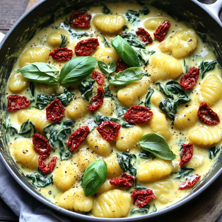 - 1 pound potato gnocchi - 1 cup sun-dried tomatoes, chopped - 2 cups fresh spinach, roughly chopped - 1 cup heavy cream (or coconut cream) - 1 cup vegetable broth - 1 tablespoon olive oil - 2 cloves garlic, minced - 1 teaspoon Italian seasoning - Salt and pepper to taste - ½ cup grated Parmesan cheese (optional) - Fresh basil for garnish When I create my creamy sun-dried tomato gnocchi skillet, I start by gathering the main ingredients. For this dish, I use one pound of potato gnocchi. You can buy it at any store, or even make it at home if you’re feeling adventurous. Next, I chop up one cup of sun-dried tomatoes. I prefer the ones packed in oil for extra flavor. Then, I grab two cups of fresh spinach. I roughly chop it to mix well into the sauce. Next, I focus on the sauce ingredients. I choose one cup of heavy cream, but if you want a dairy-free option, coconut cream works well too. I also use one cup of vegetable broth to bring everything together. A tablespoon of olive oil adds a nice touch of richness. For seasoning, I use two cloves of minced garlic. It gives the dish a warm base flavor. I sprinkle in one teaspoon of Italian seasoning, which brings a taste of herbs. Finally, I add salt and pepper to taste. If I want to make it extra special, I might include half a cup of grated Parmesan cheese. It adds a lovely creaminess, but it's optional. To finish, I always garnish with fresh basil. It brightens the dish and adds a lovely aroma. - Bring salted water to a boil. - Cook gnocchi until they float, about 2-3 minutes. I love cooking gnocchi because it’s so quick and easy. The moment they float, they are ready. This sign means they are light and fluffy. - Heat olive oil in a skillet. - Add garlic and sauté until fragrant. Heat the olive oil in a large skillet over medium heat. When it shimmers, add the minced garlic. Sauté for about 30 seconds. It fills the kitchen with a warm, inviting smell. - Stir in sun-dried tomatoes. - Create the creamy sauce with broth and cream. Next, add the chopped sun-dried tomatoes. Stir them in for 2-3 minutes. Then, pour in the vegetable broth and heavy cream. Mix well, and let it simmer gently. - Mix in the cooked gnocchi. - Allow sauce to thicken. Once the sauce is ready, add the cooked gnocchi. Gently stir to coat them in the creamy goodness. Let it cook for 2-3 more minutes. This allows the sauce to thicken and cling to the gnocchi. - Incorporate spinach and cheese. - Adjust seasoning to taste. Stir in the fresh spinach and grated Parmesan cheese if you like. Cook for about 2 minutes until the spinach wilts. Taste your dish, and add salt and pepper as needed. - Remove from heat. - Garnish with fresh basil. Finally, take the skillet off the heat. Serve it warm, garnished with fresh basil. This adds a bright touch and a burst of flavor. Enjoy your creamy sun-dried tomato gnocchi skillet! How to choose the best gnocchi When picking gnocchi, look for soft, pillowy pieces. Check if they are fresh or frozen. Fresh gnocchi cooks faster, while frozen needs a bit longer. If you can, try homemade gnocchi for the best flavor. Tips for cooking sun-dried tomatoes Use sun-dried tomatoes packed in oil for rich taste. Rinse and chop them before cooking. This helps to release their flavor. Sauté them in olive oil for a few minutes to enhance the dish. Alternate cream options for different diets For a dairy-free option, use coconut cream. It adds a great taste without dairy. You can also try cashew cream for a nutty flavor. Both options keep the dish creamy and rich. How to achieve the perfect creamy consistency To get that smooth, creamy sauce, stir in the cream slowly. Let the mixture simmer gently. This helps it thicken without curdling. If it gets too thick, add more vegetable broth a little at a time. Ideas for garnishing your dish For a lovely finish, add fresh basil leaves on top. You can also sprinkle extra Parmesan cheese for a tasty touch. A drizzle of olive oil adds shine and flavor too. Suggestions for serving accompaniments Serve this gnocchi with a side salad or crusty bread. Garlic bread pairs well, adding crunch to each bite. A light, crisp white wine enhances the whole meal experience. {{image_2}} For a vegetarian version, stick with the creamy sauce. You can swap heavy cream for coconut cream. This choice keeps it rich while being dairy-free. When it comes to cheese, use nutritional yeast instead of Parmesan. It gives a cheesy flavor without animal products. If you want to add protein, chicken or shrimp work great. Cook them in the skillet before adding the sun-dried tomatoes. For a vegetarian option, toss in some chickpeas. They add protein and texture, making the dish heartier. To boost the flavor, try adding fresh herbs like basil or parsley. They bring brightness to the dish. If you enjoy heat, sprinkle in some chili flakes. This will give your meal an exciting kick. Don’t hesitate to experiment with your favorite spices for a unique touch. To store leftovers, let the dish cool first. Place it in an airtight container. This helps keep it fresh. When you want to eat it again, reheat it gently on the stove or in the microwave. Add a splash of vegetable broth or cream to restore creaminess. Stir often for even heating. Yes, you can freeze Creamy Sun-Dried Tomato Gnocchi Skillet! For best results, freeze it in a sealed container. Make sure to leave some space for expansion. To thaw, move it to the fridge overnight. When ready to eat, reheat it slowly on the stove. Add a little broth to help with texture. Leftovers last about 3-4 days in the fridge. If you see any mold or notice a sour smell, it’s no longer good. Always trust your senses when deciding to eat leftovers. It takes about 10 minutes to prep and 10 minutes to cook. The total time is 20 minutes. You can make this dish quickly, perfect for busy nights. Yes, you can use fresh gnocchi. Fresh gnocchi has a softer texture. Store-bought gnocchi is easy and quick to cook. Both options taste great in this dish. You can use roasted red peppers or cherry tomatoes. They offer a sweet and tangy flavor. You can also try tomato paste for a more intense taste. The recipe is not gluten-free with regular gnocchi. However, you can use gluten-free gnocchi. Check the label to ensure it fits your needs. Yes, you can prep the gnocchi and sauce ahead. Store them separately in the fridge. Combine and cook just before serving for the best taste. This creamy sun-dried tomato gnocchi skillet is easy to make and delicious. We covered essential ingredients, easy steps, and helpful tips. You can adjust the recipe for your taste or diet, whether you prefer it vegetarian or with added protein. Store leftovers properly for later enjoyment. Cooking this dish is straightforward and satisfying. Enjoy every bite of your creation!