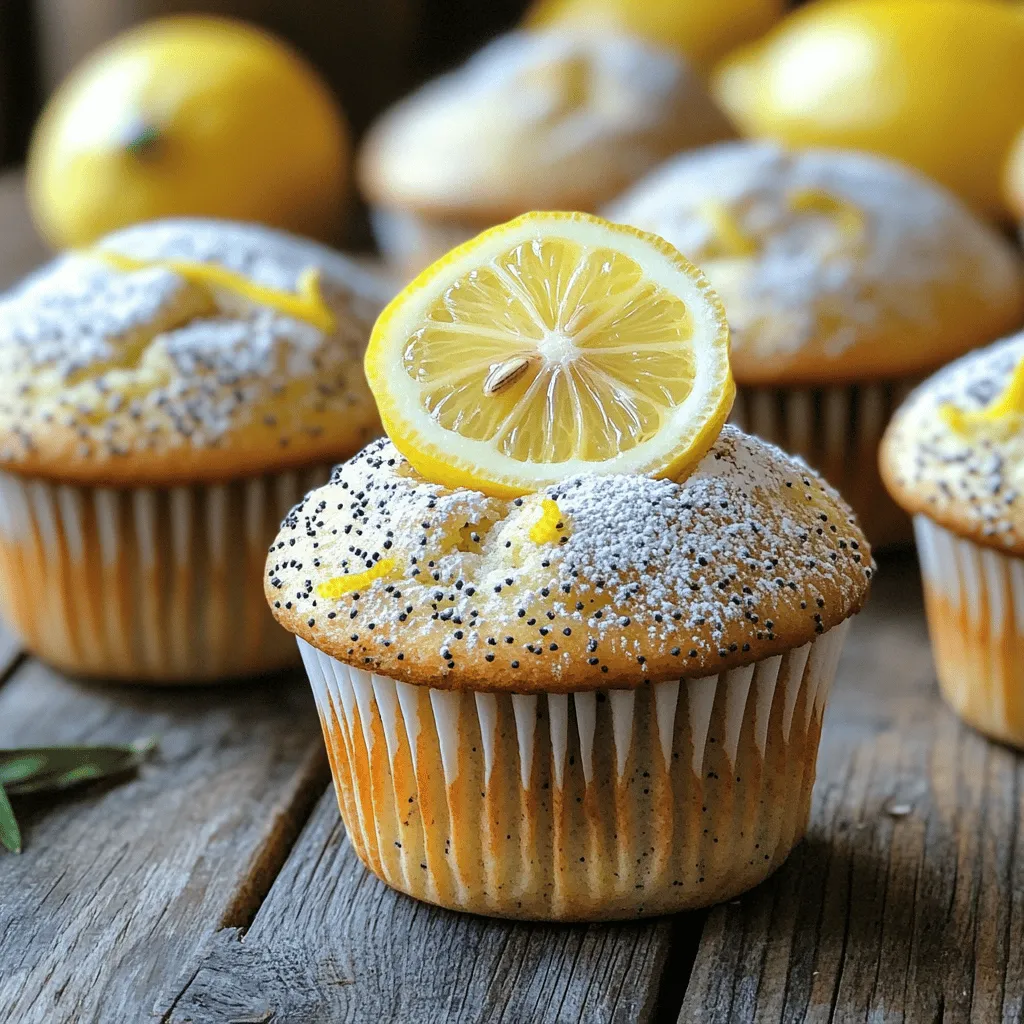 To make lemon poppy seed muffins, gather these items: - 1 ½ cups all-purpose flour - 1 tablespoon poppy seeds - 1 teaspoon baking powder - ½ teaspoon baking soda - ½ teaspoon salt - ½ cup unsalted butter, softened - 1 cup granulated sugar - 2 large eggs - Zest of 2 lemons - ¼ cup fresh lemon juice - ½ cup buttermilk - 1 teaspoon vanilla extract You can easily change some ingredients. For a gluten-free version, use a gluten-free flour blend. If you want vegan muffins, replace the eggs with flax eggs. Use coconut oil in place of butter for a dairy-free option. You can also swap buttermilk with almond milk mixed with lemon juice. Want to change the flavor? Add blueberries or raspberries for sweetness. For a nutty taste, mix in chopped almonds or walnuts. If you like a spicier kick, add a pinch of cinnamon or ginger. These small changes can give your muffins a fun twist! First, you need to preheat your oven to 350°F (175°C). This step warms the oven for even baking. Next, grab your muffin tin. You can line it with paper liners or grease it with non-stick spray. This helps the muffins release easily after baking. In a medium bowl, combine the dry ingredients. Start with 1 ½ cups of all-purpose flour. Add 1 tablespoon of poppy seeds, 1 teaspoon of baking powder, ½ teaspoon of baking soda, and ½ teaspoon of salt. Whisk these together until they blend well. This mix gives the muffins structure and flavor. In a large bowl, take ½ cup of softened unsalted butter and 1 cup of granulated sugar. Use an electric mixer to cream them together. Mix until light and fluffy, which should take about 3-4 minutes. This step adds air to the mixture, making your muffins soft. Now, it’s time to add eggs. Beat 2 large eggs into the butter and sugar mix, one at a time. Next, stir in the zest of 2 lemons and 1 teaspoon of vanilla extract. After that, slowly add the dry mix to the wet mix. Alternate with ½ cup of buttermilk and ¼ cup of fresh lemon juice. Start and end with the flour. Be careful not to overmix. You want a smooth batter but don’t want to toughen the muffins. Divide your batter evenly into the muffin tins. Fill each cup about 2/3 full. This helps the muffins rise without spilling over. Bake in the preheated oven for 15-20 minutes. Check for doneness by inserting a toothpick in the center of a muffin. If it comes out clean, they’re ready. Let the muffins cool in the tin for 5 minutes. Then, transfer them to a wire rack to cool completely. Enjoy the lovely lemon scent! To get the best texture in your lemon poppy seed muffins, use room temperature ingredients. This means letting your butter, eggs, and buttermilk sit out before you start. Mixing the butter and sugar well helps to create air. This air gives you a light and fluffy muffin. Be careful not to overmix your batter. Overmixing makes muffins tough. Just mix until you see no dry flour. One big mistake is skipping the lemon zest. It adds a bright flavor that makes the muffins stand out. Another error is not measuring your flour correctly. Too much flour can lead to dry muffins. Use a spoon to scoop flour into your measuring cup, then level it off. Also, remember to check your oven temperature. An oven that is too hot can burn the muffins before they cook inside. To check if your muffins are done, insert a toothpick into the center. If it comes out clean or with a few crumbs, they are ready. If you see wet batter, give them a few more minutes. The muffins should be golden brown on top. Let them cool in the tin for five minutes. This step helps them set before you transfer them to a wire rack. {{image_2}} You can easily make gluten-free lemon poppy seed muffins. Use gluten-free all-purpose flour instead of regular flour. Most brands blend starches that mimic wheat flour well. Follow the same steps in the recipe. The muffins will still taste bright and zesty. To make vegan lemon poppy seed muffins, swap the eggs for flax eggs. Mix one tablespoon of ground flaxseed with three tablespoons of water. Let it sit for a few minutes to thicken. Replace the butter with coconut oil or vegan butter. Use plant-based milk like almond or oat milk instead of buttermilk. Your muffins will be just as tasty! You can personalize your muffins with fun add-ins. Blueberries add a burst of sweetness. Stir in about one cup of fresh or frozen blueberries before baking. Almonds give a nice crunch. Fold in half a cup of chopped almonds for a nutty flavor. Feel free to mix and match! To keep your lemon poppy seed muffins fresh, store them in an airtight container. This helps prevent them from drying out. You can keep them at room temperature for up to three days. If you want to keep them longer, the fridge is a good option. Just wrap them in plastic wrap or foil before placing them in the fridge. Freezing muffins is a great way to enjoy them later. Once they cool, wrap each muffin in plastic wrap. Then, place them in a freezer bag. You can freeze them for up to three months. When you're ready to eat one, just take it out and let it thaw at room temperature. To reheat your muffins, you have a few options. For a quick fix, microwave one muffin for about 15-20 seconds. If you want a crispier texture, use an oven. Preheat it to 350°F (175°C) and warm the muffins for about 5-10 minutes. This method keeps the muffins soft and fresh. Yes, you can make lemon poppy seed muffins ahead of time. They store well. After baking, let them cool completely. Place them in an airtight container. They stay fresh for about three days at room temperature. You can also freeze them. Wrap each muffin in plastic wrap, then place them in a freezer bag. They will be good for about three months. To make lemon poppy seed muffins less sweet, reduce the sugar. Start with ¾ cup of sugar instead of one cup. You can also add more lemon juice or zest. This will give them a nice tang. Using unsweetened applesauce can help, too. Replace half of the sugar with applesauce for a healthier twist. If you don't have buttermilk, there are easy substitutes. Use regular milk and add acid. Mix one cup of milk with one tablespoon of vinegar or lemon juice. Let it sit for five minutes. This creates a similar tangy flavor. You can also use yogurt or sour cream. Thin them with a little milk to reach the right consistency. This blog post covered how to make lemon poppy seed muffins. We explored ingredients, substitutes, and variations. You learned steps for mixing and baking. I shared tips for texture and common mistakes. Storing muffins correctly helps keep them fresh. In the end, you can enjoy these muffins in many ways. Don't hesitate to try new flavors or share them with friends. Happy baking!
