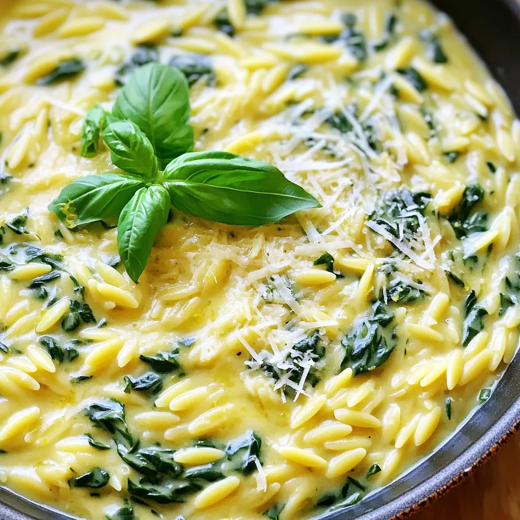 To make One-Pot Creamy Lemon Spinach Orzo, gather these simple ingredients: - 1 cup orzo pasta - 2 cups vegetable broth - 1 cup fresh spinach, chopped - 1/2 cup heavy cream - 1/2 cup grated Parmesan cheese - 1 tablespoon olive oil - 2 cloves garlic, minced - Juice and zest of 1 lemon - Salt and pepper to taste - 1/4 teaspoon red pepper flakes (optional) - Fresh basil or parsley for garnish You will need a few basic tools for this recipe: - Large pot - Wooden spoon or spatula - Measuring cups and spoons - Knife and cutting board - Serving bowls You can easily adjust this recipe for different diets. Here are some ideas: - For a vegan option, swap heavy cream with coconut cream and use nutritional yeast instead of cheese. - If you need gluten-free, use gluten-free orzo or another gluten-free pasta. - For dairy-free, choose a plant-based cream and omit the cheese. - For a low-sodium version, use low-sodium vegetable broth. Start by gathering your ingredients. You need: - 1 cup orzo pasta - 2 cups vegetable broth - 1 cup fresh spinach, chopped - 1/2 cup heavy cream - 1/2 cup grated Parmesan cheese - 1 tablespoon olive oil - 2 cloves garlic, minced - Juice and zest of 1 lemon - Salt and pepper to taste - 1/4 teaspoon red pepper flakes (optional) - Fresh basil or parsley for garnish Next, chop the spinach and mince the garlic. This saves time later. In a large pot, heat the olive oil on medium heat. Add the minced garlic and sauté it for about 1 minute. The smell is amazing! Now, add the orzo to the pot. Stir it well to coat with the oil and garlic. Toast the orzo for about 2 minutes. This adds flavor. Pour in the vegetable broth and bring it to a gentle boil. Once it boils, reduce the heat to low. Cover the pot and let it simmer for about 10 minutes. The orzo should be al dente and most of the liquid absorbed. After that, stir in the chopped spinach, heavy cream, grated Parmesan, lemon juice, and lemon zest. Mix everything well. Cook for an additional 2-3 minutes. The spinach will wilt, and the dish will get creamy. Season with salt, pepper, and red pepper flakes to taste. Remove the pot from heat. Let it sit for a couple of minutes. This allows the sauce to thicken. Serve the orzo warm. Garnish with fresh basil or parsley for color and flavor. Enjoy your delicious meal! To make this dish shine, use fresh ingredients. Fresh spinach and real Parmesan cheese boost taste. Add more lemon juice for a zesty kick. Red pepper flakes give warmth, so use them if you like heat. You can also mix in herbs like basil or parsley for more flavor. One common mistake is overcooking the orzo. Keep an eye on it while it simmers. If you cook it too long, it can become mushy. Another mistake is skimping on seasoning. Salt and pepper are key to balancing flavors. Don't forget to taste your dish as you cook! To make this dish creamier, use full-fat heavy cream. You can also add more cheese for richness. If you want an even silkier sauce, try stirring in a little butter at the end. A splash of lemon juice brightens the creaminess and adds depth. {{image_2}} You can boost the protein in your orzo dish easily. For chicken, use bite-sized pieces. Sear them in the pot before adding garlic. Cook until they are golden. For shrimp, add them when you mix in the spinach. They will cook fast and add great flavor. Feel free to mix in other veggies. Peas, asparagus, or bell peppers work well. Just chop them small and add when you add the spinach. This will give your dish more color and taste. You can even add frozen veggies if you're short on fresh ones. Parmesan cheese is great, but you can try other cheeses. Feta adds a tangy kick. Goat cheese gives a creamy touch. If you want a sharper taste, use aged cheddar. Each cheese gives a different flavor but still keeps it creamy. After you enjoy your One-Pot Creamy Lemon Spinach Orzo, store leftovers in an airtight container. Let the dish cool before sealing it. You can keep it in the fridge for up to three days. This meal tastes great even after a day or two! To reheat, place the orzo in a pot over low heat. Add a splash of vegetable broth or cream to prevent it from drying out. Stir often until it’s hot. You can also microwave it. Use a microwave-safe bowl, cover it loosely, and heat in short bursts. Stir in between to ensure even heating. If you want to freeze your orzo, do it in a freezer-safe container. It can stay fresh for up to three months. When you’re ready to eat, thaw it in the fridge overnight. Reheat it on the stove with a bit of liquid to restore its creamy texture. Enjoy your meal later without losing flavor! Yes, you can use other pasta shapes. Small shapes like shells or ditalini work well. Just adjust the cooking time as needed. Keep an eye on the pasta to avoid overcooking. The key is to ensure the pasta absorbs the broth and flavors. To make this dish vegan, swap heavy cream for coconut cream or cashew cream. Use nutritional yeast instead of Parmesan cheese. Vegetable broth is already vegan, so you are good there. This keeps the dish creamy and flavorful without using animal products. This dish pairs well with a simple green salad. A light vinaigrette adds a nice touch. You might also enjoy it with crusty bread to soak up the sauce. For protein, grilled chicken or shrimp complements the meal nicely. This article covers everything you need for One-Pot Creamy Lemon Spinach Orzo. We explored the key ingredients and tools, plus substitutions for dietary needs. I shared step-by-step instructions for prep and cooking, along with tips to avoid common mistakes. Variations let you add proteins or veggies to suit your taste. Lastly, I provided storage info for leftovers and answered FAQs. Now you have the skills to create a delicious meal. Enjoy making this dish your own!