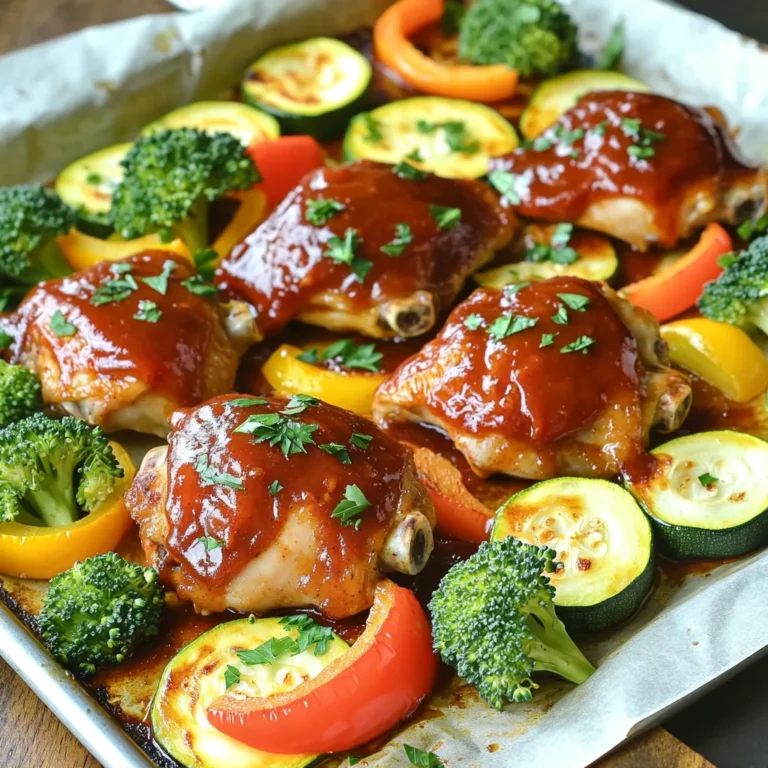 - 4 boneless, skinless chicken thighs - 1 cup BBQ sauce (your favorite brand or homemade) - 1 red bell pepper, sliced - 1 yellow bell pepper, sliced - 1 zucchini, sliced into half-moons - 1 red onion, cut into wedges - 2 cups broccoli florets To make this dish shine, I love using chicken thighs. They stay juicy and tender during cooking. You have the freedom to choose your BBQ sauce. Whether it's tangy, sweet, or spicy, it adds a rich flavor. For veggies, I pick colorful, fresh options. Bell peppers bring sweetness, while zucchini adds a nice crunch. Red onion and broccoli give great texture and taste. - 2 tablespoons olive oil - 1 teaspoon garlic powder - 1 teaspoon smoked paprika - Salt and pepper to taste Spices make this dish pop! Garlic powder gives a savory depth. Smoked paprika adds a warm, smoky flavor that pairs well with BBQ. Don’t forget salt and pepper! They enhance all the flavors and make each bite better. A drizzle of olive oil helps everything cook evenly and keeps veggies crisp. - Fresh parsley, chopped for garnish - Additional BBQ sauce for serving Garnishes can elevate your meal. Fresh parsley adds a burst of color and a slight freshness. If you like more BBQ flavor, drizzle extra sauce on top. It makes the dish look appealing and adds a final touch of yum. Each ingredient plays a role in making this meal delicious and fun to eat. - Preheat your oven to 400°F (200°C). - Line a large sheet pan with parchment paper for easy cleanup. - In a medium bowl, mix the chicken thighs with your BBQ sauce. - Make sure the chicken is well coated in the sauce. - Set the marinated chicken aside while you prep the veggies. - In a large bowl, add the sliced bell peppers, zucchini, red onion, and broccoli florets. - Drizzle the veggies with olive oil. - Sprinkle garlic powder, smoked paprika, salt, and pepper over the veggies. - Toss everything together until the veggies are evenly coated. - Spread the seasoned veggies across the prepared sheet pan. - Nestle the marinated chicken thighs among the veggies on the sheet pan. - Bake in the preheated oven for 25-30 minutes. - Check that the chicken is cooked through; it should reach 165°F (75°C). - The veggies should be tender and slightly caramelized. - Optional: Broil for 2-3 minutes at the end for a charred flavor. - Once done, take it out and let it rest for 5 minutes. - Garnish with freshly chopped parsley before serving. - Always check that your chicken reaches a safe internal temperature of 165°F (75°C). This keeps the chicken juicy and safe to eat. - Line your sheet pan with parchment paper to make cleanup a breeze. It prevents sticking and saves time. - For deeper taste, marinate your chicken thighs for at least 30 minutes. Longer marinating can make a huge difference. - If you want to try your hand at homemade BBQ sauce, mix ketchup, vinegar, brown sugar, and spices. Adjust to suit your taste! - Serve directly from the sheet pan for a fun, casual meal. It makes cleanup easier and adds a rustic charm. - For a more elegant touch, plate the chicken and veggies separately. Drizzle extra BBQ sauce on top for added flair. {{image_2}} You can use chicken breasts or drumsticks in this recipe. Chicken thighs stay juicy and tender, but breasts work too. Just adjust the cooking time. Drumsticks add a fun touch and are great for sharing. If you prefer plant-based options, try tofu or tempeh. Marinate them in BBQ sauce just like the chicken. This will help them soak up the flavors. You can also use seitan for a meat-like texture. Each option gives you a unique twist on this dish. Seasonal veggies make this dish exciting. In spring, add asparagus or snap peas. In summer, use corn or cherry tomatoes. Fall brings squash, while winter offers hearty root veggies like carrots and parsnips. Mixing colors is key for a beautiful plate. Use purple cabbage or orange carrots alongside the peppers and zucchini. This not only looks nice but also adds different flavors and nutrients. BBQ sauce can change the whole dish. Try different regional sauces for a new taste. Kansas City sauce is sweet and thick, while Memphis sauce is tangy and vinegar-based. You can also experiment with flavors. Add some hot sauce for heat, or honey for sweetness. Try mixing in mustard or even fruit like peach or pineapple. Each sauce choice gives you a new way to enjoy this meal. To keep your sheet-pan BBQ chicken and veggies fresh, follow these steps: - Refrigerator Storage: Place leftovers in an airtight container. Keep them in the fridge for up to four days. - Freezing Tips: For longer storage, freeze the chicken and veggies. Use a freezer-safe bag or container. Label it with the date. It can last for up to three months. When you’re ready to enjoy your leftovers, use these methods: - Oven Method: Preheat your oven to 350°F (175°C). Place chicken and veggies on a baking tray. Cover with foil to keep moisture. Bake for 15 to 20 minutes. - Microwave Method: Place portions on a microwave-safe plate. Heat for about two to three minutes. Check that it is hot throughout. These methods help maintain the flavor and texture of your dish. Enjoy your tasty meal again! Marinating chicken enhances its flavor. I recommend marinating for at least 30 minutes. For the best taste, try marinating for 2 to 4 hours. If you have time, you can marinate overnight in the fridge. This gives the chicken a rich BBQ flavor, making every bite delicious. Yes, you can use an air fryer for this recipe. To adapt, cook the chicken and veggies at 375°F (190°C). Cook the chicken for about 15-20 minutes. Check the internal temp to ensure it reaches 165°F (75°C). Toss the veggies halfway through cooking for even results. You can serve this dish with many sides. Here are some great options: - Corn on the cob - Coleslaw - Rice or quinoa - Garlic bread - A fresh garden salad These sides add color and flavor, making your meal feel complete. Enjoy! This blog post covered the key steps to making delicious sheet-pan BBQ chicken. We started with essential ingredients, spices, and optional garnishes. Then, I explained how to prepare and cook everything in one pan. I shared tips for enhancing flavor and presented variations for creativity. Lastly, I discussed storage and reheating. Enjoy experimenting with your own BBQ chicken creations, and make it fit your taste!
