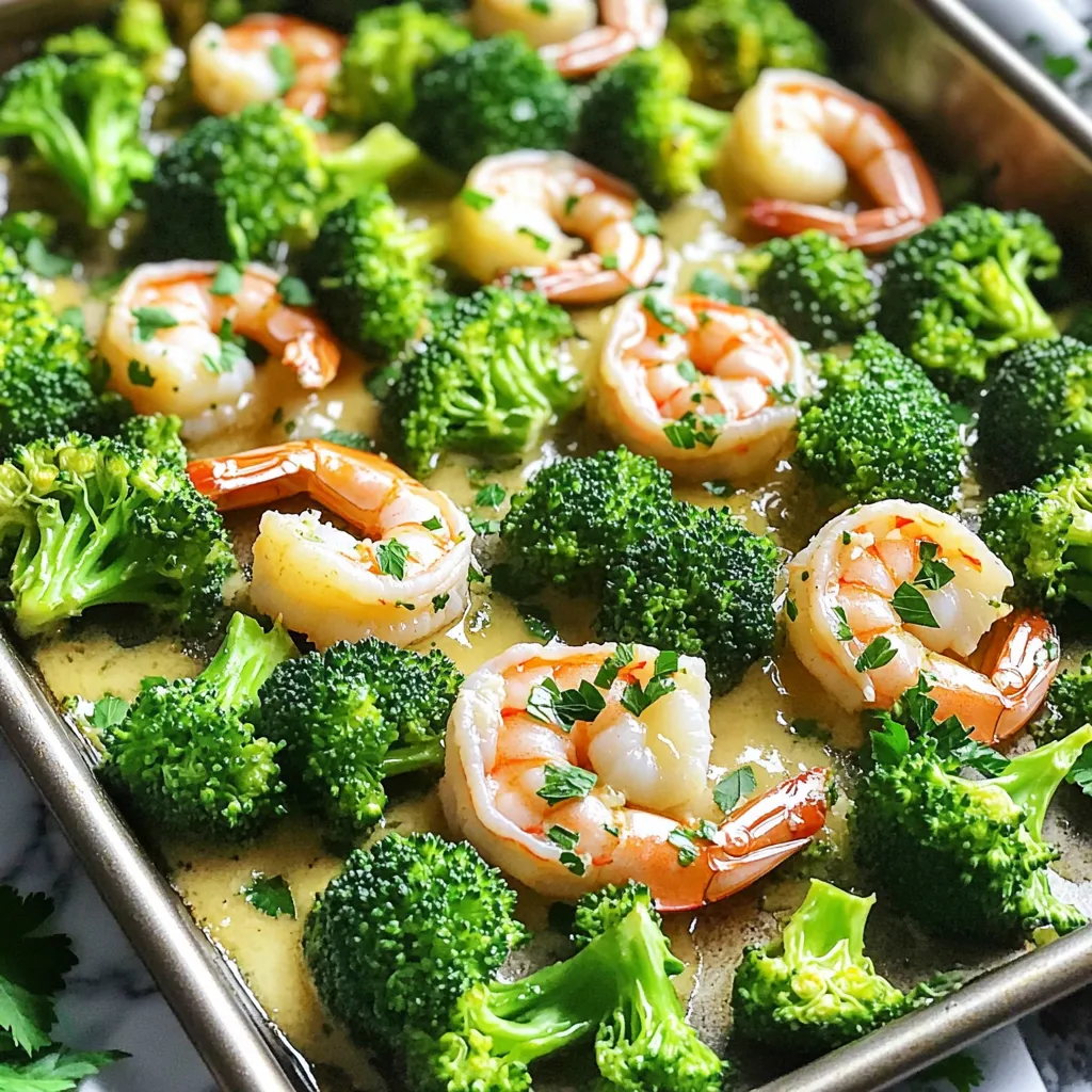 - 1 lb large shrimp, peeled and deveined - 4 cups broccoli florets - 1/4 cup unsalted butter - 6 cloves garlic, minced - 1 tablespoon lemon juice - 1/2 teaspoon red pepper flakes - Salt and pepper to taste - 1 tablespoon fresh parsley for garnish - Large sheet pan - Parchment paper - Small saucepan In this recipe, the star of the show is the shrimp. Large shrimp give the dish a nice bite. You want these shrimp peeled and deveined for easy eating. Broccoli adds color and crunch. It's the perfect veggie to pair with shrimp. The unsalted butter creates a rich, flavorful base for the dish. The garlic brings an amazing aroma to your kitchen. When you sauté it in butter, it fills the air with a warm, inviting scent. Adding lemon juice gives a bright, zesty flavor that cuts through the richness. Red pepper flakes add just a hint of heat. You can adjust this to your taste, making it mild or spicy. Lastly, don't forget salt and pepper. They enhance all the flavors in this dish. Fresh parsley adds a nice pop of color and freshness when you serve the meal. For equipment, a large sheet pan is a must. It holds everything together while cooking. Lining the pan with parchment paper helps with cleanup later. A small saucepan is used to melt the butter and mix in the garlic. These simple tools make the cooking process smooth and easy. 1. Preheat the oven and line the sheet pan. Start by setting your oven to 400°F (200°C). This heat will cook the shrimp and broccoli just right. Line a large sheet pan with parchment paper. This makes clean-up easy and keeps everything from sticking. 2. Melt butter and sauté garlic. Take a small saucepan and place it on low heat. Add 1/4 cup of unsalted butter. Once it melts, add in 6 cloves of minced garlic. Sauté the garlic for about 2-3 minutes until it smells good. Be careful not to let the garlic burn. 3. Mix broccoli and garlic butter. In a large bowl, combine 4 cups of broccoli florets with half of the melted garlic butter. Toss the broccoli well to coat it evenly. Spread the broccoli across the lined sheet pan. 4. Coat shrimp with remaining garlic butter. In the same bowl, add 1 pound of large shrimp that are peeled and deveined. Pour the rest of the garlic butter over the shrimp. Toss them around until they are well coated. 5. Arrange broccoli and shrimp on the sheet pan. Place the coated broccoli on one side of the sheet pan. Next, arrange the shrimp around the broccoli. Make sure to leave space between each shrimp. This helps them cook evenly. 6. Season and bake in the oven. Sprinkle salt and pepper over both the shrimp and broccoli to taste. Then, place the sheet pan in the preheated oven. Bake for about 10-12 minutes. The shrimp should turn pink and opaque, while the broccoli becomes tender. By following these steps, you will create a delicious and easy meal that is sure to impress! - Preventing overcooked shrimp: Cook the shrimp just until they turn pink. This usually takes about 10-12 minutes at 400°F. Overcooked shrimp can become rubbery and tough. - Ensuring broccoli retains crunch: To keep the broccoli crunchy, roast it for just the right time. Broccoli should be bright green and tender but still firm. If you like it extra crisp, add it to the pan halfway through cooking. - Presentation ideas for serving: Serve straight from the sheet pan for a fun, casual vibe. If you want it to look fancy, plate the shrimp and broccoli on individual dishes. Drizzle any leftover garlic butter over the top for extra flavor. - Pairing with sides or drinks: Pair this dish with a fresh salad or rice for a complete meal. A chilled white wine or sparkling water with lemon makes a refreshing drink choice. - Cleaning the sheet pan: Let the sheet pan cool before cleaning. Soak it in warm, soapy water for easy cleanup. Use a soft sponge to avoid scratching the surface. - Storing leftovers: Place any leftovers in an airtight container. Store them in the fridge for up to three days. Reheat gently in the microwave or on the stovetop to keep the shrimp tender. {{image_2}} You can easily swap vegetables in this dish. Try using asparagus, bell peppers, or snap peas instead of broccoli. Each adds a unique taste and color. If you want a heartier dish, consider adding sweet potatoes or zucchini. For seasonings, mix it up! Instead of garlic, try shallots for a sweeter flavor. You can also use fresh herbs like thyme or basil. For a twist, add soy sauce or a splash of balsamic vinegar to the garlic butter. This recipe can fit many diets. To make it gluten-free, ensure your butter is pure and check labels on any sauces used. You can also replace butter with olive oil or coconut oil for a dairy-free option. If you want lower calories, use less butter or swap it out for a light cooking spray. Reducing the shrimp amount can also cut calories while keeping it tasty. Scaling this recipe is simple. If you need more servings, double the ingredients. For fewer servings, cut everything in half. Just keep an eye on the baking time, as smaller amounts may cook faster. Feel free to mix and match toppings or sides to suit your guests. Enjoy creating your own version of this dish! To store leftovers, let the shrimp and broccoli cool down. Place them in an airtight container. This helps keep the flavors fresh. You can store them in the fridge for up to three days. Make sure to label the container with the date. This way, you know when to eat it. You can freeze the shrimp and broccoli too. First, cool them completely. Then, put them in a freezer-safe bag. Remove as much air as possible to prevent freezer burn. You can freeze them for up to three months. When you are ready to use them, just thaw overnight in the fridge. When it's time to enjoy your leftovers, reheating is key. The best way is to use the oven. Preheat it to 350°F (175°C). Place the shrimp and broccoli on a baking sheet. Cover them with foil to keep moisture in. Bake for about 10 minutes until warm. You can also use a microwave, but it may make the shrimp a bit rubbery. Make sure to stir halfway through for even heating. This keeps the taste and texture just right. How long should I bake shrimp on a sheet pan? Bake shrimp for about 10 to 12 minutes. You want them pink and opaque. This short time keeps them juicy and tender. Can I prepare this dish ahead of time? Yes, you can prep ahead! Chop broccoli and devein shrimp. Store them in the fridge. Mix the garlic butter just before baking. What's the best way to peel and devein shrimp? Start by holding the shrimp firmly. Pull off the shell from the body. Use a small knife to cut along the back. Remove the dark vein with the knife. How do I ensure my shrimp stays tender? Do not overcook shrimp. Monitor their color closely. Remove them from the oven as soon as they turn pink. What other proteins can I use in this recipe? You can use chicken or scallops instead. Both work well with garlic butter and broccoli. Just adjust the cooking time for each protein. Can I make this dish spicy? Absolutely! Add more red pepper flakes or chopped fresh chilies. You can adjust the heat to your liking. This dish combines shrimp and broccoli into a tasty meal. You learned how to prepare, cook, and serve it well. Remember to follow key tips to keep shrimp tender and broccoli crunchy. Feel free to mix and match ingredients or try diet swaps. Store your leftovers safely and reheat them carefully. With this guide, you can enjoy a great meal anytime. Enjoy cooking and sharing this easy recipe!