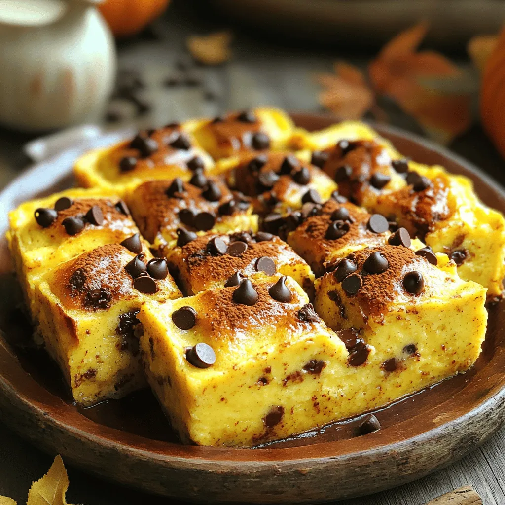 To make Pumpkin Chocolate Chip Bread Pudding, gather these simple ingredients: - 4 cups cubed bread (preferably day-old brioche or challah) - 1 cup canned pumpkin puree - 2 cups whole milk - 3 large eggs - 3/4 cup brown sugar - 1 teaspoon vanilla extract - 1 teaspoon pumpkin pie spice - 1/2 teaspoon salt - 1 cup semi-sweet chocolate chips - Optional: Whipped cream for serving For this recipe, I recommend using day-old bread. Brioche and challah are great choices. They absorb the pumpkin mixture well. Their slight sweetness adds to the dish's flavor. You can also use French bread or white bread if needed. Avoid fresh bread, as it may become too mushy. You can customize some ingredients if needed. For the bread, use any soft bread you like. Instead of pumpkin puree, you can use butternut squash puree. If you're short on whole milk, you can use half-and-half or almond milk. Brown sugar can be swapped with white sugar or coconut sugar. For a dairy-free option, try using plant-based milk and egg replacers. Start by setting your oven to 350°F (175°C). This temperature works well for baking. Next, grab a 9x13 inch baking dish. Grease it with butter or non-stick spray to prevent sticking. You want to make sure the dish is ready for the batter. In a large bowl, mix the pumpkin puree, whole milk, eggs, brown sugar, vanilla extract, pumpkin pie spice, and salt. Use a whisk to mix it well. This step is key for a smooth texture. Once mixed, add the cubed bread into the pumpkin mixture. Stir gently so every piece gets coated. Let it sit for 10-15 minutes. This allows the bread to soak up the flavors. Now, fold in the chocolate chips. Make sure they are spread evenly. Pour the mixture into your prepared baking dish. Spread it out evenly for even cooking. Bake it in the preheated oven for 40-50 minutes. Keep an eye on it. You want the top to be golden brown. Test if it’s done by inserting a knife in the center. If it comes out clean, it's ready. Let it cool slightly before slicing. Enjoy it warm, and consider adding whipped cream on top for extra delight! To get the best flavor in your pumpkin chocolate chip bread pudding, choose quality ingredients. Use rich, day-old brioche or challah. This bread absorbs the pumpkin mix well and adds a nice texture. The pumpkin puree should be pure and smooth. I recommend using pure vanilla extract for a deeper taste. Don’t skip the pumpkin pie spice; it adds warmth and depth. Mixing these elements well ensures every bite is flavorful. You can make this bread pudding ahead of time. Prepare it a day before and refrigerate it. Just cover it tightly with plastic wrap. When ready to bake, let it sit at room temperature for 30 minutes. This helps it bake evenly. If you have leftovers, store them in an airtight container in the fridge. To reheat, warm individual portions in the microwave. You can also bake it at 350°F for 15-20 minutes until heated through. When serving, cut the bread pudding into neat squares. Place each piece on a colorful plate to brighten the dish. You can drizzle extra chocolate chips on top for a sweet touch. A sprinkle of pumpkin pie spice also makes it look nice. For a creamy finish, add a dollop of whipped cream on the side. This adds flavor and makes the dish feel special. {{image_2}} You can enhance the flavor of your pumpkin chocolate chip bread pudding by adding spices and nuts. Consider mixing in ground cinnamon or nutmeg for a warm, cozy taste. You can also add chopped nuts like walnuts or pecans. They add a nice crunch and extra flavor. Just sprinkle about half a cup into the mix. If you want to switch things up, try using different types of chocolate. Milk chocolate chips add a sweet touch. Dark chocolate chips give a rich flavor that pairs well with pumpkin. You could even use white chocolate for a creamy contrast. Each option changes the taste, making your bread pudding unique. For those with dietary needs, there are easy swaps. Use gluten-free bread to keep this dish gluten-free. There are many tasty options available now. For a dairy-free version, choose almond milk or coconut milk instead of whole milk. You can also use dairy-free chocolate chips. These swaps make it easy for everyone to enjoy this delicious treat. After you enjoy your pumpkin chocolate chip bread pudding, let it cool. Place the leftovers in an airtight container. This keeps the pudding fresh for up to three days in the fridge. If you want to save it longer, consider freezing it. To reheat your bread pudding, first, take it out of the fridge. Cut it into squares for even heating. Place it in a microwave-safe dish. Heat on medium power for about 30 seconds. Check it, and heat for another 30 seconds if needed. You want it warm but not hot. You can also use an oven. Preheat it to 350°F (175°C). Cover the dish with foil to keep it moist. Heat for about 15-20 minutes. To freeze this tasty treat, first let it cool completely. Cut the bread pudding into serving sizes. Wrap each piece tightly in plastic wrap. Place the wrapped pieces in a freezer bag. Make sure to remove as much air as possible. This helps prevent freezer burn. You can freeze it for up to three months. When you are ready to eat, thaw it in the fridge overnight before reheating. The best way to cut bread pudding is to use a sharp knife. Start at the edge and slice straight down. This keeps the pieces intact. Use a gentle sawing motion to avoid squishing it. Cut into squares or rectangles for serving. You can use fresh bread, but stale bread works best. Stale bread soaks up the mixture better. If you use fresh bread, let it dry out a bit first. This helps it absorb the pumpkin mixture without turning mushy. To tell if your pumpkin bread pudding is done, look for a golden top. Insert a knife in the center. If it comes out clean, it’s ready. The edges should also pull away slightly from the dish. Yes, you can make this recipe in advance. Prepare the mix and place it in the dish. Cover it and store it in the fridge for up to 24 hours. This gives the bread time to soak up the flavors. Just bake it when you’re ready to serve. Great toppings for pumpkin chocolate chip bread pudding include whipped cream and chocolate chips. You can also add a drizzle of caramel sauce for extra sweetness. A sprinkle of cinnamon or nutmeg adds a nice touch too. In this blog post, I shared how to make an amazing pumpkin chocolate chip bread pudding. We covered the best ingredients, step-by-step instructions, and useful tips to get it just right. Remember to consider variations and storage ideas for a perfect treat. Bread pudding can be a fun dish to share with friends and family. With this guide, you can create something delicious and memorable. Enjoy the process, and don't be afraid to make it your own!