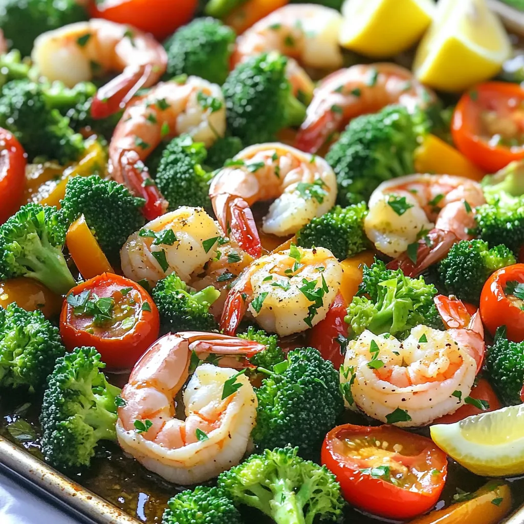 - 1 pound large shrimp, peeled and deveined - 2 cups broccoli florets - 1 cup bell peppers, sliced - 1 cup cherry tomatoes, halved - 4 cloves garlic, minced - 3 tablespoons olive oil - 1 teaspoon dried oregano - 1 teaspoon dried thyme - Salt and pepper to taste - Fresh parsley, chopped - Lemon wedges for serving For this recipe, you need fresh and good-quality shrimp. I love using large shrimp because they pack great flavor. Broccoli adds crunch, while bell peppers bring sweetness and color. Cherry tomatoes add a juicy burst. The seasonings are simple but effective. Garlic is a must for that rich flavor. Olive oil gives a nice finish and helps the veggies roast well. Oregano and thyme add earthy notes that blend perfectly. Don’t forget salt and pepper! They enhance every other taste in the dish. For garnish, fresh parsley brightens the meal. Lemon wedges are great for squeezing over the shrimp and veggies just before eating. This brightens the dish and adds a refreshing zing. - Preheat the oven to 400°F (200°C). - Prepare the shrimp and vegetables. Start by peeling and deveining the shrimp. Rinse them under cold water. Chop the broccoli into small florets. Slice the bell peppers into strips. Halve the cherry tomatoes. - Combine the shrimp and veggies in a bowl. Place the shrimp, broccoli, bell peppers, and tomatoes all together. - Whisk together the garlic herb mixture. In a small bowl, mix minced garlic, olive oil, oregano, thyme, salt, and pepper until smooth. - Toss the shrimp and veggies with the garlic mixture. Pour the mixture over the shrimp and veggies. Stir gently until everything is coated well. - Spread on the sheet pan and bake. Place the mixture in a single layer on a large sheet pan. Bake in the preheated oven for 12-15 minutes. The shrimp should turn pink and opaque. The veggies will become tender. - Garnish with parsley. After baking, sprinkle fresh parsley over the dish. - Serve with lemon wedges. Add lemon wedges on the side for a fresh twist. Enjoy your colorful and tasty meal! How to choose the best shrimp When picking shrimp, look for large, firm ones. Check for a fresh smell, not fishy. The shells should be shiny and clean. If you can, buy shrimp that is wild-caught. This often tastes better and is healthier. Ensuring even cooking To cook shrimp and veggies evenly, cut them to similar sizes. Spread them out in a single layer on the sheet pan. This allows hot air to circulate. For the best results, do not overcrowd the pan. Alternative vegetables to use If you want to switch things up, try other vegetables. Zucchini, asparagus, or green beans work well. You can also add carrots for a sweet crunch. Don’t hesitate to mix your favorites in! Adjusting flavors You can change the flavor by using different herbs. Basil, rosemary, or dill can add a nice twist. For some heat, add red pepper flakes. Feel free to play with the garlic and lemon, too. Pairing with side dishes This dish pairs great with rice or quinoa. You can also serve it with a simple salad. Garlic bread is a tasty choice, too. Each of these sides will round out your meal nicely. Beverage suggestions For drinks, I recommend a light white wine, like Sauvignon Blanc. If you prefer non-alcoholic, try sparkling water with lemon. Both options complement the shrimp well. Enjoy your meal! {{image_2}} You can switch the shrimp for chicken or tofu. For chicken, use boneless, skinless thighs or breasts. Cut them into bite-sized pieces. For tofu, choose firm tofu and press it to remove excess water. Cut it into cubes. Adjust the cooking time if you use chicken. Cook it until it reaches 165°F (74°C). Tofu will cook quickly, so watch it closely. Changing herbs and spices makes the dish fun. Try adding fresh basil, dill, or rosemary for a twist. A bit of cayenne pepper can add heat if you like spice. You can also use sauces like soy sauce or balsamic glaze. These sauces give a new taste and depth to the dish. Just drizzle them over before serving. Using seasonal veggies makes your dish fresh and tasty. In spring, try asparagus and snap peas. Summer is great for zucchini and corn. Fall brings pumpkin and Brussels sprouts. In winter, use root veggies like carrots and sweet potatoes. Each season adds its own unique flavor and texture to the dish. To store leftovers, let the dish cool first. Place it in an airtight container. This keeps the flavors fresh. The best storage practice is to separate the shrimp and veggies. This way, each retains its taste and texture. You can also wrap the pan in plastic wrap if you prefer. Just make sure it’s tight to avoid air exposure. For meal prep, you can freeze this dish. First, let it cool completely. Then, place the shrimp and veggies in a freezer-safe bag. Remove as much air as possible before sealing. To reheat, thaw in the fridge overnight. You can also reheat in the oven or microwave. Just heat until warm, ensuring the shrimp stays tender. Leftovers last about three days in the fridge. For the best taste, eat them within this time. After three days, the shrimp may lose its freshness. Always check for any off smells or changes in color before eating. If it looks or smells bad, it’s best to throw it away. Making this dish is quick! It takes about 10 minutes to prep. Cooking takes another 12 to 15 minutes. So, in total, you need about 25 minutes. This dish is perfect for busy weeknights or lazy weekends. You get a tasty meal without the fuss. Yes, you can use frozen shrimp! Just remember to thaw them first. Place the shrimp in cold water for about 15 minutes. Frozen shrimp can taste just as good as fresh shrimp. Just ensure they are peeled and deveined. This swap saves time and still gives you a delicious meal. You have many options for sides! Here are some tasty ideas: - Cooked rice for a filling base - Quinoa for a healthy grain option - Crusty bread to soak up flavors - A simple green salad for freshness These sides will complement your shrimp and veggies well. Enjoy mixing and matching! This blog post covered a simple and tasty Sheet-Pan Garlic Herb Shrimp and Veggies recipe. You learned about key ingredients, like shrimp, broccoli, and spices. I also shared step-by-step instructions to guide your cooking process. Tips on ingredient swaps and serving ideas helped make this dish your own. In conclusion, this recipe offers fantastic flavor with easy prep. Enjoy making it for family or friends. Your cooking skills can shine, making mealtime fun and healthy!