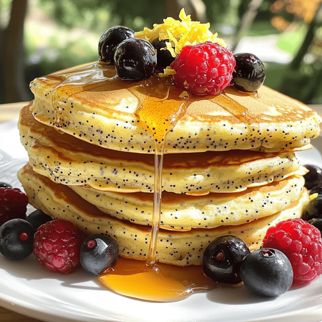 Here is what you need for delicious lemon poppy seed yogurt pancakes: - 1 cup all-purpose flour - 2 tablespoons poppy seeds - 2 tablespoons sugar - 2 teaspoons baking powder - 1/4 teaspoon baking soda - 1/4 teaspoon salt - 1 cup plain yogurt (Greek or regular) - 1 large egg - 2 tablespoons melted butter (or coconut oil) - 2 tablespoons lemon juice - Zest of 1 lemon - Optional: Maple syrup and fresh berries for serving These ingredients make a bright and zesty pancake. Each item plays a key role. The flour gives structure, while the yogurt adds moisture and tang. The poppy seeds give a nice crunch and a unique flavor. Lemon juice and zest bring a fresh citrus taste. They wake up the flavors and make the pancakes sing. The sugar balances the tartness, and the baking powder and soda help them rise. You can serve these pancakes warm with maple syrup. Fresh berries add a sweet touch and color. Enjoy making these pancakes; they are a delight! In a large bowl, add the dry ingredients. Combine 1 cup of all-purpose flour, 2 tablespoons of poppy seeds, 2 tablespoons of sugar, 2 teaspoons of baking powder, 1/4 teaspoon of baking soda, and 1/4 teaspoon of salt. Whisk them together until mixed well. This blend gives your pancakes their tasty base. In another bowl, mix the wet ingredients. Blend 1 cup of yogurt, 1 large egg, 2 tablespoons of melted butter, 2 tablespoons of lemon juice, and the zest of 1 lemon. Beat them until the mixture is smooth. The yogurt adds moisture and tang. Now, heat a non-stick skillet over medium heat. If needed, grease it lightly with butter or oil. Pour about 1/4 cup of batter onto the skillet for each pancake. Cook until bubbles form on the surface, about 2-3 minutes. When the edges look set, flip the pancakes. Cook for another 1-2 minutes until golden brown. Remove them from the skillet and keep warm in a low oven at 200°F while cooking the rest. Serve warm with maple syrup and fresh berries if you like. Enjoy your tasty pancakes! To get fluffy pancakes, avoid overmixing the batter. When you mix the wet and dry ingredients, stop as soon as they come together. It’s okay if there are a few lumps. These lumps help keep the pancakes light and airy. For even cooking, preheat your skillet over medium heat. A good test is to sprinkle a few drops of water on the skillet. If they sizzle and dance, the pan is ready. This ensures your pancakes cook through without burning. Top your pancakes with maple syrup and fresh berries. The sweetness of the syrup pairs well with the lemon flavor. You can also add a sprinkle of lemon zest on top for an extra burst of flavor. Enjoy them warm for the best taste! {{image_2}} You can make these pancakes healthier with simple swaps. Use whole wheat flour instead of all-purpose flour for added fiber. This change keeps the pancakes light but adds nutrients. If you want less sugar, try honey or maple syrup. You can reduce the sugar by half and still enjoy a tasty pancake. Want to change things up? Add blueberries or chopped nuts to the batter. Blueberries bring sweetness and a burst of flavor. Nuts add crunch and healthy fats. You can mix in a handful of these extras right before you cook the pancakes. This makes them even more fun to eat! These pancakes are great for any meal. Serve them for breakfast with syrup and fresh berries. For brunch, add a dollop of whipped cream on top. You can even enjoy them as dessert with a scoop of ice cream. The options are endless! To store leftover pancakes safely, let them cool down first. Place them in an airtight container. You can also use plastic wrap. This keeps them fresh and moist. Store the container in the fridge. Make sure to eat the pancakes within three days for the best taste. If you want to freeze pancakes, stack them with parchment paper between each one. This prevents them from sticking together. Place the stack in a freezer-safe bag or container. Remove as much air as you can to avoid freezer burn. When you're ready to eat, just reheat them in the toaster or microwave. Pancakes stay fresh in the fridge for up to three days. In the freezer, they can last about two months. This makes it easy to enjoy your lemon poppy seed pancakes anytime! Yes, you can make these pancakes gluten-free. Use a good gluten-free flour mix. Look for blends that include rice flour, almond flour, or oat flour. These flours work well in pancakes. You may need to add a bit of xanthan gum to help with texture. To make more pancakes, simply double or triple the ingredients. If you want to make 12 pancakes, use 2 cups of flour and adjust the other ingredients accordingly. You can keep the same ratios. This way, everyone can enjoy these tasty pancakes! If you don’t have yogurt, you can use sour cream or buttermilk. These add creaminess and tang. You can also use non-dairy yogurt for a vegan option. Just make sure it’s plain and unsweetened for the best flavor. In this blog post, we explored a delightful Lemon Poppy Seed Pancake recipe. We covered the ingredients, cooking steps, and ways to perfect your pancakes. You now know how to adjust the recipe, store leftovers, and even swap ingredients for healthier options. With these tips and tricks, you can enjoy fluffy pancakes for breakfast or dessert. Get creative with your toppings, and remember, cooking should be fun! Now, it’s your turn to make these tasty pancakes and share the joy.