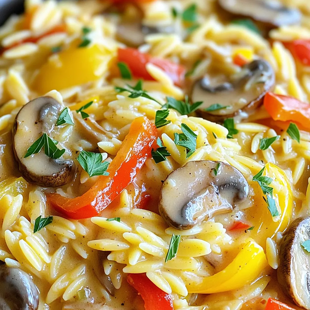 - 1 cup orzo pasta - 2 tablespoons olive oil - 1 medium onion, diced - 3 cloves garlic, minced - 1 bell pepper, chopped - 1 cup sliced mushrooms - 1 teaspoon Cajun seasoning - 1 teaspoon smoked paprika - 1/2 teaspoon cayenne pepper (optional) - 3 cups vegetable broth - 1 cup heavy cream (or coconut cream) - 1 cup frozen peas - Salt and pepper to taste - Fresh parsley, chopped The main ingredients make this dish rich and creamy. The orzo pasta acts as the base. Olive oil adds a nice flavor while cooking. The onion and garlic give a savory note. Bell pepper and mushrooms add great texture. Cajun seasoning and smoked paprika bring heat and depth. The heavy cream makes it luxurious. - Cooked sausage or chicken - Fresh herbs like thyme or basil - Extra vegetables like zucchini or spinach - Lemon juice for brightness These optional ingredients can elevate the dish. Adding protein like sausage makes it heartier. Fresh herbs add freshness. A splash of lemon juice brightens the flavors. You can play with these options based on your taste. - Quinoa or rice instead of orzo for gluten-free options - Olive oil can be replaced with butter for richness - Coconut cream as a lighter dairy-free choice - Any broth can work if you want a different taste These substitutions allow flexibility. If you want a gluten-free meal, use quinoa. Butter can give a richer flavor. Coconut cream makes it dairy-free but still creamy. Feel free to mix and match based on your needs. Making One-Pot Creamy Cajun Orzo is simple and fun. You start by cooking the veggies. Then, you add spices and orzo. Finally, you mix in cream for a rich taste. This dish cooks all in one pot, making cleanup easy. 1. Heat the Olive Oil: In a large pot, warm 2 tablespoons of olive oil over medium heat. 2. Cook the Onion: Add 1 medium diced onion. Cook for 2 to 3 minutes until it softens. 3. Add the Veggies: Stir in 3 minced garlic cloves, 1 chopped bell pepper, and 1 cup of sliced mushrooms. Sauté for 4 to 5 minutes. 4. Spice It Up: Sprinkle in 1 teaspoon of Cajun seasoning, 1 teaspoon of smoked paprika, and 1/2 teaspoon of cayenne pepper if you like heat. Mix well to coat the veggies. 5. Mix in the Orzo: Add 1 cup of uncooked orzo pasta to the pot. Stir until combined with the veggies. 6. Add Broth: Pour in 3 cups of vegetable broth. Bring to a gentle boil. Cover and reduce heat to low. Let it simmer for 10 to 12 minutes, stirring often. 7. Creamy Finish: Once the orzo is tender, stir in 1 cup of heavy cream and 1 cup of frozen peas. Cook for another 2 to 3 minutes until warmed. 8. Season Well: Taste the dish and add salt and pepper as needed. 9. Let It Thicken: Remove from heat and let sit for a few minutes. This helps the dish thicken. 10. Serve and Enjoy: Serve warm, topped with fresh chopped parsley for a pop of color. - Keep an eye on the time when simmering the orzo. It should be tender but not mushy. - Stir often to prevent sticking and ensure even cooking. - If you like it creamier, let it sit a bit longer after mixing in the cream. This helps it thicken nicely. To cook orzo well, use a large pot. This gives the pasta room to move. Always add enough liquid. A good rule is three cups of broth for one cup of orzo. Stir gently during cooking. This helps prevent sticking. Taste the orzo near the end. It should be soft but firm. One common mistake is cooking orzo too long. This makes it mushy. Keep an eye on the time. Another mistake is not using enough broth. If you run low on liquid, the pasta can burn. Always check the pot and add more broth if needed. Lastly, don’t skip the seasoning. It adds flavor that makes the dish shine. For a creamier texture, use heavy cream instead of coconut cream. You can also add more cream, but keep it balanced. Mixing in a bit of cream cheese gives a nice touch. If you want a lighter version, blend in some pureed cauliflower. This adds creaminess without the extra fat. {{image_2}} You can make this dish vegetarian or vegan easily. For a vegetarian version, skip the meat and use vegetable broth. Instead of heavy cream, try coconut cream. This keeps the dish rich and creamy without dairy. You might add more vegetables like zucchini or spinach. They add color and nutrients. If you want more protein, add chicken or shrimp. Cook diced chicken in the pot before adding the vegetables. For shrimp, add them after the orzo cooks. Just let them simmer until they turn pink. Both options bring great flavors and make the meal heartier. To change the spice level, adjust the cayenne pepper. If you like it mild, leave it out. For more heat, add a bit more. You can also play with spices. Try adding cumin for warmth or oregano for a Mediterranean twist. Each change gives you a new flavor to enjoy. To store your One-Pot Creamy Cajun Orzo, let it cool first. Place it in an airtight container. Make sure to cover it tightly. Store it in the fridge for up to three days. If you have a lot left, consider using smaller containers. This helps with portion control and makes it easy to grab for lunch. Reheating this dish is simple. You can use the stovetop or microwave. For the stovetop, add a splash of broth or cream. Heat it over low heat while stirring. This keeps it creamy. In the microwave, place it in a microwave-safe bowl. Cover it loosely and heat for one to two minutes. Stir halfway through to heat evenly. If you want to keep your Cajun Orzo longer, freezing is a great option. First, let it cool completely. Then, transfer it to a freezer-safe container. Label it with the date. You can freeze it for up to three months. When ready to eat, thaw it overnight in the fridge. Reheat it as mentioned earlier. Yes, you can make this dish in advance. Prepare it, then cool it down. Store it in an airtight container in the fridge. It stays good for up to three days. When ready to eat, reheat it gently. Add a splash of broth to keep it creamy. If you want a lighter option, use coconut cream. It adds a nice flavor. You can also try cashew cream or almond milk. These choices keep your dish creamy without heavy cream. To add heat, increase the cayenne pepper. You can also use a hotter Cajun seasoning. For more spice, mix in fresh chopped jalapeños or a dash of hot sauce. This way, you can customize the heat to your taste. Orzo is typically made from wheat, so it's not gluten-free. However, you can find gluten-free orzo made from rice or corn. Check the package to ensure it fits your diet. Enjoy your meal without worry! One-Pot Creamy Cajun Orzo is simple and tasty. We covered the main and optional ingredients that add flavor. I shared easy steps to cook it perfectly. You now know tips to avoid common mistakes and how to make it creamier. We explored fun variations and how to store it right. In the end, this dish is a fun way to experiment with flavors. Enjoy cooking it your way!