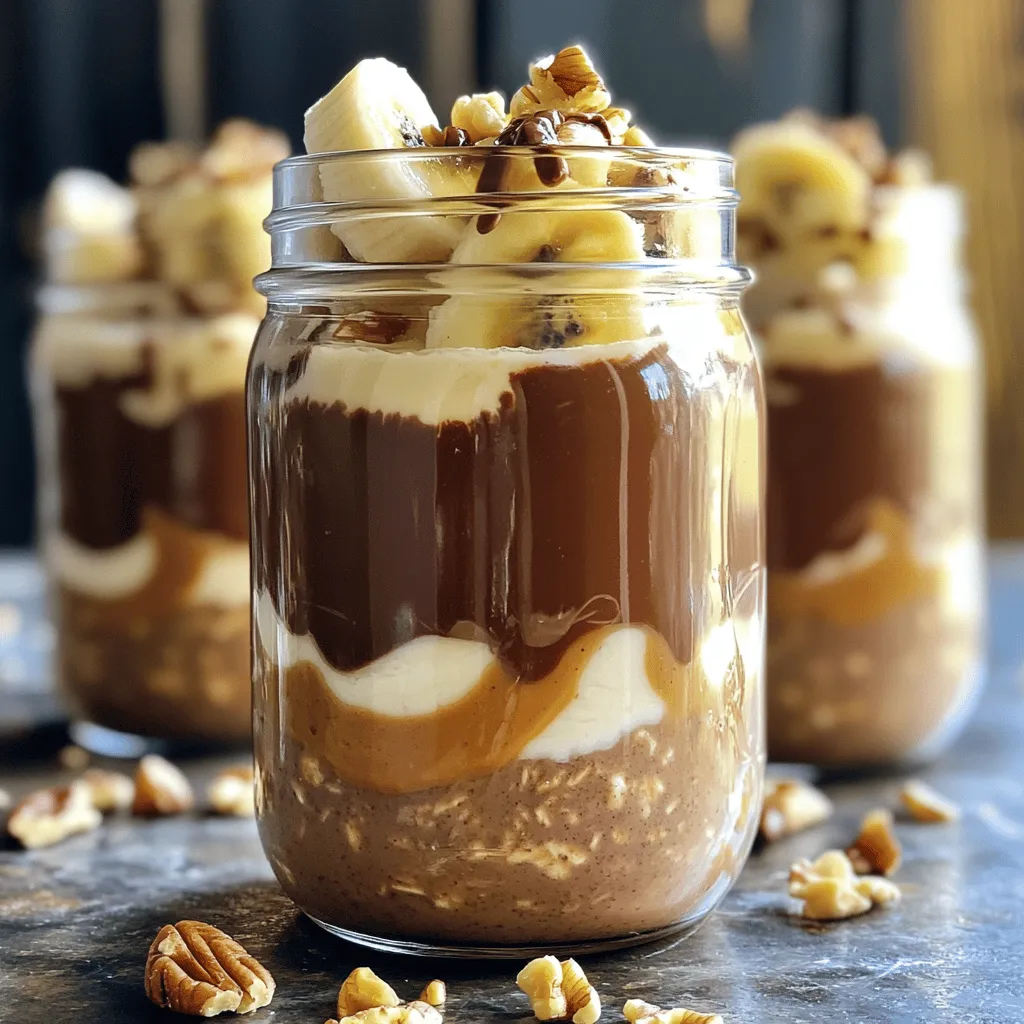 For my high-protein chocolate peanut butter overnight oats, you will need: - 1 cup rolled oats - 2 tablespoons unsweetened cocoa powder - 2 cups unsweetened almond milk (or any milk of choice) - 1 scoop chocolate protein powder - 2 tablespoons peanut butter (natural or creamy) - 1 tablespoon honey or maple syrup (optional for sweetness) - 1/2 teaspoon vanilla extract - Pinch of salt These ingredients work together to create a creamy, rich mix that fills you up. You can make your oats even better with these tasty toppings: - Banana slices - Chopped nuts - Extra peanut butter These add flavor and texture, making your meal more fun and satisfying. Each serving of these delicious oats has about: - Calories: 400 - Protein: 20g - Carbohydrates: 50g - Fat: 15g - Fiber: 8g This meal is packed with protein and nutrients, perfect for breakfast or a snack. Enjoy the tasty goodness and fuel your day! Making high-protein chocolate peanut butter overnight oats is quick and fun. You need just ten minutes of prep time. This recipe serves two, so you can share or enjoy both jars yourself. Let’s dive into the process step by step. Start with a mixing bowl. Add 1 cup of rolled oats. Next, add 2 tablespoons of unsweetened cocoa powder. Mix these dry ingredients well. This helps the cocoa blend evenly with the oats. You want every bite to have that rich chocolate flavor. In another bowl, take 2 cups of unsweetened almond milk. You can use any milk you like. Next, add 1 scoop of chocolate protein powder. Then, add 2 tablespoons of peanut butter. If you want some sweetness, add 1 tablespoon of honey or maple syrup. Don’t forget 1/2 teaspoon of vanilla extract and a pinch of salt. Whisk until smooth. This mixture is key to bringing the oats to life. Now, pour the wet mix over the dry oats. Stir gently to combine. Make sure everything is well mixed. Next, divide the mixture into two mason jars or airtight containers. Seal them tightly. Place the jars in the refrigerator. Let them chill overnight, or at least for 4 hours. When you are ready to eat, stir the oats well. If they seem thick, add a splash of milk. Top with banana slices, chopped nuts, or an extra scoop of peanut butter for a treat. Enjoy your delicious, high-protein breakfast! To get the perfect texture, start with the right amount of liquid. Use 2 cups of almond milk for 1 cup of oats. This ratio helps the oats soak up the milk well. If your oats are too thick after chilling, just add a splash of milk to loosen them up. Mixing the dry and wet ingredients well is key too. Make sure there are no dry clumps left. Stir gently but thoroughly. You can easily switch up the flavors. Try adding different fruits like strawberries or blueberries. A dash of cinnamon or nutmeg can add warmth. If you want extra sweetness, add more honey or maple syrup. You can also swap peanut butter for almond or cashew butter. This keeps the recipe fresh and exciting! Store your overnight oats in airtight containers. Mason jars work great for this. They keep the oats fresh for up to five days in the fridge. Just remember to stir before eating. If they seem dry, adding some milk will help. This way, you can enjoy a quick, tasty breakfast all week long! {{image_2}} You can easily change the milk in this recipe. Almond milk is great, but you can use any milk you like. Dairy milk, oat milk, or soy milk all work well. Each milk gives a unique taste and texture. For a creamier feel, try whole milk or coconut milk. Just remember, the flavor can change based on your choice. Want to make your overnight oats more fun? Add fruits or spices! Bananas go well with chocolate and peanut butter. You can slice them on top or mix them in. Berries can add a fresh touch. Try adding cinnamon or nutmeg for extra warmth. A spoonful of chia seeds or flaxseeds can boost nutrition too. Let your taste buds lead the way! If you want a different protein source, swap the chocolate protein powder. You can use vanilla protein powder for a lighter taste. If you prefer plant-based options, try pea protein or hemp protein. Just adjust the sweetness to match your taste. These swaps can help you find what you love in your oats! Store your chocolate peanut butter overnight oats in the fridge. Use airtight containers or mason jars. This keeps them fresh and tasty. Make sure to seal them tight. The oats taste best after they soak overnight. If you need to, you can store them for up to 5 days. You can freeze the oats if you want to keep them longer. Divide the mixture into portions before freezing. Use freezer-safe containers or bags. When ready to eat, thaw them in the fridge overnight. You can also warm them up in the microwave. Just add a splash of milk to help with the texture. The shelf life of your oats can vary. When stored in the fridge, they last about 5 days. If frozen, they can stay good for about 2 months. Always check for any off smells or changes in texture. If anything seems off, it’s best to toss them. Enjoy them fresh for the best taste! Yes, you can make these oats vegan. Just use plant-based milk, like almond or oat milk. Replace honey with maple syrup for sweetness. This keeps the recipe tasty and vegan-friendly. To make more servings, simply multiply the ingredients. If you want four servings, double the amounts. Use two cups of oats, four tablespoons of cocoa powder, and so on. This way, you keep the same yummy flavor. You can use quick oats, but the texture will change. Quick oats soak up liquid faster, making them softer. If you prefer a chewier bite, stick with rolled oats. Both options are healthy and delicious! This blog post covered all you need for perfect oats. We explored key ingredients, tips for great flavor, and how to store them. You learned about variations, nutrition details, and how to make them vegan. You can enjoy these oats in many ways while keeping them fresh. Remember to try different toppings and flavor twists. With these tips, your oats will always taste amazing. Your breakfast will never be boring again. Happy cooking!