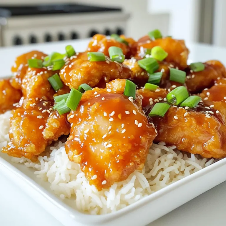 - 1 lb boneless, skinless chicken thighs, cut into bite-sized pieces - ½ cup cornstarch - ½ cup all-purpose flour - 2 large eggs, beaten - ¾ cup chicken broth - ¼ cup low sodium soy sauce - ¼ cup honey - 2 tablespoons rice vinegar - 1 tablespoon hoisin sauce - 3 cloves garlic, minced - 1-inch piece grated ginger - 1-2 tablespoons red chili flakes - Vegetable oil and sesame oil for frying This dish starts with juicy chicken thighs. I like thighs because they stay tender. First, we coat the chicken in a mix of cornstarch and flour. This makes the chicken crispy. Then, we dip it in beaten eggs for a good hold. Next, we make a tasty sauce. I love using chicken broth and low sodium soy sauce. Honey adds sweetness, while rice vinegar gives a nice tang. Hoisin sauce adds depth, making the dish special. Spices are key for flavor. I use garlic and ginger for a great aroma. Red chili flakes add the heat. You can adjust the heat level to your taste. For frying, I use vegetable oil. A touch of sesame oil gives it a rich flavor. This mix of ingredients makes a dish better than takeout. First, you need to prepare the chicken. Take your bite-sized chicken pieces and dip them into the beaten eggs. Make sure each piece is well-coated. Next, mix the cornstarch and flour in a bowl. Once the chicken is in the eggs, toss it into the cornstarch mixture. Coat the chicken well, ensuring every piece gets a good layer. This step helps make the chicken crispy when fried. Now it's time to fry the chicken. Heat vegetable oil in a large skillet or wok over medium-high heat. You want enough oil to cover the bottom of the pan. Once the oil is hot, carefully add the coated chicken in batches. Fry each batch for about 4-5 minutes or until golden brown. Turn the chicken to ensure it cooks evenly. After frying, place the chicken on a paper towel-lined plate to drain excess oil. This keeps it crispy and not greasy. In the same pan, lower the heat to medium. Add sesame oil and let it heat up for a moment. Next, add minced garlic, grated ginger, and red chili flakes. Sauté these for about 30 seconds until fragrant. This step adds a lot of flavor to your sauce. In a separate bowl, whisk together chicken broth, soy sauce, honey, rice vinegar, and hoisin sauce. Pour this mix into the pan with your sautéed garlic and ginger. Bring it to a simmer and let it thicken for about 3-4 minutes. Now, it's time to bring everything together. Add the fried chicken back into the pan with the sauce. Toss the chicken gently to coat each piece evenly. Cook for another 2-3 minutes until everything is heated through. This step ensures the chicken absorbs all that delicious sauce. Finally, remove it from heat and let it sit for a minute before serving. Enjoy your homemade General Tso Chicken! To get the best texture, start with a cornstarch coating. Cornstarch makes the chicken crispy when fried. It holds in moisture and gives a light crunch. Fry the chicken in batches. This step is key to keep the oil hot. If you crowd the pan, the chicken will steam instead of fry. Frying in small amounts takes a bit longer but makes a big difference. You can adjust the spice to fit your taste. Use 1 tablespoon of chili flakes for mild heat. For more kick, add 2 tablespoons. You can also try other spices like black pepper or garlic powder to change the flavor. If you want a different taste, consider adding Szechuan peppercorns. They add a unique flavor and some heat too! Serve your General Tso Chicken with jasmine rice. The fluffy rice pairs well with the sauce. You can also add stir-fried vegetables for color and nutrients. For garnish, sprinkle chopped green onions and sesame seeds on top. This adds a fresh touch and makes the dish look beautiful. A vibrant plate makes the meal more appetizing! {{image_2}} You can make this dish healthier by using an air fryer instead of frying. An air fryer gives you crispy chicken with less oil. Just coat the chicken like normal and air fry it until golden. Another option is to reduce the sweetness in the sauce. Cut back on honey or try using a sugar substitute. This change can help balance flavors without losing taste. Want to add more color and nutrients? Toss in some vegetables like broccoli or bell peppers. They cook quickly and add great crunch. You can mix and match based on what you like or have at home. Feel free to experiment with different sauces or marinades. Try teriyaki or sweet and sour sauce for a new twist. Each option can change the dish while keeping it delicious. If you are gluten-free, swap out regular flour and soy sauce for gluten-free versions. This way, you can still enjoy this dish without worry. You can also make this recipe paleo or keto-friendly. Use almond flour instead of regular flour and substitute honey with a low-carb sweetener. These changes keep the flavors while meeting dietary needs. To keep your General Tso Chicken fresh, store it right. Place leftovers in an airtight container. This helps keep the chicken crispy. If you don’t have one, use a plastic wrap over a plate. Make sure to cool the chicken first, then refrigerate it. Use it within three days for the best taste. When it’s time to eat, you want that crunchy texture back. To reheat, the stovetop works best. Heat a little oil in a pan. Add the chicken and stir until hot. This will help keep it crispy. If you use a microwave, place chicken on a plate. Cover it with a damp paper towel. Heat in short bursts, about 30 seconds each, until warm. If you have a lot of leftovers, freezing is a great option. Place the chicken in a freezer-safe bag. Remove as much air as you can before sealing. It can stay in the freezer for up to three months. When ready to eat, move it to the fridge to defrost overnight. Reheat as mentioned before to bring back the crunch. To make your General Tso Chicken spicier, simply add more red chili flakes. Start with one tablespoon and taste as you go. You can also use fresh chili peppers for extra heat. If you like it really hot, try adding sambal oelek or sriracha to the sauce. Adjust the spice to fit your taste buds. Yes, you can use chicken breast, but the flavor and texture will change. Chicken thighs are juicier, making the dish more tender. Breast meat can dry out if overcooked. If you choose breast, watch the cooking time closely. Cut it into even pieces to help it cook uniformly. General Tso Chicken pairs well with steamed jasmine rice or fried rice. Stir-fried vegetables, like broccoli or bell peppers, add color and crunch. You can also serve it with spring rolls or dumplings for a tasty meal. A simple green salad on the side can balance the flavors too. Yes, this recipe is great for meal prep. Cook the chicken and sauce ahead of time. Store them separately in airtight containers. Keep the chicken crispy by reheating it in the oven or air fryer. It will taste fresh when you’re ready to eat. This blog post covered how to make General Tso Chicken. We discussed the key ingredients, from chicken to the flavorful sauce. You learned about each step, from frying to combining the chicken and sauce. Remember, you can tweak the spice and even use healthier methods like the air fryer. Storing leftovers and reheating properly ensures you enjoy this dish another day. Enjoy making this popular meal your own!