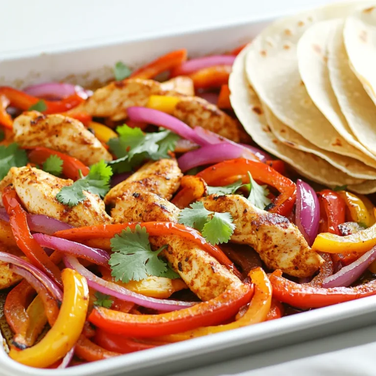 To make delicious sheet pan fajita chicken peppers, gather these main items: - 1 pound boneless, skinless chicken thighs, cut into strips - 2 bell peppers (one red, one yellow), sliced - 1 medium red onion, sliced - 3 cloves garlic, minced - 2 tablespoons olive oil These ingredients form the base of the dish, blending well to create a tasty meal. The right spices make this dish shine. Use these seasonings: - 1 tablespoon chili powder - 1 teaspoon cumin - 1 teaspoon smoked paprika - 1/2 teaspoon salt - 1/2 teaspoon black pepper These spices add warmth and depth, making each bite flavorful. For extra flavor and garnish, consider these toppings: - Fresh cilantro, for garnish - Avocado, sliced - Sour cream - Salsa These options allow you to customize each serving, adding freshness and creaminess. Start by preheating your oven to 400°F (200°C). This step is key. A hot oven helps the chicken and veggies cook evenly. While the oven heats up, mix your marinade. In a large bowl, combine the olive oil, minced garlic, chili powder, cumin, smoked paprika, salt, pepper, and lime juice. Whisk everything until well mixed. This marinade packs a punch of flavor, making your dish shine. Next, add the chicken strips to the marinade. Make sure each piece is coated fully. This step is crucial for flavor. Let the chicken marinate for at least 15 minutes. If you have time, marinate it for up to 2 hours in the fridge. The longer it sits, the more it absorbs the flavors, turning your dish into a flavor bomb. Now, grab a large sheet pan. Arrange your sliced bell peppers and red onion on it. Drizzle with a little olive oil and sprinkle salt and pepper. Toss the veggies to coat them evenly. This simple prep makes them tasty and helps them roast well. After that, add the marinated chicken strips on top. Spread them out evenly. This ensures even cooking for both the chicken and veggies. Place the sheet pan in your preheated oven. Roast everything for 20-25 minutes. Halfway through, stir the mixture to promote even roasting. You want the chicken fully cooked and the veggies tender. Keep an eye on it; this dish cooks fast. When done, the chicken should reach an internal temp of 165°F (75°C). Once out of the oven, garnish with fresh cilantro. Your fajita chicken and peppers are now ready to serve! To get the best flavor from your chicken and veggies, marinate them well. I like to mix olive oil, minced garlic, chili powder, cumin, smoked paprika, salt, pepper, and lime juice in a bowl. This mix packs a punch! After mixing, add your chicken strips. Make sure they are well coated in the marinade. Let them sit for at least 15 minutes. For even more flavor, you can marinate them for up to 2 hours in the fridge. This helps the spices soak in, making each bite burst with taste. To avoid dry chicken, keep an eye on your cooking time. Roast the chicken and veggies for 20 to 25 minutes. Stir halfway through to help everything cook evenly. The chicken should be fully cooked but still juicy. For the veggies, look for a tender but slightly crisp texture. If they start to brown too much, take them out a little earlier. This ensures your fajitas are not only tasty but also have that perfect bite. When it comes to serving, warm tortillas are a must. I like to scoop the fajita mix right into the center of each tortilla. Don't forget to add your favorite toppings! Avocado, sour cream, and salsa all make great additions. You can even sprinkle some fresh cilantro on top for a burst of color and flavor. This way, every bite is a delightful combo of flavors. Enjoy your meal with friends or family, and watch everyone smile! {{image_2}} You can swap chicken for beef or shrimp. Use flank steak or shrimp for a quick cook. Marinate them just like chicken. Beef takes about 25 minutes to roast. Shrimp only needs 10 to 15 minutes. This gives you tasty choices for your fajitas. Mix up the veggies for fun. Try adding zucchini or corn. You can also use mushrooms for a meaty texture. Carrots add a sweet crunch. Feel free to experiment with any colorful veggies you like. Each one brings a unique flavor. Want it milder? Skip the chili powder or use less. You can add a pinch of sugar to balance heat. For more heat, add jalapeños or cayenne pepper. Adjust until it fits your taste. Everyone can enjoy their own level of spice! To store your fajita chicken peppers, let them cool first. Place the mixture in an airtight container. You can refrigerate it for up to four days. If you want to keep it longer, freeze the mixture. Use freezer-safe bags or containers. Make sure to remove as much air as possible. This helps prevent freezer burn. When you are ready to eat, reheating is simple. The best method is to use the oven. Preheat the oven to 350°F (175°C). Spread the fajita mix on a baking sheet. Heat for about 10-15 minutes until warm. You can also microwave it. Place it in a bowl and cover it. Heat for one to two minutes, stirring halfway through. This keeps the texture nice and juicy. In the fridge, your fajita chicken peppers last about four days. If frozen, they can last up to three months. To enjoy the best flavor, eat them sooner rather than later. Always check for any off smells or unusual textures before eating. If it looks or smells bad, throw it away. Yes, you can prepare this dish ahead of time. Marinating the chicken adds great flavor. I recommend marinating for at least 15 minutes. If you have time, marinate it for up to 2 hours in the fridge. This allows the spices to soak in well. You can also chop the vegetables earlier in the day. Just store them in the fridge until you are ready to cook. You have many options for side dishes. Here are some ideas: - Rice: White or brown rice pairs well. - Beans: Black beans or pinto beans add protein. - Salad: A fresh green salad offers a nice crunch. - Guacamole: Creamy guacamole complements the flavors. - Chips: Tortilla chips are great for dipping. Making this recipe healthier is easy. Here are some tips: - Use skinless chicken breast instead of thighs to cut fat. - Reduce the amount of olive oil in the marinade. - Add more veggies, like zucchini or mushrooms, for extra nutrients. - Serve it in lettuce wraps instead of tortillas for fewer carbs. - Skip creamy toppings and use salsa for flavor without extra calories. This blog post covered how to make delicious sheet pan fajita chicken and peppers. You learned about essential ingredients, tips for flavor, and variations to suit your taste. Storing leftovers and reheating properly ensures you enjoy your meal longer. Fajitas are fun and easy to make. Whether you stick to chicken or try other options, this recipe is sure to please. Enjoy experimenting and sharing your creations with friends and family!