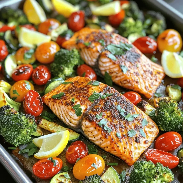 - 4 salmon fillets (6 oz each) - 2 cups broccoli florets - 1 bell pepper (red or yellow), sliced - 1 zucchini, sliced - 1 cup cherry tomatoes, halved - 4 tablespoons olive oil - 2 tablespoons Cajun seasoning - 1 teaspoon garlic powder - Salt and pepper to taste The main ingredients for this dish bring flavor and health together. Salmon is rich in omega-3 fatty acids. It makes a great choice for dinner. The assorted vegetables add color and crunch. Broccoli, bell peppers, zucchini, and tomatoes work well together. Olive oil helps with cooking and adds healthy fats. Seasonings give the salmon its amazing blackened flavor. Cajun seasoning adds a spicy kick, while garlic powder enhances the taste. A sprinkle of salt and pepper rounds it all off. - Fresh lemon wedges - Chopped parsley Garnishes can elevate your dish. Fresh lemon wedges add brightness and zest. They enhance the flavor of the salmon. A sprinkle of chopped parsley adds a pop of green and freshness. It also makes the dish look pretty. These simple additions can take your meal to the next level. Don’t skip them! 1. Preheating the oven: Start by setting your oven to 425°F (220°C). This high heat helps to create a nice char on the salmon and veggies. 2. Preparing the baking sheet: Line a large baking sheet with parchment paper. This makes cleanup easy and prevents sticking. 1. Tossing and seasoning vegetables: In a big bowl, combine 2 cups of broccoli florets, 1 sliced bell pepper, 1 sliced zucchini, and 1 cup of halved cherry tomatoes. Drizzle with 2 tablespoons of olive oil. Add salt and pepper. Toss well to coat. 2. Arranging vegetables on the baking sheet: Spread the seasoned veggies in a single layer on one side of the baking sheet. This helps them cook evenly and get a nice roast. 1. Seasoning the salmon: Take 4 salmon fillets and pat them dry with paper towels. In a small bowl, mix 2 tablespoons of Cajun seasoning with 1 teaspoon of garlic powder. Rub this mix all over the salmon fillets for bold flavor. 2. Placing the salmon on the baking sheet: Put the salmon fillets on the empty part of the baking sheet, skin side down. Drizzle the remaining 2 tablespoons of olive oil over them. Add a bit more salt and pepper. 1. Cooking duration: Place the baking sheet in your preheated oven. Bake for about 15-20 minutes. The salmon should be flaky and the veggies tender. 2. Checking for doneness: To check if the salmon is done, use a fork to see if it flakes easily. The veggies should also have a slight char. If everything looks good, it’s time to enjoy! To get the perfect blackened crust on your salmon, start with dry fillets. Pat them with paper towels. This helps the seasoning stick. Use Cajun seasoning for a bold flavor. Rub it in well and let it sit for a few minutes. For even cooking, cut your veggies into similar sizes. This ensures they cook at the same rate. Spread them out on the sheet pan. Avoid crowding them. If they touch, they will steam instead of roast. Pair this dish with a fresh green salad. The crunch of greens complements the rich salmon. You can also serve it with quinoa or brown rice for added fiber. For a great dining experience, plate the salmon and veggies together. Sprinkle fresh parsley on top for color. Add lemon wedges on the side for a pop of brightness. This not only looks good but also adds flavor when squeezed over the dish. {{image_2}} You can easily change the veggies in your Blackened Salmon Veggie Sheet Pan. Try these options: - Asparagus - Cauliflower - Carrots - Green beans These choices add different flavors and textures. You can also switch up the spices. If you want a milder taste, use: - Paprika - Italian seasoning For a spicy kick, try adding: - Chipotle powder - Cayenne pepper Mixing spices keeps the dish fresh and fun. If you want low-carb options, swap salmon for chicken thighs or shrimp. Both options cook well and taste great. For gluten-free meals, check your Cajun seasoning label. Most brands are gluten-free, but some may contain gluten. If you are unsure, make your own blend with these spices: - Paprika - Oregano - Thyme - Cayenne pepper This way, you can enjoy your meal without worry. These swaps let you enjoy a healthy dinner that fits your diet. After you enjoy your blackened salmon veggie sheet pan, store any leftovers in the fridge. Use an airtight container to keep them fresh. - Let the salmon and veggies cool down before sealing them. - Place them in the fridge within two hours of cooking. Leftovers last about three to four days. If you want them to last longer, think about freezing them. When you’re ready to eat your leftovers, reheating them correctly is key. Here are some best methods: - Oven: Preheat to 350°F (175°C). Place salmon and veggies on a baking sheet. Heat for about 10-15 minutes until warm. This keeps them from getting soggy. - Microwave: Place the salmon and veggies on a microwave-safe plate. Cover them to avoid drying out. Heat in 30-second bursts until warmed through. You can also enjoy your meal cold if you prefer it that way! What is blackening seasoning? Blackening seasoning is a mix of spices. It often includes paprika, cayenne, and garlic powder. This blend gives fish a bold flavor and a dark crust when cooked. You can buy it pre-made or mix your own at home. The spices create that signature taste that makes blackened salmon so popular. How do I know when the salmon is fully cooked? You can tell salmon is cooked when it flakes easily with a fork. The inside should be a light pink color, not transparent. A meat thermometer can help too; it should read 145°F (63°C). When checking, insert it into the thickest part of the fillet for an accurate reading. Can I use frozen salmon? Yes, you can use frozen salmon! Just thaw it in the fridge overnight before cooking. If you are short on time, you can run it under cold water for a few minutes. Make sure to pat it dry before seasoning. This helps the spices stick better and gives a nice crust. Can I make this dish ahead of time? Absolutely! You can prep the veggies and season the salmon a day before. Store them in the fridge until you are ready to cook. This saves time and makes dinner even faster. Just remember to keep everything covered to maintain freshness. In this blog post, we explored how to make a tasty salmon and vegetable dish. We discussed key ingredients, preparation steps, and tips to achieve a perfect meal. You can swap ingredients for your preferences. Whether you need storage tips or answers to your cooking questions, this guide has you covered. Enjoy easy cooking, and impress your family and friends with this healthy dish!
