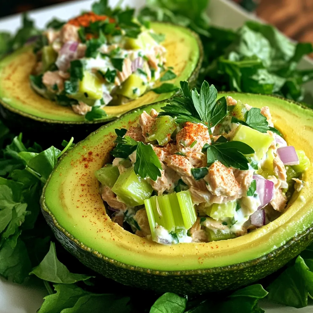 - 2 ripe avocados - 1 can (drained) of tuna (about 5 oz) - 2 tablespoons Greek yogurt - 1 tablespoon Dijon mustard - 1 tablespoon lemon juice - 1 small celery stalk, finely chopped - 1/4 red onion, finely diced - 2 tablespoons fresh parsley, chopped - Salt and pepper to taste - Optional: 1/2 teaspoon garlic powder - Garnish with additional parsley or paprika - Drizzle with extra lemon juice for freshness I love to make this dish because it is fresh and healthy. Each ingredient plays a key role in the flavor. The creamy avocado pairs perfectly with the protein-rich tuna. Greek yogurt adds moisture and tang. Dijon mustard brings a nice zest. Lemon juice adds brightness, making each bite pop. Fresh vegetables add crunch and color. Celery gives a nice texture, while red onion adds a sweet bite. Parsley brightens the dish with its fresh flavor. You can use garlic powder for an extra kick, but it’s optional. When serving, I like to garnish with extra parsley. A sprinkle of paprika gives it a nice touch. Drizzling more lemon juice makes it even fresher. This dish not only looks great but tastes amazing too! This post covered how to make Tuna Salad Stuffed Avocados. We discussed key ingredients like avocados and canned tuna, plus seasoning options. I shared steps for prepping avocados, mixing the salad, and serving ideas. Tips on storage and meal prep ensure your dish stays fresh. You can even swap ingredients for unique flavors. Remember to experiment while keeping your health in mind. Enjoy making this tasty, nutritious meal!