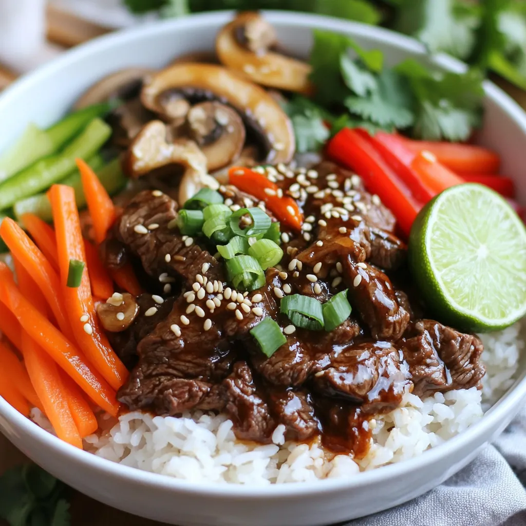 - 1 pound beef sirloin, thinly sliced - 1/4 cup soy sauce - 2 tablespoons brown sugar - 1 tablespoon sesame oil - 1 tablespoon vegetable oil - 4 cloves garlic, minced - 1-inch piece of ginger, grated - 1 tablespoon gochujang (Korean chili paste) - 1 teaspoon black pepper These ingredients form the heart of your bulgogi beef. The beef sirloin gives a tender bite. The soy sauce adds saltiness. Brown sugar brings sweetness, while sesame oil gives a nutty flavor. Garlic and ginger add warmth and depth. Gochujang provides heat and a hint of sweetness. - 1 cup mushrooms, sliced (shiitake or button) - 1 carrot, julienned - 1 red bell pepper, sliced - 2 green onions, chopped - Sesame seeds for garnish - Fresh cilantro for garnish Mushrooms add umami, and carrots bring color and crunch. The red bell pepper adds sweetness. Green onions brighten the dish. For garnishes, sesame seeds and cilantro add freshness and texture. - 2 cups cooked rice (white or brown) - Optional toppings and sides (lime slices) Serve your bulgogi over rice. White rice is soft and sticky, while brown rice is nutty and hearty. Lime slices add a zesty touch, enhancing the flavors. Each bite will be packed with taste. To make the marinade, mix soy sauce, brown sugar, sesame oil, minced garlic, grated ginger, gochujang, and black pepper in a bowl. This mix gives the beef a deep, rich flavor. For the best taste, let the beef marinate for at least 30 minutes. If you have time, marinate it for up to 2 hours in the fridge. This extra time boosts the flavor. Heat vegetable oil in a large skillet over medium-high heat. When the oil is hot, add the marinated beef in batches. Avoid putting too much beef in the pan at once. Crowding the pan makes the beef steam instead of brown. Cook the beef for 3-4 minutes. You'll know it's done when it's nicely browned and no longer pink. In the same skillet, add sliced mushrooms, julienned carrot, and sliced red bell pepper. Stir-frying these veggies for about 5 minutes helps them stay tender-crisp. Add them to the pan in this order: first mushrooms, then carrots, and finally bell peppers. This timing ensures each veggie cooks just right. Now it's time to build your bowls! Start by dividing cooked rice into four bowls. Top each bowl with the bulgogi beef and vegetable mix. Serve about 1 to 1.5 cups of rice per bowl, depending on your appetite. This ensures everyone gets a hearty meal. For a pop of color, sprinkle chopped green onions and sesame seeds on top. Fresh cilantro adds a nice touch too. If you want to switch it up, try adding sliced lime or radishes. These garnishes make your bowls look great and taste even better. - Using a cast-iron skillet vs. non-stick skillet: A cast-iron skillet gives a nice sear. It holds heat well and helps brown the beef evenly. If you have a non-stick skillet, that works too. Just make sure to use medium heat to prevent sticking. - Adjusting heat for perfect results: Start with medium-high heat when cooking the beef. If it browns too quickly, lower the heat a bit. You want it cooked but not burnt. Keep an eye on it so it stays juicy. - Ideas for additional flavors or spices: You can add a pinch of sugar or a splash of rice vinegar for a bright touch. Try some sesame seeds or chili flakes for extra flavor. Even a dash of lime juice can lift the dish. - Suggestions for customizing your marinade: Feel free to swap out the soy sauce with tamari for gluten-free options. You can also add a splash of orange juice for a fruity twist. If you like it spicy, up the gochujang or add some red pepper flakes. - Accompaniments that pair well with Bulgogi bowls: Serve your Bulgogi bowls with kimchi for a tangy crunch. You can also add pickled vegetables for extra flavor. A side of steamed broccoli or a simple salad works great too. - Drink pairings for a complete meal experience: Try pairing your meal with Korean rice wine, called makgeolli. If you prefer non-alcoholic drinks, a cold barley tea or sparkling water with lemon is refreshing. These drinks complement the dish perfectly. {{image_2}} If you want to switch up the beef, chicken works great too. Use boneless, skinless chicken thighs or breasts. Slice them thinly, just like the beef, for even cooking. You can also try pork or shrimp if you like. When cooking chicken, keep an eye on the time. Chicken cooks faster than beef and should only take about 3-5 minutes. For shrimp, just cook until pink, about 2-3 minutes. You can make a tasty vegetarian Bulgogi bowl using tofu. Press the tofu to remove excess water, then cut it into thin slices. Marinate it just like the beef. For a vegan option, skip the beef and use mushrooms and other veggies. Try marinating eggplant or tempeh in the same sauce. Use soy sauce or tamari for a plant-based marinade. To adjust the spice level, add more or less gochujang. If you like it spicy, add an extra tablespoon. For a milder version, cut the gochujang by half. For spice-averse diners, try using sweet chili sauce instead of gochujang. It adds flavor without the heat. You can also serve sliced cucumbers on the side to cool the dish down. To store leftovers, place them in an airtight container. Make sure the beef and veggies cool down before sealing. You can keep them in the fridge for up to three days. If you want the best taste, eat them sooner! If you want to freeze your Bulgogi beef bowls, start by letting them cool completely. Then, pack them in freezer-safe containers. You can freeze them for up to three months. When you’re ready to eat, thaw them in the fridge overnight. Reheat in the microwave or a skillet until hot. For meal prep, chop and store your veggies in separate containers. This keeps them fresh and ready to use. You can marinate the beef a day ahead. Use clear containers so you can see what’s inside. This makes meal time quick and easy! Bulgogi is a popular Korean dish. It means "fire meat" in Korean. The dish has roots that go back hundreds of years. Traditionally, people marinate thin slices of beef in a mix of soy sauce, sugar, and spices. They then grill it or stir-fry it. Bulgogi is often served with rice and vegetables. You can also wrap it in lettuce leaves for a fun twist! Yes, you can make Bulgogi ahead of time! Here are some tips for meal prepping: - Marinate the beef the night before for better flavor. - Cook the beef and veggies in batches. - Store them separately in airtight containers. For storage, keep your cooked Bulgogi in the fridge for up to 3 days. If you want to save it longer, you can freeze it for up to 2 months. You can easily change the marinade to fit your needs. For gluten-free diets, use tamari instead of soy sauce. If you want a low-sugar option, try using less brown sugar or a sugar substitute. For allergies, avoid any ingredients that may cause problems and customize the marinade to fit your taste. Bulgogi pairs well with many side dishes. Here are some popular Korean sides: - Kimchi: A spicy fermented vegetable dish. - Pickled vegetables: These add a nice crunch. - Steamed broccoli or spinach: Great for balance. You can also serve it with rice or noodles to soak up the flavors. Enjoy your meal with a light drink, like green tea or a refreshing soda! You now have a solid guide to make delicious Bulgogi bowls. From the key ingredients to cooking tips, you can create flavorful meals. Remember to try different proteins and veggies to make this dish your own. Don't hesitate to customize the heat level or use plant-based options. Store leftovers properly for later enjoyment. With these tips, you can serve a satisfying meal that pleases everyone at the table. Enjoy your cooking journey and impress your friends with your new skills!