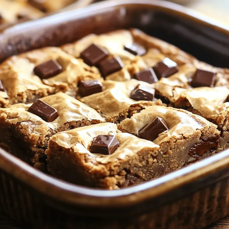 To make these brown butter chocolate chunk blondies, gather these ingredients: - 1 cup unsalted butter - 1 1/2 cups packed brown sugar - 2 large eggs - 2 teaspoons vanilla extract - 2 cups all-purpose flour - 1/2 teaspoon baking powder - 1/2 teaspoon salt - 1 cup chocolate chunks (dark or semi-sweet) - 1/2 cup chopped walnuts or pecans (optional) You can swap some ingredients if needed: - Use salted butter instead of unsalted. Just skip the added salt. - If you have no brown sugar, you can use white sugar. Add a bit of molasses for flavor. - For a dairy-free option, try vegan butter. - Instead of chocolate chunks, use chocolate chips. They may melt differently but will taste great. Using good ingredients makes a big difference. Fresh eggs help the blondies rise well. High-quality chocolate adds rich flavor. Choose organic flour when possible for better taste and texture. Good ingredients lead to better results. You’ll enjoy the warm, nutty taste of brown butter with every bite. Quality matters in every recipe. To start, melt the butter in a medium saucepan over medium heat. Stir it often. Keep cooking until it turns golden brown. This usually takes about 5 to 7 minutes. You’ll know it’s ready when it smells nutty and rich. Be careful not to burn it. Once browned, remove it from heat and let it cool slightly. In a large mixing bowl, take the warm brown butter and add the packed brown sugar. Whisk them together until they blend well. Next, add the eggs one at a time. Make sure to whisk well after each egg. Finally, pour in the vanilla extract. This adds a lovely flavor to your blondies. In another bowl, mix the dry ingredients. Combine the flour, baking powder, and salt. Whisk them together until they are well mixed. Now, slowly add the dry mix to the wet ingredients. Stir gently until just combined. Be careful not to overmix, as this can affect the texture. Next, fold in the chocolate chunks and nuts if you are using them. Make sure they are evenly spread throughout the batter. Now, you are ready to bake! To get that nice, chewy texture, do not overmix the batter. Mix just until you see no dry flour. This keeps the blondies soft and fudgy. Bake them until the edges are golden but the center is still moist. A toothpick should come out with a few crumbs, not clean. You can change up the flavor with a few simple tweaks. Add a pinch of sea salt on top before baking. This gives a nice contrast to the sweet flavor. You can also swap some chocolate chunks for butterscotch or peanut butter chips. Nuts like walnuts or pecans add a nice crunch, but they are optional. One big mistake is not browning the butter enough. It should smell nutty and look golden brown. If you skip this step, you lose that rich flavor. Another mistake is not letting the blondies cool fully before cutting. They need time to set up. Cutting too soon leads to a messy presentation. {{image_2}} You can make these blondies nut-free easily. Just skip the walnuts or pecans. The blondies will still taste great. The rich flavor comes from brown butter and chocolate. You won't miss the nuts at all. If you want crunch, add a bit more chocolate. I love using dark or semi-sweet chocolate chunks. You can also try milk chocolate for a sweeter bite. White chocolate adds a creamy touch, too. Mix and match chocolate types for fun flavors. Each choice will give your blondies a new twist. You can even use chocolate chips if you prefer. Get creative with flavors! Add a sprinkle of sea salt on top for a salty-sweet taste. You can mix in some cinnamon or espresso powder for warmth. Try adding caramel chips for extra sweetness. If you love fruit, fold in dried cranberries or cherries. Each twist makes these blondies your own! To keep your Brown Butter Chocolate Chunk Blondies fresh, store them in an airtight container. Make sure they are completely cool before sealing. This helps keep them soft and chewy. You can store them at room temperature for up to four days. If you want to keep them longer, consider freezing. Freezing blondies is simple. First, let them cool completely. Then, cut them into squares. Wrap each square in plastic wrap and place them in a freezer bag. This way, they stay fresh for up to three months. When you're ready to enjoy, just take out what you need. To reheat your blondies, you have a couple of choices. You can use the microwave for quick results. Heat them for about 10-15 seconds. If you prefer the oven, preheat it to 350°F (175°C). Place the blondies on a baking sheet and warm them for about 5-10 minutes. This brings back their gooey texture and rich flavor. Enjoy them warm! Yes, you can. Use regular melted butter instead. However, brown butter adds a rich, nutty flavor. This flavor makes blondies special. If you skip the brown butter, try to add a hint of vanilla. It might help enhance the taste. Check the edges of the blondies. They should look golden brown. You can also use a toothpick. Insert it into the center. If it comes out with a few moist crumbs, it’s done. If it’s wet with batter, give it more time. You can use granulated sugar, but the blondies will taste different. Brown sugar adds moisture and flavor. If you use granulated sugar, the blondies may be less chewy. For a closer taste, mix white sugar with a little molasses. This blog post covered all you need to make great blondies. We explored key ingredients and their substitutes, which help improve taste. I shared step-by-step instructions for perfect baking. Tips and tricks helped you avoid common mistakes. We also discussed fun variations and storage methods to keep them fresh. In conclusion, use quality ingredients and follow the steps carefully. Don't hesitate to try new flavors. Enjoy your blondies, and share with friends!
